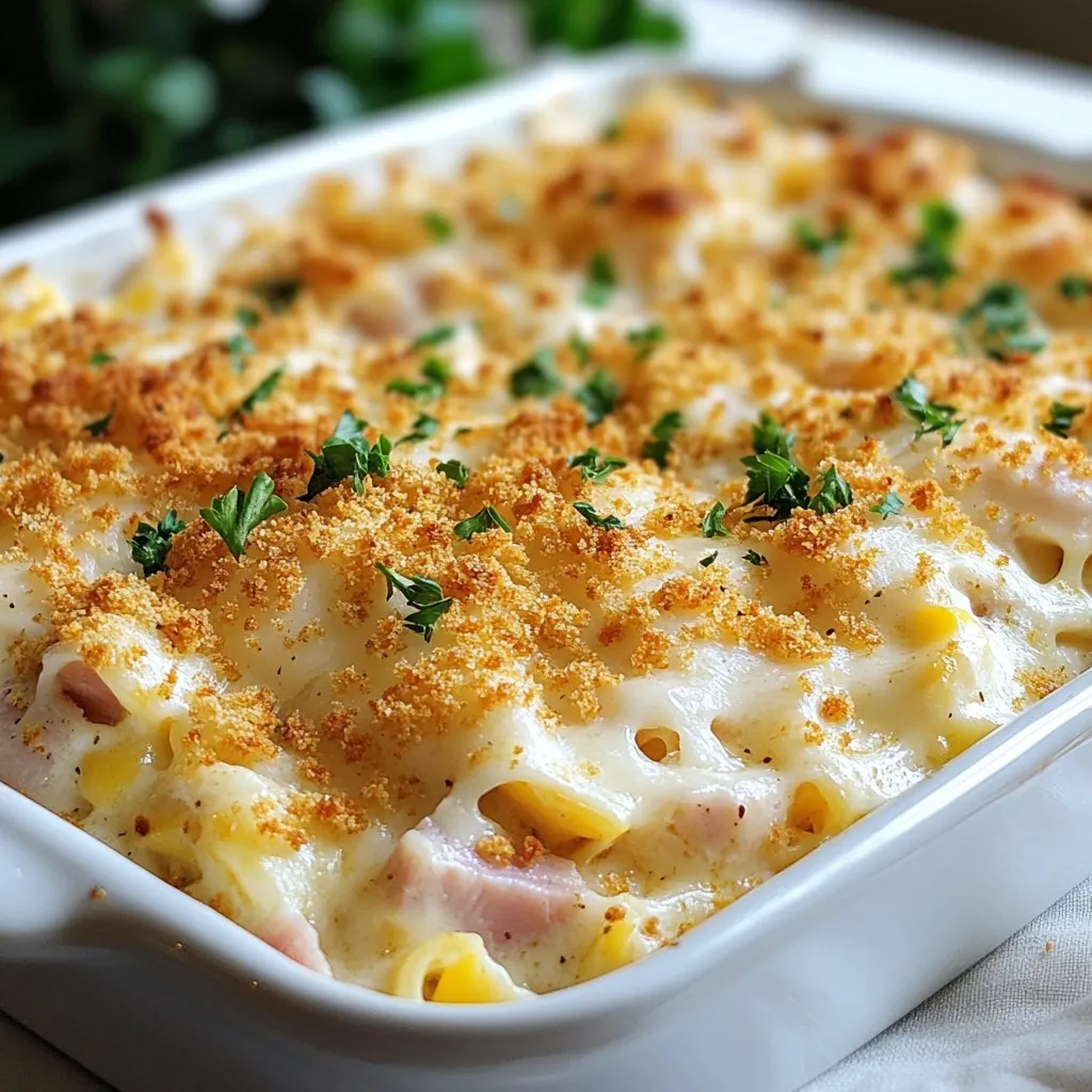 For a tasty Chicken Cordon Bleu Casserole, you need the following main ingredients: - 2 cups cooked chicken, shredded - 1 cup ham, diced - 1 cup Swiss cheese, shredded (plus 3/4 cup for topping) - 1 cup fresh breadcrumbs - 2 cups creamy Alfredo sauce - 1/2 cup milk These ingredients work together to create a delicious dish. The chicken and ham give it a meaty base. The Swiss cheese adds creaminess and flavor. Fresh breadcrumbs provide a nice crunch on top. To make the casserole flavorful, don’t forget these spices: - 1 teaspoon garlic powder - 1 teaspoon onion powder - 1/2 teaspoon freshly ground black pepper - 1/4 teaspoon salt These spices enhance the taste without being overpowering. Garlic and onion powder add depth. Black pepper gives it a little heat, while salt brings all the flavors together. For a nice touch, consider these optional garnishes: - 1 tablespoon fresh parsley, finely chopped Chopping fresh parsley adds color and a fresh flavor. You can sprinkle it on top just before serving. It makes the dish look more appealing. {{ingredient_image_2}} First, preheat your oven to 350°F (175°C). This step makes sure your casserole cooks evenly and comes out perfect. In a large bowl, combine 2 cups of shredded chicken and 1 cup of diced ham. Next, add 3/4 cup of shredded Swiss cheese, 1 teaspoon of garlic powder, 1 teaspoon of onion powder, 1/2 teaspoon of black pepper, and 1/4 teaspoon of salt. Mix everything well until it's all combined. This blend gives your casserole its tasty base. In another bowl, whisk together 2 cups of creamy Alfredo sauce and 1/2 cup of milk. This makes the sauce creamy and smooth. Pour this mixture over the chicken and ham. Stir gently to coat everything in the sauce. Next, transfer the mixture into a greased 9x13 inch baking dish. Spread it out evenly for even cooking. In a small bowl, mix the remaining fresh breadcrumbs with the extra 3/4 cup of Swiss cheese. Sprinkle this mixture on top of the casserole for a golden crust. Place the baking dish in the oven and bake for 25-30 minutes. You know it's done when the top is golden brown and bubbly. Let it cool for a few minutes before serving. Garnish with fresh parsley for a pop of color. To get a great crunch, use fresh breadcrumbs. They toast better and add texture. Mix breadcrumbs with Swiss cheese for a tasty topping. Spread it evenly over the casserole. Bake until golden brown. This gives you that nice crunch we all love. Store leftovers in an airtight container. Cool the casserole before sealing it. This keeps the texture and flavor fresh. Leftovers can last up to three days in the fridge. You can also freeze it for up to three months. Just make sure to wrap it well. To reheat, place the casserole in the oven at 350°F (175°C). Cover it with foil to keep moisture in. Heat for about 20-25 minutes. If you prefer the microwave, use a microwave-safe dish. Heat in 1-minute intervals until hot. Enjoy every bite! Pro Tips Use Rotisserie Chicken: For a quicker prep time, consider using store-bought rotisserie chicken instead of cooking your own. It adds flavor and saves time! Customize the Cheese: Feel free to mix different types of cheese like Gruyère or cheddar for added depth of flavor and a unique twist on the classic recipe. Make Ahead: This casserole can be assembled a day in advance. Just cover it with foil and refrigerate until you're ready to bake it the next day. Fresh Herbs for Flavor: Adding fresh herbs like thyme or basil can enhance the flavor profile of the casserole. Sprinkle them in the mixture or as a garnish before serving. {{image_4}} You can make Chicken Cordon Bleu Casserole lighter. Use grilled chicken instead of fried. Swap out the creamy Alfredo sauce for a low-fat version or make a homemade sauce using Greek yogurt. This keeps the taste creamy while cutting calories. You can also use whole wheat breadcrumbs for added fiber. Feel free to mix things up. Instead of Swiss cheese, try mozzarella or provolone for a different flavor. If you dislike ham, turkey or even cooked bacon can work well. For a vegetarian option, use mushrooms and spinach in place of meat. These swaps keep the dish exciting and fresh. Boost the taste with fresh herbs. Add thyme or sage to the mix for a fragrant touch. A sprinkle of smoked paprika can add a delightful smoky flavor. For a bit of heat, toss in crushed red pepper flakes. These small changes can elevate your casserole to new heights. To store your Chicken Cordon Bleu Casserole, first let it cool. Once cooled, cover it tightly with plastic wrap or aluminum foil. You can also use an airtight container. This keeps the flavors fresh and prevents drying out. You can freeze Chicken Cordon Bleu Casserole if you want to save some for later. First, let it cool completely. Then, cut it into portions. Wrap each portion in plastic wrap, then place them in a freezer-safe bag. This way, it stays fresh for up to three months. When you’re ready to eat it, just thaw it overnight in the fridge. When stored properly in the fridge, Chicken Cordon Bleu Casserole lasts about three to four days. If you notice any strange smells or colors, it’s best to throw it out. Always check for signs of spoilage before eating leftovers. Yes, you can make Chicken Cordon Bleu Casserole ahead of time. Prepare the dish up to the baking step. Cover it well with plastic wrap or foil. Store it in the fridge for up to 24 hours. When you are ready to bake, remove it from the fridge. Let it sit at room temperature for about 15 minutes. Then, bake as directed. This method saves you time on busy nights. If you don’t have Alfredo sauce, you can use other options. A good choice is a creamy cheese sauce. You can also try a homemade white sauce. Mix butter, flour, milk, and cheese for a quick fix. Another option is to use a store-bought cheese sauce. Look for versions that are smooth and creamy to keep the dish flavorful. No, this dish is not gluten-free as written. The recipe includes fresh breadcrumbs, which contain gluten. To make it gluten-free, use gluten-free breadcrumbs instead. You can also use crushed gluten-free crackers or oats. Ensure all sauces and ingredients are gluten-free. With these swaps, you can enjoy this dish without worry. We covered the key ingredients and steps to make a Chicken Cordon Bleu Casserole. You learned useful tips for the perfect crunch and how to store leftovers. We also explored variations to make the dish healthier and to enhance flavors. Remember, you can make this dish ahead and swap out ingredients based on your needs. I hope you feel ready to create this tasty meal! Enjoy your cooking!