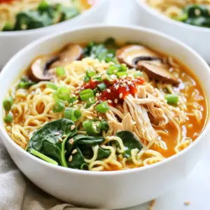 - 2 boneless, skinless chicken thighs - 4 cups chicken broth - 2 packs of ramen noodles (discard the seasoning packets) - 6 cloves of garlic, minced - 2 tablespoons ginger, grated - 2 tablespoons soy sauce - 1 tablespoon sriracha (adjust for desired spiciness) - 1 tablespoon sesame oil - 1 cup sliced mushrooms (shiitake or button) - 1 cup baby spinach - 2 green onions, sliced - 1 teaspoon sesame seeds (for garnish) Gather these ingredients first. The chicken thighs give you a rich flavor. Ramen noodles are quick and fun to cook. Chicken broth adds depth and warmth. Next, garlic and ginger create a fragrant base. Soy sauce and sriracha bring umami and heat. Sesame oil adds a nutty touch that rounds out the dish. For extra texture and taste, add mushrooms and spinach. They boost nutrition and color. Green onions and sesame seeds make a lovely garnish. They add a fresh crunch and a visual pop. When you have all these ingredients ready, you will create a delicious and satisfying meal. The balance of flavors will impress everyone at your table. Cooking this dish will be a joyful experience! {{ingredient_image_2}} 1. Saut&eacute; garlic and ginger: In a large pot, heat 1 tablespoon of sesame oil over medium heat. When the oil is hot, add 6 minced garlic cloves and 2 tablespoons of grated ginger. Saut&eacute; for 1-2 minutes until you smell the strong aroma. Be careful not to burn the garlic, as it can taste bitter. 2. Brown the chicken thighs: While the garlic and ginger cook, season 2 boneless, skinless chicken thighs with salt and pepper. Once the garlic is fragrant, add the chicken to the pot. Brown each side for about 4-5 minutes until they turn golden. 1. Simmering in broth: After browning, pour in 4 cups of chicken broth and 2 tablespoons of soy sauce. Stir to mix all the flavors well. Bring this to a gentle simmer. Cover the pot and let it cook for 15-20 minutes. The chicken should be fully cooked. 2. Shredding the chicken: After the chicken is done, use tongs to remove it from the pot. Let it cool for a minute, then shred it using two forks. Return the shredded chicken back to the broth. 1. Adding mushrooms and spinach: Stir in 1 cup of sliced mushrooms and 1 tablespoon of sriracha to the pot. Mix it well and let it simmer for another 5 minutes. This step helps the flavors blend nicely. 2. Cooking ramen noodles: While the broth simmers, cook 2 packs of ramen noodles in a separate pot as per the package instructions. Once they are ready, drain them and set aside. 3. Combine everything: Add 1 cup of baby spinach to the broth and cook for 1-2 minutes, or until the spinach is wilted. 4. Serve: In each bowl, place a generous amount of the cooked ramen noodles. Pour the fiery garlic chicken broth over the noodles. Top with sliced green onions and sesame seeds for a lovely finish. You can adjust the spiciness of your ramen with sriracha. Start with one tablespoon. If you want more heat, add a bit more. Taste as you go. This method helps you find your perfect level of spice. To enhance the flavor, add fresh herbs like cilantro or basil. These herbs bring brightness to the dish. Just chop them finely and stir them in just before serving. It adds a nice touch. Shredding chicken can be tricky. To make it easy, let the chicken cool for a few minutes. Then use two forks to pull it apart. This method gives you nice, even shreds. For the noodles, follow the package instructions carefully. Cook them just until tender. Drain them well, then add them right before serving. This keeps them from getting mushy in the broth. When serving, use deep, wide bowls. This adds a nice visual appeal to your dish. Place the noodles first, then ladle the broth over them. For garnish, top with sliced green onions and a sprinkle of sesame seeds. You can also drizzle extra sriracha on top. This not only looks great but also adds flavor. Pro Tips Adjust the Spice Level: Feel free to modify the amount of sriracha based on your spice tolerance. Start with less and add more if you want extra heat! Use Fresh Ingredients: Fresh garlic and ginger will elevate the flavor of your broth significantly. Whenever possible, opt for fresh over pre-packaged. Broth Enhancement: For a deeper flavor, consider adding a dash of fish sauce or a splash of rice vinegar to the broth while it's simmering. Perfectly Cooked Noodles: To prevent the ramen noodles from becoming mushy, cook them separately and add them to the broth just before serving. {{image_4}} You can easily change the proteins in this dish. If you want a meat-free option, try tofu. It absorbs flavors well and adds a nice texture. For a richer taste, beef is a great choice. It pairs well with the broth. Feel free to switch up the vegetables too. You can add carrots, bell peppers, or even corn. Each option adds a different flavor and color to your ramen. You can use homemade broth for extra flavor. It&rsquo;s easy to make with chicken bones, water, and veggies. Just simmer it for a few hours. Store-bought broth is also fine for a quick meal. If you want a vegan or vegetarian version, switch to vegetable broth. You can also skip the chicken and use mushrooms for protein. This keeps the dish hearty and tasty. Ramen has many styles from around the world. You can take ideas from Japanese, Korean, or even Thai ramen. Each style has unique spices and flavors. Try adding local spices to make it your own. A dash of chili powder or cumin can give a nice kick. Don&rsquo;t be afraid to experiment with what you have at home. Store leftover Fiery Garlic Chicken Ramen in an airtight container. Make sure it cools down first. This helps keep the flavors fresh. I recommend using glass or BPA-free plastic containers. These materials help maintain the taste. To reheat your ramen, use a pot on the stove. Add a splash of broth or water to keep it moist. Heat on low to medium, stirring gently. This method warms it evenly. Avoid using a microwave, as it can make the noodles mushy. You can freeze ramen, but it's best to freeze the broth and chicken separately from the noodles. Cooked noodles can become soggy when thawed. To thaw, place the broth in the fridge overnight. Reheat it on the stove before adding fresh noodles. Enjoy a warm meal anytime! You can use several options if you want to swap chicken thighs. Here are some great alternatives: - Chicken breast: This is a leaner choice but can dry out. Cook it with care. - Tofu: This works well for a plant-based option. Press it to remove excess moisture. - Shrimp: This cooks fast and adds wonderful flavor. Add it near the end of cooking. - Beef strips: For a heartier taste, use thin beef strips. Adjust cooking time to avoid toughness. Yes, you can make this dish in advance. Here are some tips for meal prep and storage: - Cook the broth: Make the broth and chicken ahead. Store it in the fridge for up to three days. - Store noodles separately: Keep ramen noodles in a separate container. This helps them stay firm. - Reheat before serving: Warm the broth and add fresh noodles just before eating. This keeps everything tasty. Yes, this recipe can be spicy. You can adjust the heat level based on your taste: - Less spice: Cut back on sriracha or skip it entirely. The dish will still be good. - Extra heat: Add more sriracha or include red pepper flakes. Start slow to find the right heat for you. - Taste as you go: Always try the broth before serving. This way, you can tweak the spice level just right. This blog post showed you how to make a tasty Fiery Garlic Chicken Ramen. We covered key ingredients like chicken thighs, ramen noodles, and chicken broth. Plus, I shared how to add flavors with garlic, ginger, and sriracha. You learned step-by-step instructions to prepare the broth and cook the chicken. I also provided tips on flavor, techniques, and even ways to customize your ramen. In summary, this recipe is flexible and delicious. Whether you want it spicy or mild, you can make it your own. Enjoy creating your own ramen masterpiece!