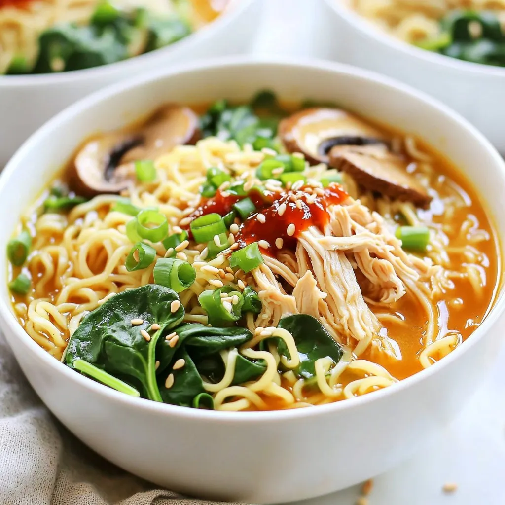 - 2 boneless, skinless chicken thighs - 4 cups chicken broth - 2 packs of ramen noodles (discard the seasoning packets) - 6 cloves of garlic, minced - 2 tablespoons ginger, grated - 2 tablespoons soy sauce - 1 tablespoon sriracha (adjust for desired spiciness) - 1 tablespoon sesame oil - 1 cup sliced mushrooms (shiitake or button) - 1 cup baby spinach - 2 green onions, sliced - 1 teaspoon sesame seeds (for garnish) Gather these ingredients first. The chicken thighs give you a rich flavor. Ramen noodles are quick and fun to cook. Chicken broth adds depth and warmth. Next, garlic and ginger create a fragrant base. Soy sauce and sriracha bring umami and heat. Sesame oil adds a nutty touch that rounds out the dish. For extra texture and taste, add mushrooms and spinach. They boost nutrition and color. Green onions and sesame seeds make a lovely garnish. They add a fresh crunch and a visual pop. When you have all these ingredients ready, you will create a delicious and satisfying meal. The balance of flavors will impress everyone at your table. Cooking this dish will be a joyful experience! {{ingredient_image_2}} 1. Sauté garlic and ginger: In a large pot, heat 1 tablespoon of sesame oil over medium heat. When the oil is hot, add 6 minced garlic cloves and 2 tablespoons of grated ginger. Sauté for 1-2 minutes until you smell the strong aroma. Be careful not to burn the garlic, as it can taste bitter. 2. Brown the chicken thighs: While the garlic and ginger cook, season 2 boneless, skinless chicken thighs with salt and pepper. Once the garlic is fragrant, add the chicken to the pot. Brown each side for about 4-5 minutes until they turn golden. 1. Simmering in broth: After browning, pour in 4 cups of chicken broth and 2 tablespoons of soy sauce. Stir to mix all the flavors well. Bring this to a gentle simmer. Cover the pot and let it cook for 15-20 minutes. The chicken should be fully cooked. 2. Shredding the chicken: After the chicken is done, use tongs to remove it from the pot. Let it cool for a minute, then shred it using two forks. Return the shredded chicken back to the broth. 1. Adding mushrooms and spinach: Stir in 1 cup of sliced mushrooms and 1 tablespoon of sriracha to the pot. Mix it well and let it simmer for another 5 minutes. This step helps the flavors blend nicely. 2. Cooking ramen noodles: While the broth simmers, cook 2 packs of ramen noodles in a separate pot as per the package instructions. Once they are ready, drain them and set aside. 3. Combine everything: Add 1 cup of baby spinach to the broth and cook for 1-2 minutes, or until the spinach is wilted. 4. Serve: In each bowl, place a generous amount of the cooked ramen noodles. Pour the fiery garlic chicken broth over the noodles. Top with sliced green onions and sesame seeds for a lovely finish. You can adjust the spiciness of your ramen with sriracha. Start with one tablespoon. If you want more heat, add a bit more. Taste as you go. This method helps you find your perfect level of spice. To enhance the flavor, add fresh herbs like cilantro or basil. These herbs bring brightness to the dish. Just chop them finely and stir them in just before serving. It adds a nice touch. Shredding chicken can be tricky. To make it easy, let the chicken cool for a few minutes. Then use two forks to pull it apart. This method gives you nice, even shreds. For the noodles, follow the package instructions carefully. Cook them just until tender. Drain them well, then add them right before serving. This keeps them from getting mushy in the broth. When serving, use deep, wide bowls. This adds a nice visual appeal to your dish. Place the noodles first, then ladle the broth over them. For garnish, top with sliced green onions and a sprinkle of sesame seeds. You can also drizzle extra sriracha on top. This not only looks great but also adds flavor. Pro Tips Adjust the Spice Level: Feel free to modify the amount of sriracha based on your spice tolerance. Start with less and add more if you want extra heat! Use Fresh Ingredients: Fresh garlic and ginger will elevate the flavor of your broth significantly. Whenever possible, opt for fresh over pre-packaged. Broth Enhancement: For a deeper flavor, consider adding a dash of fish sauce or a splash of rice vinegar to the broth while it's simmering. Perfectly Cooked Noodles: To prevent the ramen noodles from becoming mushy, cook them separately and add them to the broth just before serving. {{image_4}} You can easily change the proteins in this dish. If you want a meat-free option, try tofu. It absorbs flavors well and adds a nice texture. For a richer taste, beef is a great choice. It pairs well with the broth. Feel free to switch up the vegetables too. You can add carrots, bell peppers, or even corn. Each option adds a different flavor and color to your ramen. You can use homemade broth for extra flavor. It’s easy to make with chicken bones, water, and veggies. Just simmer it for a few hours. Store-bought broth is also fine for a quick meal. If you want a vegan or vegetarian version, switch to vegetable broth. You can also skip the chicken and use mushrooms for protein. This keeps the dish hearty and tasty. Ramen has many styles from around the world. You can take ideas from Japanese, Korean, or even Thai ramen. Each style has unique spices and flavors. Try adding local spices to make it your own. A dash of chili powder or cumin can give a nice kick. Don’t be afraid to experiment with what you have at home. Store leftover Fiery Garlic Chicken Ramen in an airtight container. Make sure it cools down first. This helps keep the flavors fresh. I recommend using glass or BPA-free plastic containers. These materials help maintain the taste. To reheat your ramen, use a pot on the stove. Add a splash of broth or water to keep it moist. Heat on low to medium, stirring gently. This method warms it evenly. Avoid using a microwave, as it can make the noodles mushy. You can freeze ramen, but it's best to freeze the broth and chicken separately from the noodles. Cooked noodles can become soggy when thawed. To thaw, place the broth in the fridge overnight. Reheat it on the stove before adding fresh noodles. Enjoy a warm meal anytime! You can use several options if you want to swap chicken thighs. Here are some great alternatives: - Chicken breast: This is a leaner choice but can dry out. Cook it with care. - Tofu: This works well for a plant-based option. Press it to remove excess moisture. - Shrimp: This cooks fast and adds wonderful flavor. Add it near the end of cooking. - Beef strips: For a heartier taste, use thin beef strips. Adjust cooking time to avoid toughness. Yes, you can make this dish in advance. Here are some tips for meal prep and storage: - Cook the broth: Make the broth and chicken ahead. Store it in the fridge for up to three days. - Store noodles separately: Keep ramen noodles in a separate container. This helps them stay firm. - Reheat before serving: Warm the broth and add fresh noodles just before eating. This keeps everything tasty. Yes, this recipe can be spicy. You can adjust the heat level based on your taste: - Less spice: Cut back on sriracha or skip it entirely. The dish will still be good. - Extra heat: Add more sriracha or include red pepper flakes. Start slow to find the right heat for you. - Taste as you go: Always try the broth before serving. This way, you can tweak the spice level just right. This blog post showed you how to make a tasty Fiery Garlic Chicken Ramen. We covered key ingredients like chicken thighs, ramen noodles, and chicken broth. Plus, I shared how to add flavors with garlic, ginger, and sriracha. You learned step-by-step instructions to prepare the broth and cook the chicken. I also provided tips on flavor, techniques, and even ways to customize your ramen. In summary, this recipe is flexible and delicious. Whether you want it spicy or mild, you can make it your own. Enjoy creating your own ramen masterpiece!