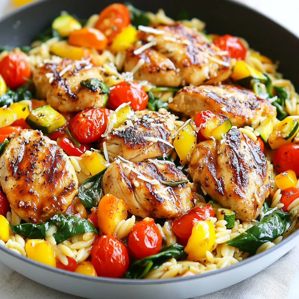 - 2 boneless, skinless chicken breasts, diced into bite-sized pieces - 1 cup orzo pasta - 2 tablespoons balsamic vinegar - 1 cup cherry tomatoes, halved - 1 bell pepper (choose red or yellow), diced - 1 medium zucchini, diced - 2 cups fresh spinach, roughly chopped For this dish, the chicken is the star. It cooks fast and stays juicy. Orzo pasta adds a nice, chewy texture. The balsamic vinegar gives a sweet and tangy kick that brightens the meal. Fresh vegetables like cherry tomatoes, bell peppers, and zucchini add color and crunch. Spinach adds a healthy touch and looks great on the plate. - 1 tablespoon extra virgin olive oil - 1 teaspoon garlic powder - 1 teaspoon dried Italian herbs (like basil and oregano) - Salt and freshly ground black pepper to taste - Grated Parmesan cheese for serving (optional) Olive oil is key for sautéing the chicken. Garlic powder brings a warm flavor that everyone loves. Dried Italian herbs add depth, making each bite flavorful. Don’t forget to season with salt and pepper to enhance all the tastes. If you want to elevate this dish, sprinkle some grated Parmesan cheese on top before serving. It adds creaminess and a savory touch that makes it extra special. {{ingredient_image_2}} First, I heat 1 tablespoon of extra virgin olive oil in a large skillet over medium heat. Once the oil is hot, I add 2 diced boneless, skinless chicken breasts. I season the chicken with a teaspoon of garlic powder, salt, freshly ground black pepper, and dried Italian herbs. I cook the chicken for about 6 to 8 minutes, stirring occasionally. The chicken should become golden brown and fully cooked. After cooking the chicken, I add 1 cup of halved cherry tomatoes, 1 diced bell pepper, and 1 diced medium zucchini to the skillet. I let these cook for about 4 to 5 minutes. This time allows the vegetables to soften and release their tasty juices. Next, I stir in 1 cup of orzo pasta and 2 tablespoons of balsamic vinegar. I make sure to mix everything well to combine the flavors. Then, I carefully pour in 4 cups of water. I increase the heat to bring it to a gentle boil. Once it boils, I reduce the heat to low and cover the skillet. I let it simmer for about 10 to 12 minutes, stirring occasionally, until the orzo is cooked al dente and mostly absorbs the liquid. Once the orzo is cooked, I toss in 2 cups of roughly chopped spinach. I stir until the spinach wilts down. I taste the dish and adjust the seasoning with more salt and black pepper if needed. To serve, I recommend topping it with freshly grated Parmesan cheese for extra flavor. To ensure your chicken cooks evenly, cut it into small, bite-sized pieces. This helps the chicken cook through without drying out. When you sauté it, make sure to move the pieces around in the pan. This keeps them from sticking and helps them brown nicely. For perfect orzo texture, keep an eye on the cooking time. Orzo cooks fast, so check it often. You want it to be tender but still firm to the bite, known as al dente. When you add the orzo to the skillet, stir it well with the other ingredients. This helps it absorb the flavors. You can change up the flavor by trying different seasonings. Instead of garlic powder, try fresh garlic or shallots for a more robust taste. You can also swap dried Italian herbs for fresh herbs like basil or parsley. Both options add a burst of flavor. For extra toppings, consider adding a sprinkle of red pepper flakes for heat. You can also top the dish with freshly chopped herbs, like basil or parsley, for a fresh finish. If you want more texture, add toasted pine nuts or sliced almonds before serving. Pro Tips Marinating Chicken: For enhanced flavor, marinate the diced chicken in balsamic vinegar and herbs for at least 30 minutes before cooking. Vegetable Variations: Feel free to add or substitute vegetables based on seasonality or preference, such as mushrooms or asparagus. Cooking Orzo: Monitor the orzo closely while it cooks; if it absorbs too much liquid, add a splash of water to keep it creamy. Serving Suggestions: Pair this dish with a light salad or crusty bread for a complete meal experience. {{image_4}} You can easily swap the chicken for different proteins. Chicken thighs add more flavor and stay juicy. Rotisserie chicken is an easy choice for a quick meal. If you want a vegetarian option, try using tofu. Cubed tofu soaks up flavors well. Chickpeas are another great choice. They add protein and a nice texture to the dish. Feel free to change up the veggies based on the season. In the summer, use fresh zucchini and bell peppers. In the fall, add butternut squash or Brussels sprouts for a heartier dish. Mixing and matching colors makes your meal pop. Bright vegetables like red, orange, and green look great together. Aim for a rainbow on your plate for both taste and nutrition. If you need gluten-free options, replace the orzo with gluten-free pasta. Look for orzo made from rice or corn. You can also make a low-carb version by using cauliflower rice. This change keeps the dish light but still satisfying. Enjoy the same flavors while staying true to your diet choice. To store leftovers, let the dish cool down first. Place it in an airtight container. This step helps keep out air and moisture, maintaining quality. You can store the Balsamic Chicken Orzo Skillet in the fridge for up to three days. When you're ready to enjoy it again, just reheat it on the stove or in the microwave until hot. If you want to freeze this dish, allow it to cool completely. Then, portion it into freezer-safe bags or containers. Remove as much air as possible before sealing. You can freeze it for up to three months. When you're ready to eat it, take it out of the freezer. Thaw it in the fridge overnight for even heating. To reheat, warm it on the stove or microwave. Add a splash of water if it seems dry during reheating. This helps bring back the creamy texture of the orzo. Can I make this recipe ahead of time? Yes, you can prepare this dish ahead of time. Cook the chicken and veggies, then cool them down. Store in the fridge for up to three days. When ready to eat, reheat it on the stove, adding a splash of water. What can I substitute for orzo pasta? You can use other small pasta types like couscous or ditalini. Quinoa is also a great gluten-free choice. Just adjust the cooking time based on the pasta you choose. How do I know when the chicken is fully cooked? Check the chicken for a golden brown color and no pink inside. The internal temperature should reach 165°F. Use a meat thermometer for best results. Can I use dried herbs instead of fresh? Yes, dried herbs work well. They have a stronger flavor, so use about one-third of the amount of fresh herbs. This keeps the taste bright and balanced. What sides pair well with Balsamic Chicken Orzo Skillet? A fresh garden salad or steamed green beans go great with this dish. You can also serve crusty bread to soak up the sauce. Can I serve this dish cold? Yes, you can serve it cold as a pasta salad. Just chill it in the fridge for a few hours, and enjoy! This blog post covered the essentials of making a flavorful Balsamic Chicken Orzo Skillet. We explored main ingredients, including chicken and fresh veggies. I shared step-by-step instructions, cooking tips, and variations to suit different diets. This dish is versatile and easy to store. In conclusion, experimenting with flavors and ingredients will keep this recipe exciting. Enjoy creating a meal that your family loves!