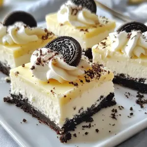 - 24 Oreo cookies, finely crushed - 4 tablespoons unsalted butter, melted - 16 oz cream cheese, softened to room temperature - 1 cup powdered sugar - 1 teaspoon pure vanilla extract - 2 cups whipped cream - Additional Oreo cookies for optional topping To start, gather all your ingredients. You will need 24 Oreo cookies. These will create a tasty crust. Make sure to crush them finely. Melt 4 tablespoons of unsalted butter in your microwave. This will help bind your crust together. Next, you need 16 oz of cream cheese. Let it sit out until soft. This makes it easier to mix. You also need 1 cup of powdered sugar and 1 teaspoon of pure vanilla extract. These add sweetness and flavor to the cheesecake. Finally, you will use 2 cups of whipped cream. This makes your filling light and fluffy. If you like, you can add more crushed Oreos on top for decoration. These ingredients are simple but create a delightful treat. Each bite will be rich and creamy. {{ingredient_image_2}} First, grab 24 finely crushed Oreo cookies. Mix them in a bowl with 4 tablespoons of melted butter. Stir until the crumbs are all coated. This mixture will form a moist crust. Next, line an 8x8 inch baking dish with parchment paper, letting some hang over the edges. This makes it easy to lift out later. Now, evenly press the Oreo mixture into the bottom of the dish. Make sure it is compact and flat. Set this aside to firm up. In a large mixing bowl, beat 16 ounces of softened cream cheese using an electric mixer. You want it to be smooth and free of lumps. Gradually mix in 1 cup of powdered sugar and 1 teaspoon of pure vanilla extract. Keep mixing until everything is well combined and smooth. This is the base of your cheesecake filling. Now, it&rsquo;s time to fold in the fun part! Take 2 cups of whipped cream and carefully fold it into the cream cheese mixture. Use a rubber spatula to combine until no streaks remain. This gives your filling a light and airy texture. Next, pour the filling over your crust in the baking dish. Use a spatula to gently smooth the top for an even layer. Cover the baking dish with plastic wrap. Place it in the fridge for at least 4 hours. This time allows the cheesecake to set properly. Once it&rsquo;s set, lift it out of the dish using the overhanging parchment paper. Place it on a cutting board and cut it into bars. If you like, you can top them with additional crushed Oreo cookies for an extra crunch. Enjoy your tasty treat! To get the best crust, you need it to be compact. A firm crust helps with serving later. Mix the crushed Oreo cookies with melted butter well. If you want a softer crust, add more butter. For a firmer crust, use less butter. Beat the cream cheese until it is smooth. This step is key for a lump-free filling. Use an electric mixer for the best results. Gradually mix in powdered sugar and vanilla. Then, fold in whipped cream gently. This makes the filling light and fluffy. For a great presentation, serve the cheesecake bars on an elegant platter. You can add a dollop of whipped cream on top of each bar. A sprinkle of crushed Oreos adds a nice touch. This not only looks good but tastes amazing too. Pro Tips Crust Consistency: Ensure the Oreo crust mixture is moist enough to hold together but not too wet. It should press down firmly without crumbling when you cut the bars. Whipped Cream Folding: When folding in the whipped cream, use a gentle hand to maintain the light and airy texture of the cheesecake filling. Avoid overmixing. Chilling Time: For the best results, chill the cheesecake bars overnight. This allows the flavors to meld and the texture to set perfectly. Cutting Tips: Use a sharp knife dipped in warm water to cut the cheesecake bars cleanly. Wipe the knife between cuts for neat slices. {{image_4}} You can change the flavor of your Oreo cheesecake bars easily. Adding chocolate chips gives a nice touch. Mini chocolate chips work well for a fun surprise in each bite. If you like mint, add a few drops of mint flavoring. This will make the bars refreshing and tasty. You can switch up the crust too. Instead of Oreo cookies, use other cookies like chocolate wafers or graham crackers. Each type brings its own flavor. Experiment with your favorites for a personal twist. For those who want vegan options, use vegan cream cheese and coconut whipped cream. They work well and keep the taste rich. You won&rsquo;t miss the dairy at all. If you need gluten-free options, choose gluten-free Oreo cookies for the crust. There are many brands that taste great. This way, everyone can enjoy the cheesecake bars without worry. You can make more or fewer bars as you wish. Just multiply the ingredients for a big crowd. If you want fewer bars, cut the recipe in half. You can also serve your cheesecake as a full cake. Just use a larger dish and adjust your chilling time. This makes for a great centerpiece at any party! To store leftover cheesecake bars, keep them in the fridge. Use an airtight container. Make sure to place a piece of parchment paper between layers if stacking. This helps keep the bars from sticking together. If you want to keep them longer, you can freeze them. Wrap each bar in plastic wrap, then place them in a freezer-safe bag. This will keep them fresh for later. To maintain texture and flavor, always let the bars cool completely before storing. This helps avoid extra moisture, which can make them soggy. When you are ready to eat them, just thaw in the fridge for a few hours. These cheesecake bars can stay fresh in the fridge for up to five days. After that, they may start to lose their taste and texture. If you notice any off smells or a change in color, it&rsquo;s best to throw them out. Always check for signs of spoilage, like a watery texture or mold. Enjoy your bars while they are still at their best! Yes, you can make these bars a day or two before serving. This is a great time saver! Just store them covered in the fridge. They taste even better after a day, as the flavors meld together. If you want a different option, you can use mascarpone cheese. It has a creamy texture and mild taste. Another option is a vegan cream cheese if you want a dairy-free treat. Just ensure it is softened for the best results. You should chill the bars for at least 4 hours. This helps them set properly. If you can, chilling overnight makes them even firmer and tastier. Patience pays off here! Yes, you can freeze these bars! Wrap them well in plastic wrap and then in foil. They can last up to three months in the freezer. When you're ready to eat, let them thaw in the fridge. To cut these bars neatly, use a sharp knife. Dip the knife in hot water, then wipe it dry before cutting. This helps the knife glide through the bars. For clean cuts, wipe the knife clean before each cut. In this blog post, we detailed how to make No Bake Oreo Cheesecake Bars. You learned about the easy-to-follow ingredients, step-by-step instructions, and useful tips for perfecting your dessert. Exploring variations lets you customize the cheesecake to suit your taste. Remember to store leftovers properly to keep them fresh. Whether it's for a party or a personal treat, these bars are sure to impress. Enjoy making this simple dessert, and share it with friends and family. You'll love how easy and delicious it is!