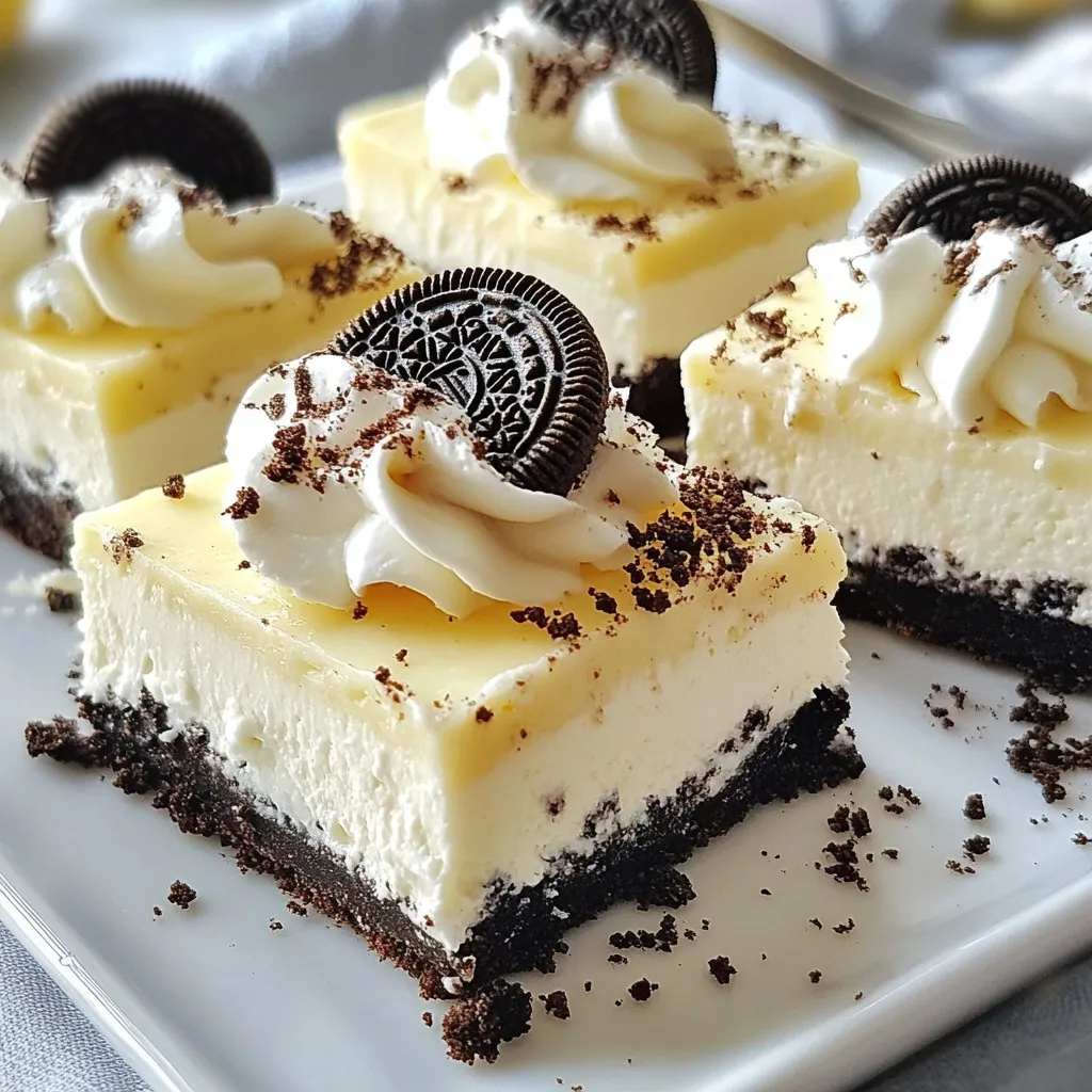 - 24 Oreo cookies, finely crushed - 4 tablespoons unsalted butter, melted - 16 oz cream cheese, softened to room temperature - 1 cup powdered sugar - 1 teaspoon pure vanilla extract - 2 cups whipped cream - Additional Oreo cookies for optional topping To start, gather all your ingredients. You will need 24 Oreo cookies. These will create a tasty crust. Make sure to crush them finely. Melt 4 tablespoons of unsalted butter in your microwave. This will help bind your crust together. Next, you need 16 oz of cream cheese. Let it sit out until soft. This makes it easier to mix. You also need 1 cup of powdered sugar and 1 teaspoon of pure vanilla extract. These add sweetness and flavor to the cheesecake. Finally, you will use 2 cups of whipped cream. This makes your filling light and fluffy. If you like, you can add more crushed Oreos on top for decoration. These ingredients are simple but create a delightful treat. Each bite will be rich and creamy. {{ingredient_image_2}} First, grab 24 finely crushed Oreo cookies. Mix them in a bowl with 4 tablespoons of melted butter. Stir until the crumbs are all coated. This mixture will form a moist crust. Next, line an 8x8 inch baking dish with parchment paper, letting some hang over the edges. This makes it easy to lift out later. Now, evenly press the Oreo mixture into the bottom of the dish. Make sure it is compact and flat. Set this aside to firm up. In a large mixing bowl, beat 16 ounces of softened cream cheese using an electric mixer. You want it to be smooth and free of lumps. Gradually mix in 1 cup of powdered sugar and 1 teaspoon of pure vanilla extract. Keep mixing until everything is well combined and smooth. This is the base of your cheesecake filling. Now, it’s time to fold in the fun part! Take 2 cups of whipped cream and carefully fold it into the cream cheese mixture. Use a rubber spatula to combine until no streaks remain. This gives your filling a light and airy texture. Next, pour the filling over your crust in the baking dish. Use a spatula to gently smooth the top for an even layer. Cover the baking dish with plastic wrap. Place it in the fridge for at least 4 hours. This time allows the cheesecake to set properly. Once it’s set, lift it out of the dish using the overhanging parchment paper. Place it on a cutting board and cut it into bars. If you like, you can top them with additional crushed Oreo cookies for an extra crunch. Enjoy your tasty treat! To get the best crust, you need it to be compact. A firm crust helps with serving later. Mix the crushed Oreo cookies with melted butter well. If you want a softer crust, add more butter. For a firmer crust, use less butter. Beat the cream cheese until it is smooth. This step is key for a lump-free filling. Use an electric mixer for the best results. Gradually mix in powdered sugar and vanilla. Then, fold in whipped cream gently. This makes the filling light and fluffy. For a great presentation, serve the cheesecake bars on an elegant platter. You can add a dollop of whipped cream on top of each bar. A sprinkle of crushed Oreos adds a nice touch. This not only looks good but tastes amazing too. Pro Tips Crust Consistency: Ensure the Oreo crust mixture is moist enough to hold together but not too wet. It should press down firmly without crumbling when you cut the bars. Whipped Cream Folding: When folding in the whipped cream, use a gentle hand to maintain the light and airy texture of the cheesecake filling. Avoid overmixing. Chilling Time: For the best results, chill the cheesecake bars overnight. This allows the flavors to meld and the texture to set perfectly. Cutting Tips: Use a sharp knife dipped in warm water to cut the cheesecake bars cleanly. Wipe the knife between cuts for neat slices. {{image_4}} You can change the flavor of your Oreo cheesecake bars easily. Adding chocolate chips gives a nice touch. Mini chocolate chips work well for a fun surprise in each bite. If you like mint, add a few drops of mint flavoring. This will make the bars refreshing and tasty. You can switch up the crust too. Instead of Oreo cookies, use other cookies like chocolate wafers or graham crackers. Each type brings its own flavor. Experiment with your favorites for a personal twist. For those who want vegan options, use vegan cream cheese and coconut whipped cream. They work well and keep the taste rich. You won’t miss the dairy at all. If you need gluten-free options, choose gluten-free Oreo cookies for the crust. There are many brands that taste great. This way, everyone can enjoy the cheesecake bars without worry. You can make more or fewer bars as you wish. Just multiply the ingredients for a big crowd. If you want fewer bars, cut the recipe in half. You can also serve your cheesecake as a full cake. Just use a larger dish and adjust your chilling time. This makes for a great centerpiece at any party! To store leftover cheesecake bars, keep them in the fridge. Use an airtight container. Make sure to place a piece of parchment paper between layers if stacking. This helps keep the bars from sticking together. If you want to keep them longer, you can freeze them. Wrap each bar in plastic wrap, then place them in a freezer-safe bag. This will keep them fresh for later. To maintain texture and flavor, always let the bars cool completely before storing. This helps avoid extra moisture, which can make them soggy. When you are ready to eat them, just thaw in the fridge for a few hours. These cheesecake bars can stay fresh in the fridge for up to five days. After that, they may start to lose their taste and texture. If you notice any off smells or a change in color, it’s best to throw them out. Always check for signs of spoilage, like a watery texture or mold. Enjoy your bars while they are still at their best! Yes, you can make these bars a day or two before serving. This is a great time saver! Just store them covered in the fridge. They taste even better after a day, as the flavors meld together. If you want a different option, you can use mascarpone cheese. It has a creamy texture and mild taste. Another option is a vegan cream cheese if you want a dairy-free treat. Just ensure it is softened for the best results. You should chill the bars for at least 4 hours. This helps them set properly. If you can, chilling overnight makes them even firmer and tastier. Patience pays off here! Yes, you can freeze these bars! Wrap them well in plastic wrap and then in foil. They can last up to three months in the freezer. When you're ready to eat, let them thaw in the fridge. To cut these bars neatly, use a sharp knife. Dip the knife in hot water, then wipe it dry before cutting. This helps the knife glide through the bars. For clean cuts, wipe the knife clean before each cut. In this blog post, we detailed how to make No Bake Oreo Cheesecake Bars. You learned about the easy-to-follow ingredients, step-by-step instructions, and useful tips for perfecting your dessert. Exploring variations lets you customize the cheesecake to suit your taste. Remember to store leftovers properly to keep them fresh. Whether it's for a party or a personal treat, these bars are sure to impress. Enjoy making this simple dessert, and share it with friends and family. You'll love how easy and delicious it is!