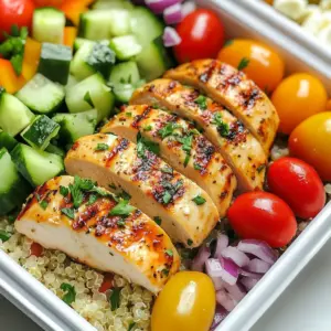 - 2 boneless, skinless chicken breasts - 1 cup quinoa, thoroughly rinsed - 1 cup cherry tomatoes, halved - 1 cucumber, diced into small pieces - 1 bell pepper, diced - 1/2 red onion, finely chopped - 1 cup kalamata olives, pitted and halved - 1 cup feta cheese, crumbled These ingredients create a colorful and tasty meal. Chicken provides protein, while quinoa adds fiber. The fresh veggies give crunch and nutrients. Kalamata olives and feta cheese add a salty, savory kick. Together, they form a delightful bowl that is both healthy and satisfying. - 2 tablespoons extra virgin olive oil - 1 tablespoon fresh lemon juice - 1 teaspoon dried oregano - 1 teaspoon garlic powder - Salt and freshly ground black pepper to taste The marinade is where the magic begins. Olive oil adds healthy fat and flavor. Lemon juice brightens the dish. Oregano and garlic powder bring warmth and depth. Salt and pepper balance all the flavors. This mix makes your chicken juicy and full of taste. Marinating really enhances the overall dish. {{ingredient_image_2}} To prepare the marinade, mix 2 tablespoons of extra virgin olive oil, 1 tablespoon of fresh lemon juice, 1 teaspoon of dried oregano, 1 teaspoon of garlic powder, salt, and black pepper in a small bowl. Stir until well combined. Place the chicken breasts in a resealable bag or a glass dish. Pour the marinade over the chicken, coating it well. Seal the bag or cover the dish, then refrigerate for at least 30 minutes. For a richer taste, marinate for up to 4 hours. Rinse 1 cup of quinoa under cold water in a fine mesh strainer. This removes the bitter coating called saponin. In a medium saucepan, combine the rinsed quinoa with 2 cups of vegetable broth or water. Bring the mixture to a gentle boil. Reduce the heat to low, cover, and simmer for about 15 minutes. The quinoa is done when it's tender and the liquid has absorbed. Let it rest for 5 minutes, still covered. Fluff the quinoa with a fork for the best texture. Preheat your grill or grill pan to medium-high heat, around 375&deg;F (190&deg;C). Remove the chicken from the marinade, discarding the marinade. Grill the chicken for 6-7 minutes on each side. The chicken should reach an internal temperature of 165&deg;F (75&deg;C). This ensures it is juicy and cooked through. After grilling, let the chicken rest for 5 minutes before slicing it into bite-sized pieces. This helps retain its juices. - Prepare Ingredients in Advance: Start by marinating the chicken at least 30 minutes before cooking. This allows the flavors to soak in. While the chicken is marinating, rinse and cook the quinoa. This multitasking saves time and keeps things simple. - Storage and Reheating Tips: Use airtight containers to store your meal-prep bowls. This keeps them fresh for up to five days. When reheating, add a splash of water to the bowl before microwaving. This keeps the quinoa moist and the chicken tender. - Suggestions for Additional Toppings or Garnishes: You can add sliced avocado or a dollop of tzatziki for extra creaminess. Fresh herbs, like dill or mint, also brighten the flavors. A lemon wedge in each bowl adds color and zest. - Tips for Meal-Prepping for Busy Lifestyles: Choose days when you have a bit more time to cook. Batch cooking works well. Make a double batch and freeze some for later. This way, you always have a healthy meal ready to go! Pro Tips Marinade Time: The longer you marinate the chicken, the more flavorful it will be. Aim for at least 1 hour, or overnight for the best results. Cooking Quinoa: To enhance the flavor of quinoa, toast it in the saucepan for a couple of minutes before adding the liquid. Grill Marks: For the perfect grill marks, avoid moving the chicken too much while cooking. Let it sear before flipping. Storage Tips: Store the meal prep bowls with a piece of parchment paper between the lid and the food to prevent condensation and sogginess. {{image_4}} If you want to switch things up, try different proteins. Tofu works great for a plant-based option. Just press the tofu to remove excess water, then marinate it like the chicken. Another option is shrimp. It cooks fast and adds a sweet flavor. Just remember to adjust cooking times. Shrimp needs about 2-3 minutes per side. Each option keeps the meal tasty and fun. Quinoa is a fantastic base, but other grains can shine too. Brown rice offers a nutty taste and chewy texture. It&rsquo;s also filling and heart-healthy. Couscous cooks quickly and soaks up flavors well. For a twist, consider farro or barley. These grains add unique tastes and textures to your bowl, keeping each meal interesting. Adding dressings or sauces can boost the flavor of your bowls. A simple lemon vinaigrette brightens every bite. You could mix olive oil, lemon juice, and a touch of honey for sweetness. Tzatziki sauce is another great choice. Its creamy yogurt base pairs well with the chicken. You can also try a spicy harissa sauce for a kick. Each choice adds variety and excitement to your meal-prep experience. For storing your Greek chicken meal-prep bowls, choose airtight containers. Glass or BPA-free plastic works well. These types keep your food fresh. Make sure to seal the lids tightly. This prevents air from getting in. If you plan to freeze, use freezer-safe containers. You can also use freezer bags. Just remove as much air as possible before sealing. Label each container with the date. This helps you keep track of freshness. These meal-prep bowls can be refrigerated for up to 5 days. After that, the flavors may fade. If you want to freeze them, they can last for about 3 months. To freeze, place the bowls in the freezer after they cool. When you&rsquo;re ready to eat, thaw them overnight in the fridge. For quick thawing, you can use the microwave on low. Reheat until hot, but make sure the chicken reaches 165&deg;F (75&deg;C) again. This keeps your meal safe and tasty. Yes, you can prepare Greek Chicken Meal-Prep Bowls in advance. I suggest making them on a Sunday for the week. Store them in airtight containers. These bowls stay fresh in the fridge for up to five days. Just make sure to seal them well to keep out air and moisture. For these bowls, I love using cherry tomatoes, cucumbers, bell peppers, and red onions. They add great color and crunch. You can also use seasonal veggies like zucchini or spinach. Choose your favorites to make it special. Fresh herbs like parsley can also boost flavor. To reheat the meal-prep bowls, you can use a microwave or stovetop. If using a microwave, heat for 1-2 minutes. Stir halfway to warm evenly. If you prefer the stovetop, place the bowl in a pan over low heat. Add a splash of water to keep it moist. This helps keep the flavors and texture just right. Greek Chicken Meal-Prep Bowls offer a tasty and healthy meal option. We discussed the key ingredients, from marinated chicken to quinoa and fresh veggies. You learned how to properly marinate, cook, and grill chicken for the best results. Tips for meal prep success and storage ensure your bowls stay tasty longer. Finally, variations allow you to personalize your meals. Enjoy making these bowls, and feel free to experiment with different flavors. Your taste buds will thank you!