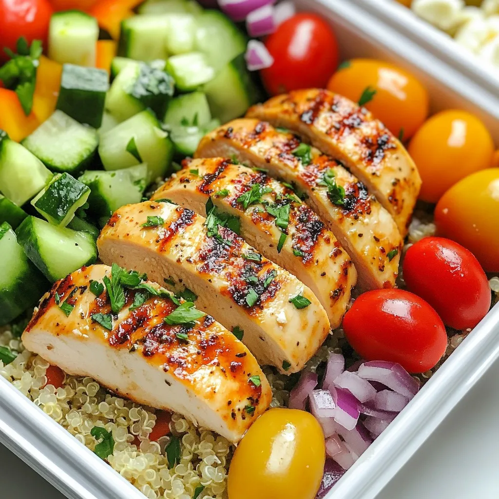 - 2 boneless, skinless chicken breasts - 1 cup quinoa, thoroughly rinsed - 1 cup cherry tomatoes, halved - 1 cucumber, diced into small pieces - 1 bell pepper, diced - 1/2 red onion, finely chopped - 1 cup kalamata olives, pitted and halved - 1 cup feta cheese, crumbled These ingredients create a colorful and tasty meal. Chicken provides protein, while quinoa adds fiber. The fresh veggies give crunch and nutrients. Kalamata olives and feta cheese add a salty, savory kick. Together, they form a delightful bowl that is both healthy and satisfying. - 2 tablespoons extra virgin olive oil - 1 tablespoon fresh lemon juice - 1 teaspoon dried oregano - 1 teaspoon garlic powder - Salt and freshly ground black pepper to taste The marinade is where the magic begins. Olive oil adds healthy fat and flavor. Lemon juice brightens the dish. Oregano and garlic powder bring warmth and depth. Salt and pepper balance all the flavors. This mix makes your chicken juicy and full of taste. Marinating really enhances the overall dish. {{ingredient_image_2}} To prepare the marinade, mix 2 tablespoons of extra virgin olive oil, 1 tablespoon of fresh lemon juice, 1 teaspoon of dried oregano, 1 teaspoon of garlic powder, salt, and black pepper in a small bowl. Stir until well combined. Place the chicken breasts in a resealable bag or a glass dish. Pour the marinade over the chicken, coating it well. Seal the bag or cover the dish, then refrigerate for at least 30 minutes. For a richer taste, marinate for up to 4 hours. Rinse 1 cup of quinoa under cold water in a fine mesh strainer. This removes the bitter coating called saponin. In a medium saucepan, combine the rinsed quinoa with 2 cups of vegetable broth or water. Bring the mixture to a gentle boil. Reduce the heat to low, cover, and simmer for about 15 minutes. The quinoa is done when it's tender and the liquid has absorbed. Let it rest for 5 minutes, still covered. Fluff the quinoa with a fork for the best texture. Preheat your grill or grill pan to medium-high heat, around 375°F (190°C). Remove the chicken from the marinade, discarding the marinade. Grill the chicken for 6-7 minutes on each side. The chicken should reach an internal temperature of 165°F (75°C). This ensures it is juicy and cooked through. After grilling, let the chicken rest for 5 minutes before slicing it into bite-sized pieces. This helps retain its juices. - Prepare Ingredients in Advance: Start by marinating the chicken at least 30 minutes before cooking. This allows the flavors to soak in. While the chicken is marinating, rinse and cook the quinoa. This multitasking saves time and keeps things simple. - Storage and Reheating Tips: Use airtight containers to store your meal-prep bowls. This keeps them fresh for up to five days. When reheating, add a splash of water to the bowl before microwaving. This keeps the quinoa moist and the chicken tender. - Suggestions for Additional Toppings or Garnishes: You can add sliced avocado or a dollop of tzatziki for extra creaminess. Fresh herbs, like dill or mint, also brighten the flavors. A lemon wedge in each bowl adds color and zest. - Tips for Meal-Prepping for Busy Lifestyles: Choose days when you have a bit more time to cook. Batch cooking works well. Make a double batch and freeze some for later. This way, you always have a healthy meal ready to go! Pro Tips Marinade Time: The longer you marinate the chicken, the more flavorful it will be. Aim for at least 1 hour, or overnight for the best results. Cooking Quinoa: To enhance the flavor of quinoa, toast it in the saucepan for a couple of minutes before adding the liquid. Grill Marks: For the perfect grill marks, avoid moving the chicken too much while cooking. Let it sear before flipping. Storage Tips: Store the meal prep bowls with a piece of parchment paper between the lid and the food to prevent condensation and sogginess. {{image_4}} If you want to switch things up, try different proteins. Tofu works great for a plant-based option. Just press the tofu to remove excess water, then marinate it like the chicken. Another option is shrimp. It cooks fast and adds a sweet flavor. Just remember to adjust cooking times. Shrimp needs about 2-3 minutes per side. Each option keeps the meal tasty and fun. Quinoa is a fantastic base, but other grains can shine too. Brown rice offers a nutty taste and chewy texture. It’s also filling and heart-healthy. Couscous cooks quickly and soaks up flavors well. For a twist, consider farro or barley. These grains add unique tastes and textures to your bowl, keeping each meal interesting. Adding dressings or sauces can boost the flavor of your bowls. A simple lemon vinaigrette brightens every bite. You could mix olive oil, lemon juice, and a touch of honey for sweetness. Tzatziki sauce is another great choice. Its creamy yogurt base pairs well with the chicken. You can also try a spicy harissa sauce for a kick. Each choice adds variety and excitement to your meal-prep experience. For storing your Greek chicken meal-prep bowls, choose airtight containers. Glass or BPA-free plastic works well. These types keep your food fresh. Make sure to seal the lids tightly. This prevents air from getting in. If you plan to freeze, use freezer-safe containers. You can also use freezer bags. Just remove as much air as possible before sealing. Label each container with the date. This helps you keep track of freshness. These meal-prep bowls can be refrigerated for up to 5 days. After that, the flavors may fade. If you want to freeze them, they can last for about 3 months. To freeze, place the bowls in the freezer after they cool. When you’re ready to eat, thaw them overnight in the fridge. For quick thawing, you can use the microwave on low. Reheat until hot, but make sure the chicken reaches 165°F (75°C) again. This keeps your meal safe and tasty. Yes, you can prepare Greek Chicken Meal-Prep Bowls in advance. I suggest making them on a Sunday for the week. Store them in airtight containers. These bowls stay fresh in the fridge for up to five days. Just make sure to seal them well to keep out air and moisture. For these bowls, I love using cherry tomatoes, cucumbers, bell peppers, and red onions. They add great color and crunch. You can also use seasonal veggies like zucchini or spinach. Choose your favorites to make it special. Fresh herbs like parsley can also boost flavor. To reheat the meal-prep bowls, you can use a microwave or stovetop. If using a microwave, heat for 1-2 minutes. Stir halfway to warm evenly. If you prefer the stovetop, place the bowl in a pan over low heat. Add a splash of water to keep it moist. This helps keep the flavors and texture just right. Greek Chicken Meal-Prep Bowls offer a tasty and healthy meal option. We discussed the key ingredients, from marinated chicken to quinoa and fresh veggies. You learned how to properly marinate, cook, and grill chicken for the best results. Tips for meal prep success and storage ensure your bowls stay tasty longer. Finally, variations allow you to personalize your meals. Enjoy making these bowls, and feel free to experiment with different flavors. Your taste buds will thank you!