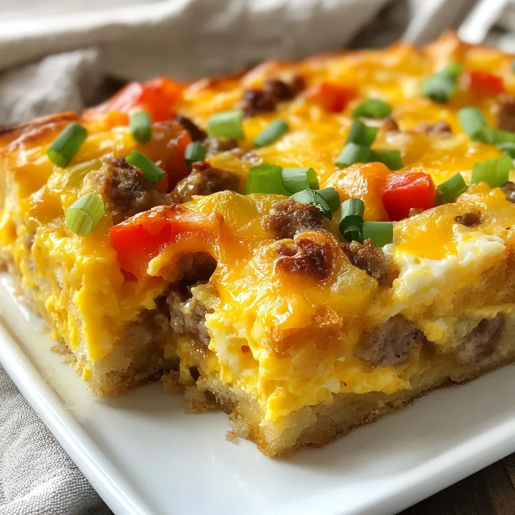 - 1 loaf of crusty bread, cut into 1-inch cubes - 8 large eggs - 2 cups whole milk - 1 cup sharp cheddar cheese, freshly shredded - 1 cup cooked breakfast sausage, crumbled - 1 bell pepper, diced - 1 small onion, finely chopped To make this dish, start with crusty bread. The cubes soak up the egg mixture well. Next, use large eggs for a fluffy texture. Whole milk adds creaminess and richness. Sharp cheddar cheese delivers a bold flavor that melts beautifully. Crumbled breakfast sausage gives the casserole a hearty feel. You can use turkey sausage for a lighter dish. Dice a bell pepper for color and sweetness. Finally, a small onion adds depth to each bite. - 1 teaspoon garlic powder - 1 teaspoon paprika - Salt and black pepper, to taste Seasonings are key to enhancing flavors. Garlic powder adds a savory note. Paprika gives a subtle smokiness and color. Salt and black pepper bring all the flavors together. Don’t skip on these; they elevate the dish. - 2 green onions, sliced Garnish with sliced green onions for a fresh touch. They add color and a mild onion flavor. This step makes the dish look pretty and inviting. For serving, pair each slice with fresh fruit. This adds a bright and refreshing contrast to the rich casserole. {{ingredient_image_2}} 1. Preheat your oven to 350°F (175°C). 2. Take a 9x13-inch baking dish. Grease it with cooking spray or butter. 3. In a large bowl, crack 8 eggs. 4. Pour in 2 cups of whole milk. 5. Whisk them together. Make sure to mix until smooth. 6. Add 1 teaspoon of garlic powder, 1 teaspoon of paprika, salt, and black pepper to taste. 7. Whisk again to combine everything well. 1. Spread 1 loaf of cubed bread evenly in the baking dish. 2. Carefully pour the egg mixture over the bread cubes. 3. Ensure that the mixture soaks the bread evenly. 4. Now, layer 1 cup of crumbled sausage over the bread. 5. Add 1 diced bell pepper and 1 small chopped onion on top. 6. Finish by sprinkling 1 cup of shredded sharp cheddar cheese over everything. 1. Cover the dish with aluminum foil. This helps keep it moist. 2. Bake in the preheated oven for 30 minutes. 3. After 30 minutes, remove the foil. 4. Return the dish to the oven. Bake for another 15-20 minutes. 5. Look for bubbly and golden cheese. 6. To check if it’s done, insert a knife in the center. It should come out clean. 7. Once baked, let it rest for 5 minutes. This helps it set. 8. Garnish with sliced green onions before serving. Cut into squares and serve warm. To make your Crack Breakfast Casserole perfect, ensure even egg distribution. After whisking the eggs and milk, pour the mixture slowly over the bread. This helps the bread soak up the flavors well. You can also use a spatula to gently press the bread down. This way, every piece gets coated. If you want to try alternative cooking methods, consider a slow cooker. Just layer your ingredients as usual, and cook on low for 6 to 8 hours. This method is great for busy mornings. Pair your casserole with fresh fruit. Berries or sliced oranges add a bright note. The sweet and tangy flavors contrast well with the savory casserole. For presentation, serve each slice on individual plates. Sprinkle extra cheddar cheese on top for extra flavor. Adding a few green onion slices as garnish makes it look inviting and fresh. Common issues can happen when making casseroles. One problem is soggy bread. To avoid this, use crusty bread. Let it sit out for a few hours to dry out. If your casserole comes out too dry, you can add a splash of milk before serving. This will help moisten it up. Another option is to cover it with foil during baking. This keeps moisture in while cooking. Pro Tips Use Stale Bread: For the best texture, use bread that is a day or two old. Stale bread absorbs the egg mixture better without becoming too soggy. Mix and Match Ingredients: Feel free to customize the casserole with your favorite ingredients like spinach, mushrooms, or different types of cheese. Make It Ahead: Assemble the casserole the night before and store it in the refrigerator. Just bake it in the morning for a hassle-free breakfast! Let It Rest: Allow the casserole to sit for a few minutes after baking. This helps it firm up, making it easier to cut and serve. {{image_4}} You can make your casserole lighter by using turkey sausage instead of regular sausage. This change cuts down on fat and calories. Another option is to use low-fat milk. This will keep it creamy without the added fat. For a meatless version, try using plant-based sausage. It tastes great and keeps the dish hearty. Adding different veggies can really boost the flavor. Spinach or mushrooms are great choices. They add a nice texture and depth. You can also mix in different cheese. Try using pepper jack for spice or mozzarella for a milder taste. These small changes can make your casserole unique. You can change your casserole with the seasons. In fall, add pumpkin and warm spices like cinnamon or nutmeg. This gives a cozy vibe. In summer, include fresh zucchini and juicy tomatoes. This keeps it light and fresh. Adapting your dish to the season keeps it fun and exciting. To keep your Crack Breakfast Casserole fresh, store leftovers in the fridge. Use airtight containers to prevent air from making it dry. Cut the casserole into squares before storing. This makes it easy to grab a piece later. It will last about 3 to 4 days in the fridge. You can reheat the casserole using two methods: the microwave or the oven. For the microwave, place a square on a microwave-safe plate. Heat it in short bursts of 30 seconds. Check to see if it's warm enough. If you use the oven, preheat it to 350°F. Place the casserole in a baking dish and cover it with foil. Bake for about 15-20 minutes. This helps keep the texture soft and tasty. If you want to freeze the casserole, let it cool completely first. Cut it into squares and wrap each piece tightly in plastic wrap. Place them in a freezer-safe bag or container, removing as much air as possible. When you're ready to eat, take out a square and thaw it in the fridge overnight. Reheat it using the oven or microwave as mentioned above. This way, you can enjoy a warm breakfast whenever you like. Crack Breakfast Casserole lasts about 3-4 days in the fridge. Store it in an airtight container. For the best taste, eat it within this time frame. The flavors stay fresh, and it remains tasty! Yes, you can make this casserole ahead of time! Prepare it the night before and store it in the fridge. Just cover it with foil after assembling. In the morning, bake it straight from the fridge. It saves time and makes breakfast easy! You can make this casserole gluten-free! Simply use gluten-free bread instead of regular bread. Check the labels to ensure all other ingredients are gluten-free. This way, everyone can enjoy the dish without worry. Crack Breakfast Casserole pairs well with fresh fruit, like berries or sliced bananas. You can also serve it with a light salad or yogurt on the side. These sides add color and nutrition to your breakfast spread! In this blog post, I covered the ingredients, preparation, and baking steps for the Crack Breakfast Casserole. I shared tips for perfecting the dish, various ingredient options, and storage advice. This casserole is simple but delicious, making it a great choice for any meal. With a few easy steps, you can create a meal that friends and family will love. Enjoy experimenting with flavors and pairings to make it your own!