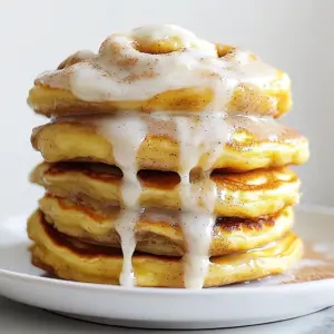 - 2 cups all-purpose flour - 1 tablespoon baking powder - 1/2 teaspoon salt - 2 tablespoons granulated sugar - 2 large eggs - 1 1/2 cups milk - 1 teaspoon vanilla extract - 1/4 cup unsalted butter, melted - 1 tablespoon ground cinnamon - 1/4 cup brown sugar - 1/2 cup cream cheese, softened - 1/4 cup powdered sugar - 1-2 tablespoons milk (for glaze) You can easily swap some ingredients. For a gluten-free option, use almond or oat flour. If you need a dairy-free version, try almond milk and coconut cream cheese. For lower sugar, use stevia or monk fruit sweetener instead of brown sugar. Accurate measurements are key for baking success. Always use the right tools. Use dry measuring cups for flour and sugar. Liquid measuring cups are best for milk and other liquids. Level off dry ingredients with a knife for precision. This will help your pancakes rise perfectly! {{ingredient_image_2}} To start, grab a large mixing bowl. In this bowl, combine 2 cups of all-purpose flour, 1 tablespoon of baking powder, 1/2 teaspoon of salt, and 2 tablespoons of granulated sugar. Whisk these dry ingredients together until they are well mixed. In another bowl, crack 2 large eggs and beat them well. Next, pour in 1 1/2 cups of milk and 1 teaspoon of vanilla extract. Whisk this mixture until it is fully blended. Slowly add 1/4 cup of melted unsalted butter into the wet mix. Stir until smooth. Now, gently pour this wet mixture into the dry ingredients. Use a spatula or wooden spoon to mix until just combined. It’s okay if there are some lumps; avoid overmixing. Let the batter rest for about 5 minutes. This helps it thicken a little. In a small bowl, mix together 1/4 cup of brown sugar and 1 tablespoon of ground cinnamon. Stir until the cinnamon and sugar are evenly mixed. This sweet and spicy filling will create that delightful swirl in your pancakes. Set this mixture aside for later use. Now, preheat a large non-stick skillet or griddle over medium heat. You want it hot but not too hot. Pour about 1/2 cup of pancake batter onto the skillet for each pancake. To make the pancakes larger, gently spread the batter into a bigger circle using a spoon or spatula. Before the batter sets, sprinkle some of the cinnamon-sugar mixture in a spiral pattern over the top of the pancake. Take a toothpick or skewer and lightly swirl the cinnamon mix into the batter. Cook for about 3-4 minutes, watching for bubbles to form on the surface. The edges should look set before you flip. Carefully use a spatula to flip the pancake. Cook for another 3-4 minutes until it turns golden brown. Repeat this process for the rest of the batter. Adjust the heat as needed to get perfect pancakes. To get the best texture, watch the batter closely. The batter should feel thick but not dry. If you mix too much, the pancakes can turn tough. Stir just until the dry and wet parts blend. It’s okay if the batter has lumps. Let it rest for 5 minutes before cooking. This helps it thicken. Creating the perfect swirl takes some practice. After pouring the batter, sprinkle the cinnamon-sugar mix in a spiral. Use a toothpick or skewer to swirl gently. Do not mix too deep; you want to see the swirl. This will make your pancakes look fancy and taste great. When serving, stack the pancakes high on a pretty plate. Drizzle the cream cheese glaze over the top. Let it drip down the sides for a nice look. You can add a little cinnamon-sugar on top for extra flair. Fresh fruits like strawberries or blueberries add color and flavor. A dollop of whipped cream can make your dish even more special. Pro Tips Use Fresh Ingredients: Ensure your baking powder is fresh for the fluffiest pancakes. Expired baking powder can result in dense and flat pancakes. Control the Heat: Keep the skillet at medium heat to prevent the pancakes from browning too quickly while ensuring they cook through. Adjust as necessary after testing the first pancake. Swirl Technique: For a perfect cinnamon swirl, don't overmix the batter once the cinnamon-sugar is added. This keeps the design visible and enhances the flavor in every bite. Customize Your Glaze: Feel free to add a splash of vanilla extract or a pinch of nutmeg to the cream cheese glaze for an extra flavor dimension that complements the cinnamon rolls. {{image_4}} You can add fun flavors to your giant cinnamon roll pancakes. Try mixing in nutmeg for a warm spice kick. You can also toss in chocolate chips for a sweet twist. Add a handful of chopped nuts for crunch. Each of these options brings a unique taste to your breakfast. Toppings can take your pancakes to the next level. Fresh fruits like strawberries, blueberries, or sliced bananas bring brightness and flavor. You can also sprinkle nuts on top for added texture. Another great option is a dollop of whipped cream. These simple additions will make your pancakes even more enjoyable. If you want a vegan version, swap eggs with flaxseed meal mixed with water. Use almond or oat milk instead of regular milk. For a low-carb option, you can use almond flour and a sugar substitute like erythritol. These swaps keep the flavor while meeting your dietary needs. To store leftover giant cinnamon roll pancakes, first let them cool completely. Place them in an airtight container. You can keep them in the fridge for up to three days. For longer storage, freeze them. Stack the pancakes with parchment paper between them in a freezer-safe bag. This prevents them from sticking together. They can last in the freezer for up to two months. When it’s time to enjoy your pancakes again, reheating them properly is key. You can use a microwave or a skillet. If using a microwave, place a few pancakes on a plate. Heat them for about 20 to 30 seconds. If they are cold in the center, heat in five-second bursts until warm. For the skillet, heat it on low. Place the pancakes in the skillet for a few minutes on each side. This method keeps them fluffy and tasty. To serve your pancakes fresh and full of flavor, warm them slightly before serving. You can also drizzle extra cream cheese glaze on top. Add a sprinkle of cinnamon-sugar for that perfect finishing touch. If you want, serve with fresh fruit on the side. This adds color and extra taste. Your guests will love the beautiful presentation and delicious flavors. You can tell when your pancakes are done by looking for a few signs. First, bubbles will form on the surface, and the edges will appear dry. Use a spatula to gently lift a corner to check the color. The pancake should be golden brown. If you're unsure, you can use a toothpick. Insert it into the center. If it comes out clean, your pancake is cooked through. Yes, you can make the batter ahead of time. Store it in an airtight container in the fridge for up to 24 hours. This makes morning cooking easier. Just give the batter a gentle stir before using, as it may thicken. If it seems too thick, add a splash of milk to loosen it up. These pancakes taste great with various sides. Here are some ideas: - Fresh fruit like strawberries, bananas, or blueberries - Whipped cream for extra sweetness - Maple syrup for a classic touch - Bacon or sausage for a savory contrast - Hot coffee or a glass of orange juice to drink In this blog post, I shared a complete guide for making Giant Cinnamon Roll Pancakes. You learned about essential ingredients, measuring tips, and how to prepare the batter. I also covered cooking methods and ways to avoid common mistakes. Remember to explore variations that fit your taste, and don’t forget the storage tips to keep leftovers fresh. Enjoy experimenting with flavors and toppings. With practice, you will master this delicious recipe and impress your family or guests. Happy cooking!