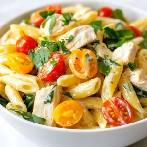 - 2 boneless, skinless chicken breasts, diced into bite-sized pieces - 8 ounces penne pasta - 1 tablespoon olive oil - 1 packet (1 ounce) ranch dressing mix - 1 cup heavy cream - &frac12; cup freshly grated Parmesan cheese - 1 cup cherry tomatoes, halved - 1 cup baby spinach leaves - 1 teaspoon garlic powder - Salt and fresh ground pepper to taste - Fresh parsley, finely chopped (for garnish) Chicken Ranch Pasta is rich and tasty. You will love how simple it is. The main ingredients start with chicken and pasta. I use penne pasta because its shape holds the sauce well. Dicing the chicken into small pieces helps it cook evenly. The ranch dressing mix adds a unique flavor. Heavy cream makes it rich and creamy. Using freshly grated Parmesan cheese gives the dish a nice depth of flavor. Next, we add some vegetables to make it colorful. Cherry tomatoes bring sweetness and brightness. Baby spinach adds a fresh touch. For seasoning, I use garlic powder, salt, and pepper. These enhance the overall taste. Finally, I garnish with fresh parsley. It adds a pop of color and freshness. This dish is not only easy to make but also fun to eat! {{ingredient_image_2}} To cook the penne pasta, start by bringing a large pot of salted water to a rolling boil. This helps to season the pasta as it cooks. Add 8 ounces of penne pasta to the boiling water. Cook it according to the package instructions for about 9 to 11 minutes. You want the pasta to be al dente, which means it should be firm to the bite. To check, taste a piece a minute or two before the time is up. Once it's done, drain the pasta in a colander, but save a small cup of the pasta water. This water can help adjust the sauce later. For the chicken, heat 1 tablespoon of olive oil in a large skillet over medium heat. This is important for getting a nice sear on the chicken. When the oil shimmers, add 2 diced chicken breasts. Season them with salt, pepper, and 1 teaspoon of garlic powder. Cook the chicken for about 5 to 7 minutes. Stir occasionally so it cooks evenly. Make sure the chicken reaches a safe internal temperature of 165&deg;F (75&deg;C) before serving. This keeps the chicken juicy and safe to eat. Now it&rsquo;s time to make the creamy ranch sauce. In the skillet with the cooked chicken, sprinkle in 1 packet of ranch dressing mix. Then pour in 1 cup of heavy cream. Stir everything well to combine. Let the mixture simmer gently for about 2 to 3 minutes. This helps the flavors meld together. If you want a thicker sauce, you can let it cook for a bit longer. The goal is to create a rich, creamy base for the pasta. To get that creamy texture just right, start with the pasta water. Save a cup of it when you drain the penne. If your sauce is too thick, add a splash of this water. It helps to loosen the sauce without losing flavor. For a smooth sauce, stir your heavy cream slowly into the ranch mix. This prevents lumps. Keep the heat low when mixing to maintain the creaminess. A gentle simmer allows the flavors to blend without curdling. You can boost flavor with spices. Try adding a pinch of cayenne for heat or smoked paprika for depth. Fresh herbs like basil or chives add a bright note. These simple tweaks make a big difference. When it comes to pairing, think about sides. A crisp green salad or garlic bread complements this dish well. The freshness of the salad balances the creaminess of the pasta. Presentation matters. Serve the pasta in individual bowls for a nice touch. Drizzle extra ranch dressing on top for flair, and add a sprinkle of parsley for color. A dash of cracked black pepper gives it a gourmet feel. For sides, consider roasted vegetables or a light coleslaw. These add a nice crunch and flavor contrast to the creamy pasta. Enjoy your meal with a glass of chilled white wine for the perfect finish. Pro Tips Use Fresh Ingredients: Freshly grated Parmesan and ripe cherry tomatoes will elevate the flavor of your dish significantly. Opt for the best quality ingredients you can find. Adjust the Creaminess: If you prefer a lighter dish, substitute half of the heavy cream with chicken broth. This will maintain flavor while reducing calories. Customize the Vegetables: Feel free to add or substitute other vegetables like zucchini, bell peppers, or peas for added color and nutrition. Make Ahead: This dish can be made ahead and stored in the fridge for up to two days. When reheating, add a splash of water or milk to loosen the sauce. {{image_4}} You can swap chicken for other proteins. Shrimp works great here. Just saut&eacute; it until pink and cooked through. Turkey is another tasty choice. It adds a nice flavor. For a vegetarian option, use beans or tofu. Tofu absorbs sauce well and adds protein. Beans like black beans or chickpeas are filling and add texture. You don't have to stick to penne pasta. Fusilli or rotini can add fun shapes. These types hold sauce well. For gluten-free needs, try rice or quinoa pasta. They cook differently, so check the package for times. To make a lighter version, use half and half instead of heavy cream. It will still taste creamy. You can also add fun flavors. Try spices like smoked paprika or red pepper flakes. Mixing in different cheeses, like cheddar or mozzarella, can change the taste too. Each tweak makes the dish your own. To keep Chicken Ranch Pasta fresh, place it in an airtight container. Make sure to cool it down to room temperature first. This helps avoid condensation, which makes the pasta soggy. Store it in the fridge for up to three days. When you want to enjoy your leftovers, use the stovetop for best results. Place the pasta in a skillet over low heat. Add a splash of water or cream to keep it creamy. Stir often until it's warmed through. You can also use a microwave, but do it in short bursts. Stir in between to avoid hot spots. If you want to freeze Chicken Ranch Pasta, let it cool completely. Then, place it in a freezer-safe container. Leave some space at the top, as the pasta will expand. You can freeze it for up to two months. To thaw, move the container to the fridge overnight. When ready to eat, reheat it on the stovetop or microwave as mentioned earlier. This method keeps the dish tasty and enjoyable. Yes, you can make Chicken Ranch Pasta in advance. Here are some tips for prepping ahead: - Cook the Pasta: You can cook the pasta and store it separately. This keeps it from becoming mushy. - Prepare the Sauce: Make the creamy ranch sauce and store it in the fridge. Just reheat it before serving. - Cook the Chicken: You can saut&eacute; the chicken ahead of time. Store it in an airtight container in the fridge. - Mix Before Serving: Combine everything just before you eat. This keeps the dish fresh and tasty. To add some heat to your Chicken Ranch Pasta, try these suggestions: - Red Pepper Flakes: Sprinkle in some red pepper flakes when cooking the chicken. - Hot Sauce: Drizzle hot sauce into the creamy ranch sauce for an extra kick. - Spicy Ranch Mix: Look for a spicy ranch dressing mix at the store. - Jalape&ntilde;os: Add diced jalape&ntilde;os for a fresh and spicy flavor. If you need a substitute for ranch dressing mix, consider these homemade alternatives: - Dried Herbs: Mix equal parts of dried dill, parsley, and chives. - Greek Yogurt: Use Greek yogurt with garlic powder, onion powder, and lemon juice. - Seasoning Blend: Combine garlic powder, onion powder, salt, and black pepper for a quick mix. - Other Dressings: You can also try other creamy dressings, like blue cheese or Caesar, for a twist. In this post, we explored the tasty Chicken Ranch Pasta. We covered main ingredients, cooking techniques, and storage tips. You can swap proteins and pasta types for variety. Remember to adjust the creamy sauce to your liking. With these steps, you can create a dish everyone will love. Enjoy your cooking, and don't hesitate to experiment! Each twist adds a personal touch. Happy eating!
