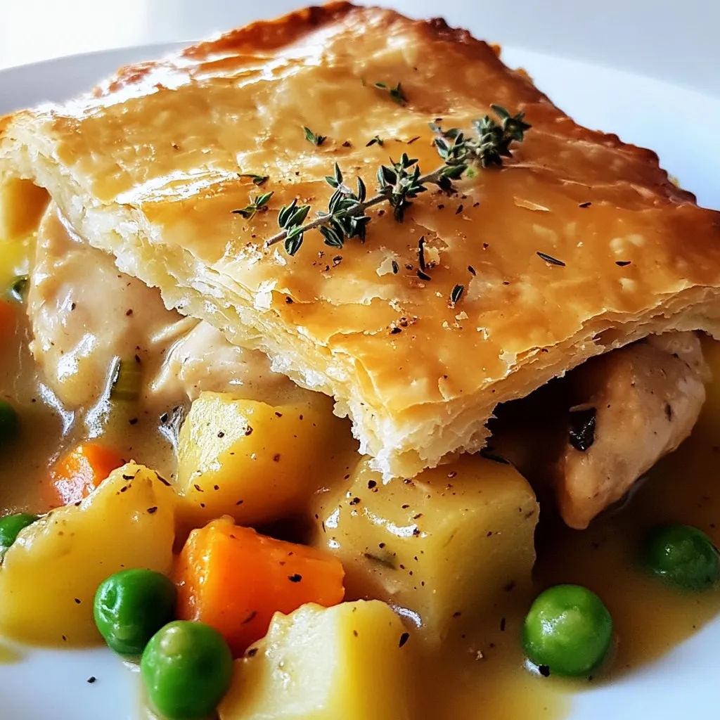 - 1.5 lbs boneless, skinless chicken thighs, cut into bite-sized pieces - 3 medium carrots, peeled and diced - 2 medium potatoes, peeled and diced - 1 cup frozen peas - 1 medium onion, finely diced - 3 cloves garlic, minced - 4 cups low-sodium chicken broth - 1 cup heavy cream - 1 teaspoon dried thyme - 1 teaspoon dried rosemary - Salt and pepper, to taste - 1 tablespoon olive oil - 2 tablespoons cornstarch mixed with 2 tablespoons water (for thickening) - 1 package refrigerated pie crusts (includes 2 crusts) When I make Slow Cooker Chicken Pot Pie, I love using boneless, skinless chicken thighs. They stay moist and tender. Fresh veggies add flavor and nutrition. Carrots and potatoes bring a nice bite to the dish. I also use onion and garlic to build a strong base taste. Chicken broth and heavy cream make a rich sauce. The thyme and rosemary add depth to the flavor. Salt and pepper enhance everything. Finally, I thicken the sauce with cornstarch mixed with water. This gives the pie a nice, creamy texture. - Slow cooker - Skillet - Measuring cups and spoons - Pie dish or baking pan To cook this meal, you need a few tools. A slow cooker is a must. It does all the cooking for you. A skillet helps sauté the onion and garlic. Measuring cups and spoons ensure you use the right amounts. A pie dish or baking pan is needed for the final bake. Having the right tools makes cooking easier. It keeps everything organized. Plus, you can focus on making a tasty meal. {{ingredient_image_2}} 1. Sautéing the onions and garlic In a skillet, heat 1 tablespoon of olive oil over medium heat. Add 1 medium onion, finely diced, and 3 cloves of minced garlic. Sauté them for 3-4 minutes. You want the onions to turn soft and fragrant. 2. Adding ingredients to the slow cooker Once the onions and garlic are ready, transfer them to the slow cooker. Add these ingredients: - 1.5 lbs boneless, skinless chicken thighs, cut into bite-sized pieces - 3 medium carrots, peeled and diced - 2 medium potatoes, peeled and diced - 1 cup frozen peas - 4 cups low-sodium chicken broth - 1 cup heavy cream - 1 teaspoon dried thyme - 1 teaspoon dried rosemary - Salt and pepper, to taste Stir all the ingredients well to combine them nicely. 1. Cooking times for low and high settings Cover the slow cooker. Cook on low for 6-7 hours or high for 3-4 hours. The chicken should be tender, and the veggies should be cooked through. 2. Importance of stirring the mixture About 30 minutes before serving, add 2 tablespoons cornstarch mixed with 2 tablespoons water. This thickens the sauce. Stir the mixture well to ensure even thickness. 1. Prepping the pie crusts Preheat your oven to 425°F (220°C). Take out 1 package of refrigerated pie crusts, which has 2 crusts. Line a 9-inch pie dish with the first crust. Press it down gently to fit. 2. How to create a golden-brown crust Pour the thickened chicken filling into the crust. Spread it out evenly. Cover it with the second crust. Crimp the edges together tightly. Cut several small slits in the top crust. This helps steam escape while baking. Bake your pot pie for 25-30 minutes. Look for a golden-brown, flaky crust. Let it cool for a few minutes before slicing. Enjoy your warm, savory meal! Choosing the right chicken makes a big difference. I love using boneless, skinless chicken thighs. They stay tender and juicy. For vegetables, pick fresh carrots, potatoes, and onions. These add great flavor and texture. You can also toss in frozen peas for an easy boost. Spices shape the dish's taste. I suggest using thyme and rosemary. They bring warmth and depth. Feel free to adjust the salt and pepper to your liking. A pinch more can brighten the flavors. To thicken the sauce, cornstarch works well. Mix two tablespoons of cornstarch with two tablespoons of water. Stir this into the slow cooker about thirty minutes before serving. This step is key to a rich filling. If you prefer, use other thickening methods. You can mash some of the potatoes after cooking. This adds texture and a creamy feel without extra ingredients. Presentation elevates your chicken pot pie. After baking, sprinkle fresh thyme or chopped parsley on top. This adds color and a fresh taste. For a complete meal, serve with a light green salad. A simple vinaigrette will balance the flavors. Enjoy your delicious creation with friends and family! Pro Tips Use Thighs for Flavor: Chicken thighs are more flavorful and tender than breasts, making them ideal for a pot pie. Prep Ahead: You can prepare the filling a day in advance and refrigerate it. Just add the pie crust and bake when ready to serve. Customize Your Veggies: Feel free to add or substitute other vegetables like green beans or corn based on your preference. Check for Doneness: Ensure the pie crust is golden brown and the filling is bubbling before removing from the oven for the best texture. {{image_4}} You can easily change the chicken to turkey. This is great for leftovers. If you want a vegetarian dish, swap the chicken for more veggies. You can use mushrooms, zucchini, or bell peppers. For the crust, try using gluten-free options. Many stores sell gluten-free pie crusts. You can also make a crust from mashed potatoes or biscuits. This makes the dish unique. To change the taste, add different herbs or spices. Try dill, sage, or even paprika. Each herb brings its own flavor twist. You can also mix in some cheese, like cheddar or parmesan. Creamy cheese makes the filling richer and tastier. Adding a splash of lemon juice can brighten the dish. It adds freshness that balances the creaminess. You can pair this pot pie with a light salad. A simple green salad works well. You might also serve it with warm bread. Fresh rolls or crusty bread are perfect for dipping. If you have leftovers, get creative! You can make pot pie sandwiches. Just use the filling between two slices of bread. You can even turn it into a casserole. Just layer the filling with mashed potatoes and bake until warm. To store leftovers safely, let the chicken pot pie cool first. Then, cover it well with plastic wrap or transfer it to an airtight container. It stays fresh in the fridge for up to three days. When reheating, I suggest using an oven for the best results. Preheat the oven to 350°F (175°C). Place the pie in a baking dish and cover it with foil. Heat for about 20-25 minutes until warm. This keeps the crust nice and crisp. To freeze chicken pot pie, let it cool completely. Wrap it tightly in plastic wrap, then place it in a freezer bag. This way, you avoid freezer burn. You can freeze it for up to three months. When ready to eat, take it out and thaw it overnight in the fridge. For reheating, preheat your oven to 375°F (190°C). Bake the pie for 45-60 minutes or until it’s heated through. Enjoy that warm, comforting taste! You can cook the pot pie on low for 6 to 7 hours. If you choose high, set your slow cooker for 3 to 4 hours. This helps the chicken get tender and the veggies soft. The longer cooking time on low lets the flavors blend well. Yes, you can prepare this dish in advance! Cook the filling the day before and store it in the fridge. Just remember to let it cool first. When you are ready to eat, layer it in the pie crust and bake as directed. This saves time on busy nights. If you want a lighter version, you can use whole milk or half-and-half. For a dairy-free option, try coconut milk or almond milk. These alternatives will change the flavor a bit, but they still taste great. Just keep in mind, the sauce may be less thick. In this blog post, we explored the fun of making slow cooker chicken pot pie. We covered key ingredients, tools, and step-by-step instructions. I shared tips for perfecting your pie, adding flavor, and presenting it beautifully. You can even customize it with ingredient swaps for creativity! Finally, we talked about storing and reheating your delicious leftovers. Now you can enjoy this comforting dish anytime. Happy cooking, and may your chicken pot pie turn out great every time!
