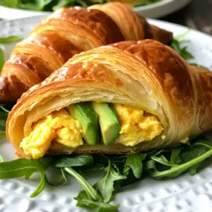 To make a tasty breakfast croissant sandwich, gather these simple ingredients: - 2 large buttery croissants - 4 large eggs - 1/4 cup whole milk - Salt and freshly ground pepper - 1/2 cup shredded cheese - 1 ripe avocado, sliced - 4 slices of turkey or chicken sausage (optional) - 1 tablespoon unsalted butter - Fresh arugula or baby spinach - Hot sauce (optional) Each ingredient plays a vital role in bringing flavor and texture to your sandwich. The croissants provide a flaky base, while the eggs add richness. Cheese melts into a creamy delight, and avocado gives a fresh touch. You can add sausage for extra protein, or keep it light with just eggs and greens. Don't skip the hot sauce if you like a bit of heat. Each bite is a burst of flavor! {{ingredient_image_2}} Start by preheating your oven to 350&deg;F (175&deg;C). Grab a baking sheet and line it with parchment paper. Place the croissants on the sheet and let them warm up for about 5-7 minutes. This will make them lightly toasted and a bit crispy. Next, take a medium bowl and crack four large eggs into it. Add 1/4 cup of whole milk. Sprinkle in a pinch of salt and some freshly ground pepper. Whisk everything together until it looks nice and frothy. Heat a non-stick skillet over medium heat. Add 1 tablespoon of unsalted butter to the pan. Wait until it melts and starts bubbling. Pour your egg mixture into the skillet. Gently stir the eggs with a spatula as they cook. After about 3-4 minutes, they should be just set but still soft. Remove from heat and mix in 1/2 cup of shredded cheese until it melts. If you're using sausage, add the slices to the same skillet. Cook them on medium heat for about 3-4 minutes. Turn them now and then until they are browned and heated through. Carefully cut each croissant in half. On the bottom half, pile on the cheesy scrambled eggs. Next, add the sliced avocado. If you cooked sausage, add that too. Top everything with a handful of fresh arugula or baby spinach. This adds a nice crunch and bright color. If you like it spicy, drizzle some hot sauce on top. Place the top half of the croissant over your sandwich and press down gently. Serve it warm and enjoy your tasty breakfast delight! To make the best scrambled eggs, use fresh eggs. Start by whisking eggs with whole milk. This mixture adds creaminess. Season it well with salt and pepper. Cook the eggs on low heat. Stir gently, so they stay soft. Remove them from heat when they look just set. The residual heat will finish cooking them perfectly. Use large, buttery croissants for the best flavor. Look for croissants that are flaky and golden. Fresh croissants from a bakery are ideal. If you use frozen ones, let them thaw first. A good croissant adds texture and taste to your sandwich. - Using different cheeses: Try cheddar, mozzarella, or even pepper jack. Each cheese brings a new taste. You can mix different cheeses, too. - Adding spices or herbs: Fresh herbs like chives or dill can brighten your dish. A sprinkle of paprika or a dash of hot sauce can add depth. Experiment with your favorites to find what you love best. These tips can help you create a breakfast croissant sandwich that is simple, tasty, and fun to eat. Pro Tips Use Fresh Ingredients: Always opt for fresh eggs and ripe avocados to enhance the overall flavor of your breakfast croissants. Perfectly Cooked Eggs: Stir the eggs gently while cooking to ensure they remain soft and creamy; avoid overcooking for the best texture. Customize Your Cheese: Experiment with different cheese blends such as feta or pepper jack for a unique twist on the classic cheesy flavor. Add More Veggies: Consider adding saut&eacute;ed bell peppers, mushrooms, or tomatoes for an extra boost of nutrition and flavor. {{image_4}} To make a vegetarian breakfast croissant sandwich, skip the sausage. Instead, load your sandwich with more veggies. Try adding saut&eacute;ed mushrooms, bell peppers, or even some fresh tomatoes. These will add great flavor and color. For a vegan version, replace the eggs with tofu. Use firm tofu, and scramble it like eggs. Add a splash of plant milk and season it with turmeric for color. Instead of cheese, use a vegan cheese or skip it entirely. Top with avocado and greens for a yummy meal. - Adding herbs like chives or dill: Fresh herbs can elevate your sandwich. Chives add a mild onion flavor, while dill offers a fresh, tangy note. Just sprinkle them in the egg mixture or on top. - Using different greens: Swap arugula or spinach for kale or watercress. Each green brings its own taste and texture. Experiment to find your favorite green for this tasty sandwich. To keep your breakfast croissant sandwiches fresh, store them in an airtight container. This will help avoid sogginess. Place them in the fridge if you plan to eat them within a few days. They should stay good for up to 3 days. If you have just the egg mixture left, store it in a separate container. It can last about 2 days in the fridge. When you're ready to enjoy your leftover sandwich, heat it gently. You can use a toaster oven for best results. Set it to 350&deg;F (175&deg;C) for about 10 minutes. This will warm the sandwich and keep it crispy. If you choose to use a microwave, do so for about 30 seconds to 1 minute. Just keep in mind that the croissant may get a bit soft. If you want to save your sandwiches for a longer time, freezing is a great option. Wrap each sandwich tightly in plastic wrap, then place them in a freezer bag. They can last up to 2 months in the freezer. When you want to eat one, let it thaw in the fridge overnight. Then follow the reheating tips to warm it up. Enjoy your delicious breakfast even on busy mornings! It takes about 20 minutes to make a breakfast croissant sandwich. You can split this time into 10 minutes for prep and 10 minutes for cooking. This quick time makes it perfect for busy mornings when you need a tasty meal fast. Yes, you can make the egg mixture ahead of time. Just mix the eggs and milk in a bowl. Store it in the fridge for up to 24 hours. When you&rsquo;re ready, you can cook the eggs right away. This saves time on busy mornings. Great sides for a breakfast croissant sandwich include: - Fresh fruit like berries or melon - Crispy hash browns or home fries - A light salad with arugula or spinach - Yogurt with granola These sides complement your sandwich and add color to your plate. Yes, you can use other types of bread for your sandwich. Some good options are: - Brioche - Bagels - English muffins - Whole grain bread Each option gives a unique taste and texture. Choose what you like best! This blog post shared how to make a tasty breakfast croissant sandwich. We covered ingredients like eggs, cheese, and avocado. I showed you how to cook the eggs and, if you choose, sausage. We also discussed tips, variations, and storage. In closing, this sandwich is easy to customize and perfect for busy mornings. Enjoy experimenting with flavors and making it your own. Try it out and delight in the deliciousness!