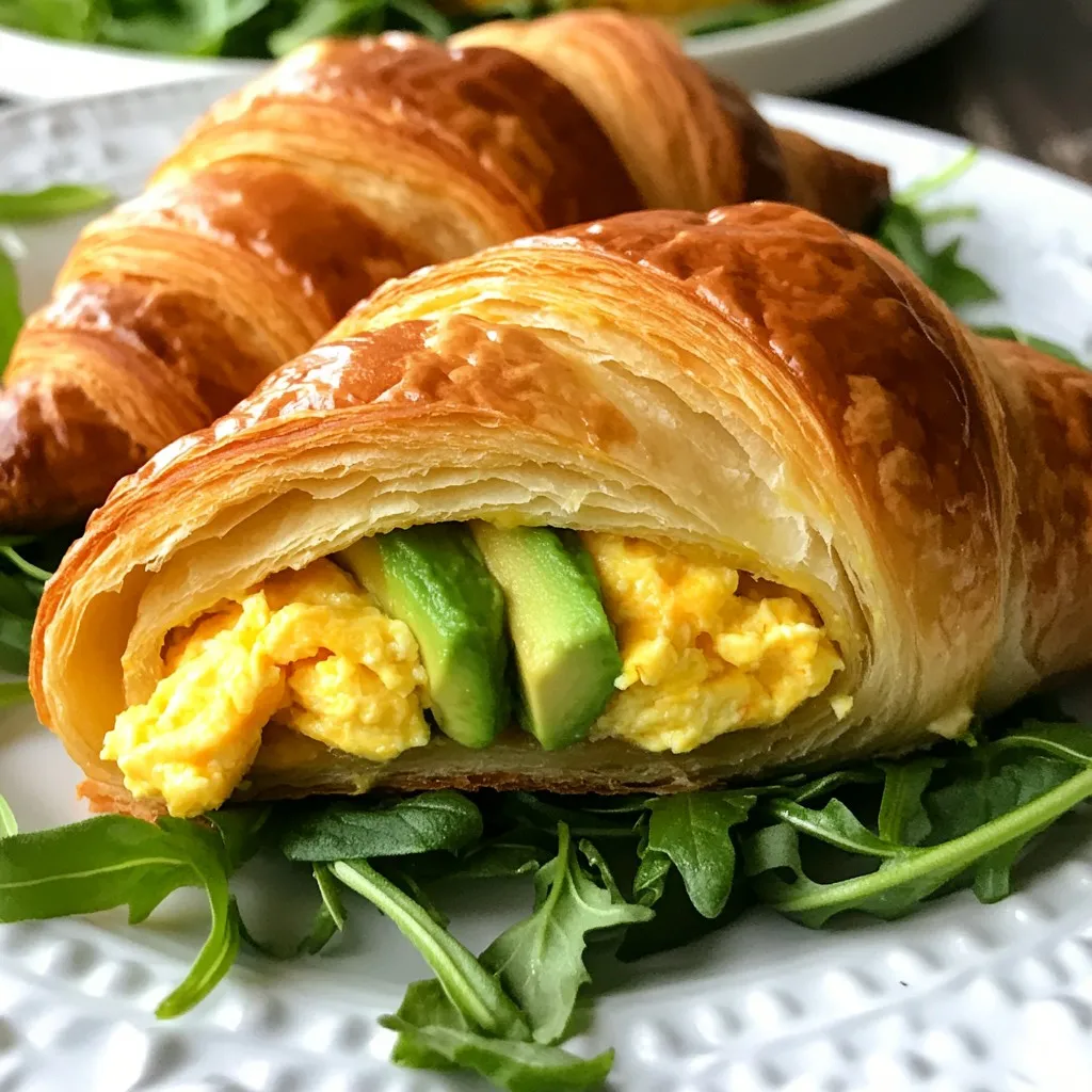 To make a tasty breakfast croissant sandwich, gather these simple ingredients: - 2 large buttery croissants - 4 large eggs - 1/4 cup whole milk - Salt and freshly ground pepper - 1/2 cup shredded cheese - 1 ripe avocado, sliced - 4 slices of turkey or chicken sausage (optional) - 1 tablespoon unsalted butter - Fresh arugula or baby spinach - Hot sauce (optional) Each ingredient plays a vital role in bringing flavor and texture to your sandwich. The croissants provide a flaky base, while the eggs add richness. Cheese melts into a creamy delight, and avocado gives a fresh touch. You can add sausage for extra protein, or keep it light with just eggs and greens. Don't skip the hot sauce if you like a bit of heat. Each bite is a burst of flavor! {{ingredient_image_2}} Start by preheating your oven to 350°F (175°C). Grab a baking sheet and line it with parchment paper. Place the croissants on the sheet and let them warm up for about 5-7 minutes. This will make them lightly toasted and a bit crispy. Next, take a medium bowl and crack four large eggs into it. Add 1/4 cup of whole milk. Sprinkle in a pinch of salt and some freshly ground pepper. Whisk everything together until it looks nice and frothy. Heat a non-stick skillet over medium heat. Add 1 tablespoon of unsalted butter to the pan. Wait until it melts and starts bubbling. Pour your egg mixture into the skillet. Gently stir the eggs with a spatula as they cook. After about 3-4 minutes, they should be just set but still soft. Remove from heat and mix in 1/2 cup of shredded cheese until it melts. If you're using sausage, add the slices to the same skillet. Cook them on medium heat for about 3-4 minutes. Turn them now and then until they are browned and heated through. Carefully cut each croissant in half. On the bottom half, pile on the cheesy scrambled eggs. Next, add the sliced avocado. If you cooked sausage, add that too. Top everything with a handful of fresh arugula or baby spinach. This adds a nice crunch and bright color. If you like it spicy, drizzle some hot sauce on top. Place the top half of the croissant over your sandwich and press down gently. Serve it warm and enjoy your tasty breakfast delight! To make the best scrambled eggs, use fresh eggs. Start by whisking eggs with whole milk. This mixture adds creaminess. Season it well with salt and pepper. Cook the eggs on low heat. Stir gently, so they stay soft. Remove them from heat when they look just set. The residual heat will finish cooking them perfectly. Use large, buttery croissants for the best flavor. Look for croissants that are flaky and golden. Fresh croissants from a bakery are ideal. If you use frozen ones, let them thaw first. A good croissant adds texture and taste to your sandwich. - Using different cheeses: Try cheddar, mozzarella, or even pepper jack. Each cheese brings a new taste. You can mix different cheeses, too. - Adding spices or herbs: Fresh herbs like chives or dill can brighten your dish. A sprinkle of paprika or a dash of hot sauce can add depth. Experiment with your favorites to find what you love best. These tips can help you create a breakfast croissant sandwich that is simple, tasty, and fun to eat. Pro Tips Use Fresh Ingredients: Always opt for fresh eggs and ripe avocados to enhance the overall flavor of your breakfast croissants. Perfectly Cooked Eggs: Stir the eggs gently while cooking to ensure they remain soft and creamy; avoid overcooking for the best texture. Customize Your Cheese: Experiment with different cheese blends such as feta or pepper jack for a unique twist on the classic cheesy flavor. Add More Veggies: Consider adding sautéed bell peppers, mushrooms, or tomatoes for an extra boost of nutrition and flavor. {{image_4}} To make a vegetarian breakfast croissant sandwich, skip the sausage. Instead, load your sandwich with more veggies. Try adding sautéed mushrooms, bell peppers, or even some fresh tomatoes. These will add great flavor and color. For a vegan version, replace the eggs with tofu. Use firm tofu, and scramble it like eggs. Add a splash of plant milk and season it with turmeric for color. Instead of cheese, use a vegan cheese or skip it entirely. Top with avocado and greens for a yummy meal. - Adding herbs like chives or dill: Fresh herbs can elevate your sandwich. Chives add a mild onion flavor, while dill offers a fresh, tangy note. Just sprinkle them in the egg mixture or on top. - Using different greens: Swap arugula or spinach for kale or watercress. Each green brings its own taste and texture. Experiment to find your favorite green for this tasty sandwich. To keep your breakfast croissant sandwiches fresh, store them in an airtight container. This will help avoid sogginess. Place them in the fridge if you plan to eat them within a few days. They should stay good for up to 3 days. If you have just the egg mixture left, store it in a separate container. It can last about 2 days in the fridge. When you're ready to enjoy your leftover sandwich, heat it gently. You can use a toaster oven for best results. Set it to 350°F (175°C) for about 10 minutes. This will warm the sandwich and keep it crispy. If you choose to use a microwave, do so for about 30 seconds to 1 minute. Just keep in mind that the croissant may get a bit soft. If you want to save your sandwiches for a longer time, freezing is a great option. Wrap each sandwich tightly in plastic wrap, then place them in a freezer bag. They can last up to 2 months in the freezer. When you want to eat one, let it thaw in the fridge overnight. Then follow the reheating tips to warm it up. Enjoy your delicious breakfast even on busy mornings! It takes about 20 minutes to make a breakfast croissant sandwich. You can split this time into 10 minutes for prep and 10 minutes for cooking. This quick time makes it perfect for busy mornings when you need a tasty meal fast. Yes, you can make the egg mixture ahead of time. Just mix the eggs and milk in a bowl. Store it in the fridge for up to 24 hours. When you’re ready, you can cook the eggs right away. This saves time on busy mornings. Great sides for a breakfast croissant sandwich include: - Fresh fruit like berries or melon - Crispy hash browns or home fries - A light salad with arugula or spinach - Yogurt with granola These sides complement your sandwich and add color to your plate. Yes, you can use other types of bread for your sandwich. Some good options are: - Brioche - Bagels - English muffins - Whole grain bread Each option gives a unique taste and texture. Choose what you like best! This blog post shared how to make a tasty breakfast croissant sandwich. We covered ingredients like eggs, cheese, and avocado. I showed you how to cook the eggs and, if you choose, sausage. We also discussed tips, variations, and storage. In closing, this sandwich is easy to customize and perfect for busy mornings. Enjoy experimenting with flavors and making it your own. Try it out and delight in the deliciousness!