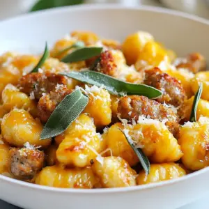 - 2 cups butternut squash, peeled and cut into 1-inch cubes - 1 cup creamy ricotta cheese - 1 pound Italian sausage, casings removed The main stars of this dish are butternut squash, ricotta cheese, and Italian sausage. Butternut squash brings a sweet, nutty flavor. Ricotta adds creaminess, making the gnocchi soft. Italian sausage gives a savory taste that pairs well with the squash. - 2 cups all-purpose flour (plus additional for dusting) - 1 large egg - 1/4 cup fresh sage leaves, roughly chopped - 1/2 cup freshly grated Parmesan cheese All-purpose flour binds the dough, while the egg helps it hold shape. Fresh sage adds a lovely herbal note. Parmesan cheese enhances the flavor with its salty richness. - Sea salt and black pepper - 1 tablespoon extra-virgin olive oil - 1 teaspoon freshly grated nutmeg Seasoning is key. Sea salt and black pepper boost all the flavors. Olive oil coats the squash for roasting. Freshly grated nutmeg adds warmth and depth, lifting the dish from simple to extraordinary. Using these fresh, quality ingredients will make your butternut squash gnocchi with sausage a savory delight. Each component plays a vital role in creating a comforting and delicious meal. Enjoy the process of cooking and the wonderful aromas that fill your kitchen! {{ingredient_image_2}} - Preheat your oven to 400°F (200°C). - Take a baking sheet and line it with parchment paper for easy cleanup. - Place the butternut squash cubes on the sheet. - Drizzle with extra-virgin olive oil, then sprinkle with sea salt and black pepper. - Toss the squash until it is evenly coated. - Roast in the oven for about 25 minutes. - Look for tender squash with a light caramelization on the edges. Roasting brings out the sweetness in the squash. You want it soft and slightly charred for the best flavor. - Grab a large mixing bowl and mash the roasted squash with a fork or potato masher. - Stir in the creamy ricotta cheese until well combined. - Crack in the large egg and add the freshly grated nutmeg. - Mix everything thoroughly to create a smooth mixture. - Gradually add the all-purpose flour, a little at a time. - Keep mixing until the dough forms a soft, workable mass. The dough should not stick too much to your hands. If it feels too sticky, add more flour. - Lightly flour your work surface to prevent sticking. - Take a portion of the dough and roll it into a rope about 1/2 inch thick. - Cut the rope into 1-inch pieces to form gnocchi. - For texture, press the back of a fork against each piece. Shaping the gnocchi is fun and easy. The fork marks help the sauce cling better when you serve them. - How to check dough consistency Your dough should feel soft and smooth. If it sticks to your hands, add a bit more flour. If it feels too dry, you may need a splash of water or an extra egg. - Rolling techniques for even pieces Roll the dough gently into a rope. Aim for about 1/2 inch thick. Use a light touch to keep it even. Cut into 1-inch pieces for uniform cooking. Press a fork on each piece for texture. - Timing for cooking gnocchi and sausage Cook the gnocchi first. It takes about 2-3 minutes in boiling water. Start the sausage while the gnocchi cooks. This way, both will be ready at the same time. - How to avoid water splatter When adding gnocchi to boiling water, drop them in gently. Use a slotted spoon to avoid splashes. This keeps your kitchen clean and safe. - Best garnishes to enhance flavor Top your dish with fresh sage leaves and a sprinkle of Parmesan cheese. A drizzle of olive oil adds richness. Black pepper gives a nice kick. - Recommended side dishes for a complete meal Serve with a light salad or roasted veggies. Garlic bread also pairs well. These sides balance the rich flavors of the gnocchi and sausage. Pro Tips Use Fresh Sage: Opt for fresh sage leaves instead of dried for a more vibrant flavor profile in your dish. Don’t Overwork the Dough: Mix the gnocchi dough just until combined to avoid tough gnocchi. It should be soft and slightly sticky. Test Gnocchi Before Cooking: Boil a small piece of gnocchi first to check the texture. It should float to the top when ready. Customize Your Sausage: Try different types of sausage, such as spicy or sweet, to tailor the dish to your taste preferences. {{image_4}} If you want to switch things up, try using different proteins. Chicken or turkey can replace the Italian sausage. These meats add a lighter taste while keeping the dish hearty. For a vegan option, swap the ricotta cheese with tofu or a vegan cream cheese. Use plant-based sausage to keep the flavor strong without meat. You can change the taste of your gnocchi by adding herbs or spices. Fresh thyme or rosemary works well with butternut squash. Spice it up with crushed red pepper for heat or smoked paprika for depth. Experiment with sauces too. Instead of using a simple drizzle of olive oil, try a creamy Alfredo or a tangy marinara. Each sauce offers a new twist on the dish. Using seasonal vegetables can enhance your gnocchi. In fall, add roasted Brussels sprouts or kale. During spring, fresh peas or asparagus can lighten the meal. You can also adapt this dish for holidays. Serve it with a side of roasted root vegetables for Thanksgiving. Or, top it with toasted walnuts for a festive touch during winter gatherings. To store leftovers, place the gnocchi and sausage in an airtight container. Keep it in the refrigerator. This way, it stays fresh longer. It can last for about three days. Make sure to check for any off smells before eating. Freezing uncooked gnocchi is easy. First, lay the gnocchi in a single layer on a baking sheet. Make sure they don’t touch each other. Freeze them for about one hour. Once frozen, transfer them to a freezer bag. They can last for up to three months in the freezer. To reheat frozen meals, simply place the frozen gnocchi in boiling water. Cook them until they float. This usually takes about 3-5 minutes. For the sausage, heat it in a skillet until hot. Combine them together and enjoy! Leftover gnocchi and sausage can be transformed into new dishes. Try adding them to a hearty soup. They also work great in a baked casserole with cheese and veggies. Another idea is to toss them in a salad with fresh greens. These options help reduce waste while keeping meals interesting. You can mix and match flavors for fun new meals. Don’t hesitate to get creative with your leftovers! You can tell gnocchi is ready when it floats. It usually takes about 2-3 minutes. When the gnocchi rise to the top of the boiling water, they are done. You should check them to ensure they are tender. If they are still hard, give them another minute. Cooking gnocchi is quick, so stay close! Yes, you can prepare gnocchi in advance. After shaping them, place the gnocchi on a floured baking sheet. Make sure they do not touch each other. You can store them in the fridge for a day or two. If you want to keep them longer, freeze the uncooked gnocchi. Just remember to freeze them in a single layer first. Once they are frozen, you can move them to a bag. This way, you can enjoy them anytime! Butternut squash gnocchi pairs well with many sides. You can serve it with a fresh salad to balance the rich flavors. A simple arugula salad with lemon dressing works great. You might also enjoy garlic bread for a comforting touch. Another idea is to add steamed vegetables like broccoli or green beans. These sides will make your meal even more delightful! Butternut squash gnocchi combines rich flavors and simple steps. We explored key ingredients, from squash to sausage, and shared tips for perfect results. Remember, gnocchi cooking is about timing and texture. You can customize with different proteins or herbs too. Store leftovers safely and use fresh ideas for future meals. With these tricks in hand, you can create a delicious dish that impresses everyone at the table. Enjoy the cooking journey, and don't hesitate to experiment with this wonderful recipe!