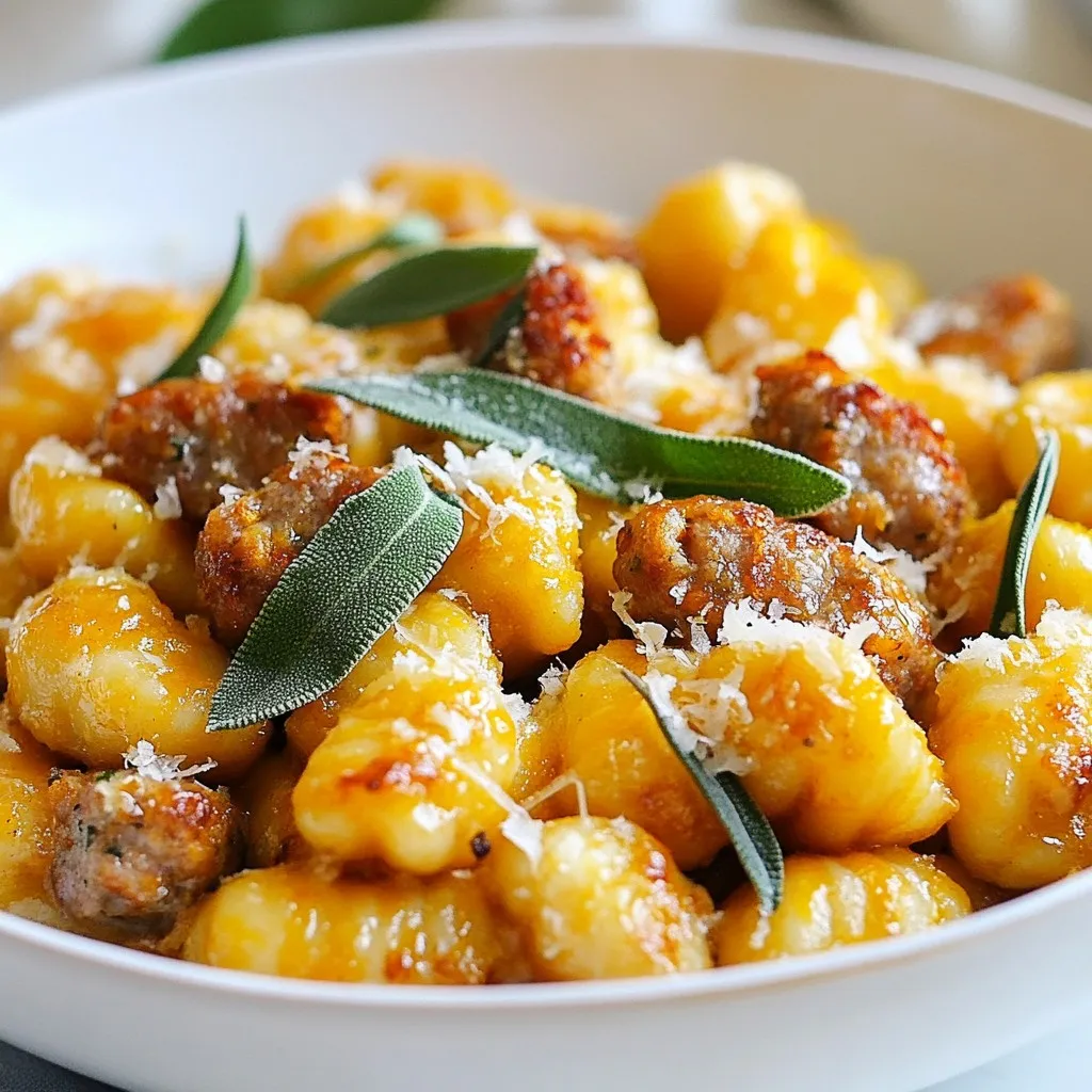 - 2 cups butternut squash, peeled and cut into 1-inch cubes - 1 cup creamy ricotta cheese - 1 pound Italian sausage, casings removed The main stars of this dish are butternut squash, ricotta cheese, and Italian sausage. Butternut squash brings a sweet, nutty flavor. Ricotta adds creaminess, making the gnocchi soft. Italian sausage gives a savory taste that pairs well with the squash. - 2 cups all-purpose flour (plus additional for dusting) - 1 large egg - 1/4 cup fresh sage leaves, roughly chopped - 1/2 cup freshly grated Parmesan cheese All-purpose flour binds the dough, while the egg helps it hold shape. Fresh sage adds a lovely herbal note. Parmesan cheese enhances the flavor with its salty richness. - Sea salt and black pepper - 1 tablespoon extra-virgin olive oil - 1 teaspoon freshly grated nutmeg Seasoning is key. Sea salt and black pepper boost all the flavors. Olive oil coats the squash for roasting. Freshly grated nutmeg adds warmth and depth, lifting the dish from simple to extraordinary. Using these fresh, quality ingredients will make your butternut squash gnocchi with sausage a savory delight. Each component plays a vital role in creating a comforting and delicious meal. Enjoy the process of cooking and the wonderful aromas that fill your kitchen! {{ingredient_image_2}} - Preheat your oven to 400°F (200°C). - Take a baking sheet and line it with parchment paper for easy cleanup. - Place the butternut squash cubes on the sheet. - Drizzle with extra-virgin olive oil, then sprinkle with sea salt and black pepper. - Toss the squash until it is evenly coated. - Roast in the oven for about 25 minutes. - Look for tender squash with a light caramelization on the edges. Roasting brings out the sweetness in the squash. You want it soft and slightly charred for the best flavor. - Grab a large mixing bowl and mash the roasted squash with a fork or potato masher. - Stir in the creamy ricotta cheese until well combined. - Crack in the large egg and add the freshly grated nutmeg. - Mix everything thoroughly to create a smooth mixture. - Gradually add the all-purpose flour, a little at a time. - Keep mixing until the dough forms a soft, workable mass. The dough should not stick too much to your hands. If it feels too sticky, add more flour. - Lightly flour your work surface to prevent sticking. - Take a portion of the dough and roll it into a rope about 1/2 inch thick. - Cut the rope into 1-inch pieces to form gnocchi. - For texture, press the back of a fork against each piece. Shaping the gnocchi is fun and easy. The fork marks help the sauce cling better when you serve them. - How to check dough consistency Your dough should feel soft and smooth. If it sticks to your hands, add a bit more flour. If it feels too dry, you may need a splash of water or an extra egg. - Rolling techniques for even pieces Roll the dough gently into a rope. Aim for about 1/2 inch thick. Use a light touch to keep it even. Cut into 1-inch pieces for uniform cooking. Press a fork on each piece for texture. - Timing for cooking gnocchi and sausage Cook the gnocchi first. It takes about 2-3 minutes in boiling water. Start the sausage while the gnocchi cooks. This way, both will be ready at the same time. - How to avoid water splatter When adding gnocchi to boiling water, drop them in gently. Use a slotted spoon to avoid splashes. This keeps your kitchen clean and safe. - Best garnishes to enhance flavor Top your dish with fresh sage leaves and a sprinkle of Parmesan cheese. A drizzle of olive oil adds richness. Black pepper gives a nice kick. - Recommended side dishes for a complete meal Serve with a light salad or roasted veggies. Garlic bread also pairs well. These sides balance the rich flavors of the gnocchi and sausage. Pro Tips Use Fresh Sage: Opt for fresh sage leaves instead of dried for a more vibrant flavor profile in your dish. Don’t Overwork the Dough: Mix the gnocchi dough just until combined to avoid tough gnocchi. It should be soft and slightly sticky. Test Gnocchi Before Cooking: Boil a small piece of gnocchi first to check the texture. It should float to the top when ready. Customize Your Sausage: Try different types of sausage, such as spicy or sweet, to tailor the dish to your taste preferences. {{image_4}} If you want to switch things up, try using different proteins. Chicken or turkey can replace the Italian sausage. These meats add a lighter taste while keeping the dish hearty. For a vegan option, swap the ricotta cheese with tofu or a vegan cream cheese. Use plant-based sausage to keep the flavor strong without meat. You can change the taste of your gnocchi by adding herbs or spices. Fresh thyme or rosemary works well with butternut squash. Spice it up with crushed red pepper for heat or smoked paprika for depth. Experiment with sauces too. Instead of using a simple drizzle of olive oil, try a creamy Alfredo or a tangy marinara. Each sauce offers a new twist on the dish. Using seasonal vegetables can enhance your gnocchi. In fall, add roasted Brussels sprouts or kale. During spring, fresh peas or asparagus can lighten the meal. You can also adapt this dish for holidays. Serve it with a side of roasted root vegetables for Thanksgiving. Or, top it with toasted walnuts for a festive touch during winter gatherings. To store leftovers, place the gnocchi and sausage in an airtight container. Keep it in the refrigerator. This way, it stays fresh longer. It can last for about three days. Make sure to check for any off smells before eating. Freezing uncooked gnocchi is easy. First, lay the gnocchi in a single layer on a baking sheet. Make sure they don’t touch each other. Freeze them for about one hour. Once frozen, transfer them to a freezer bag. They can last for up to three months in the freezer. To reheat frozen meals, simply place the frozen gnocchi in boiling water. Cook them until they float. This usually takes about 3-5 minutes. For the sausage, heat it in a skillet until hot. Combine them together and enjoy! Leftover gnocchi and sausage can be transformed into new dishes. Try adding them to a hearty soup. They also work great in a baked casserole with cheese and veggies. Another idea is to toss them in a salad with fresh greens. These options help reduce waste while keeping meals interesting. You can mix and match flavors for fun new meals. Don’t hesitate to get creative with your leftovers! You can tell gnocchi is ready when it floats. It usually takes about 2-3 minutes. When the gnocchi rise to the top of the boiling water, they are done. You should check them to ensure they are tender. If they are still hard, give them another minute. Cooking gnocchi is quick, so stay close! Yes, you can prepare gnocchi in advance. After shaping them, place the gnocchi on a floured baking sheet. Make sure they do not touch each other. You can store them in the fridge for a day or two. If you want to keep them longer, freeze the uncooked gnocchi. Just remember to freeze them in a single layer first. Once they are frozen, you can move them to a bag. This way, you can enjoy them anytime! Butternut squash gnocchi pairs well with many sides. You can serve it with a fresh salad to balance the rich flavors. A simple arugula salad with lemon dressing works great. You might also enjoy garlic bread for a comforting touch. Another idea is to add steamed vegetables like broccoli or green beans. These sides will make your meal even more delightful! Butternut squash gnocchi combines rich flavors and simple steps. We explored key ingredients, from squash to sausage, and shared tips for perfect results. Remember, gnocchi cooking is about timing and texture. You can customize with different proteins or herbs too. Store leftovers safely and use fresh ideas for future meals. With these tricks in hand, you can create a delicious dish that impresses everyone at the table. Enjoy the cooking journey, and don't hesitate to experiment with this wonderful recipe!