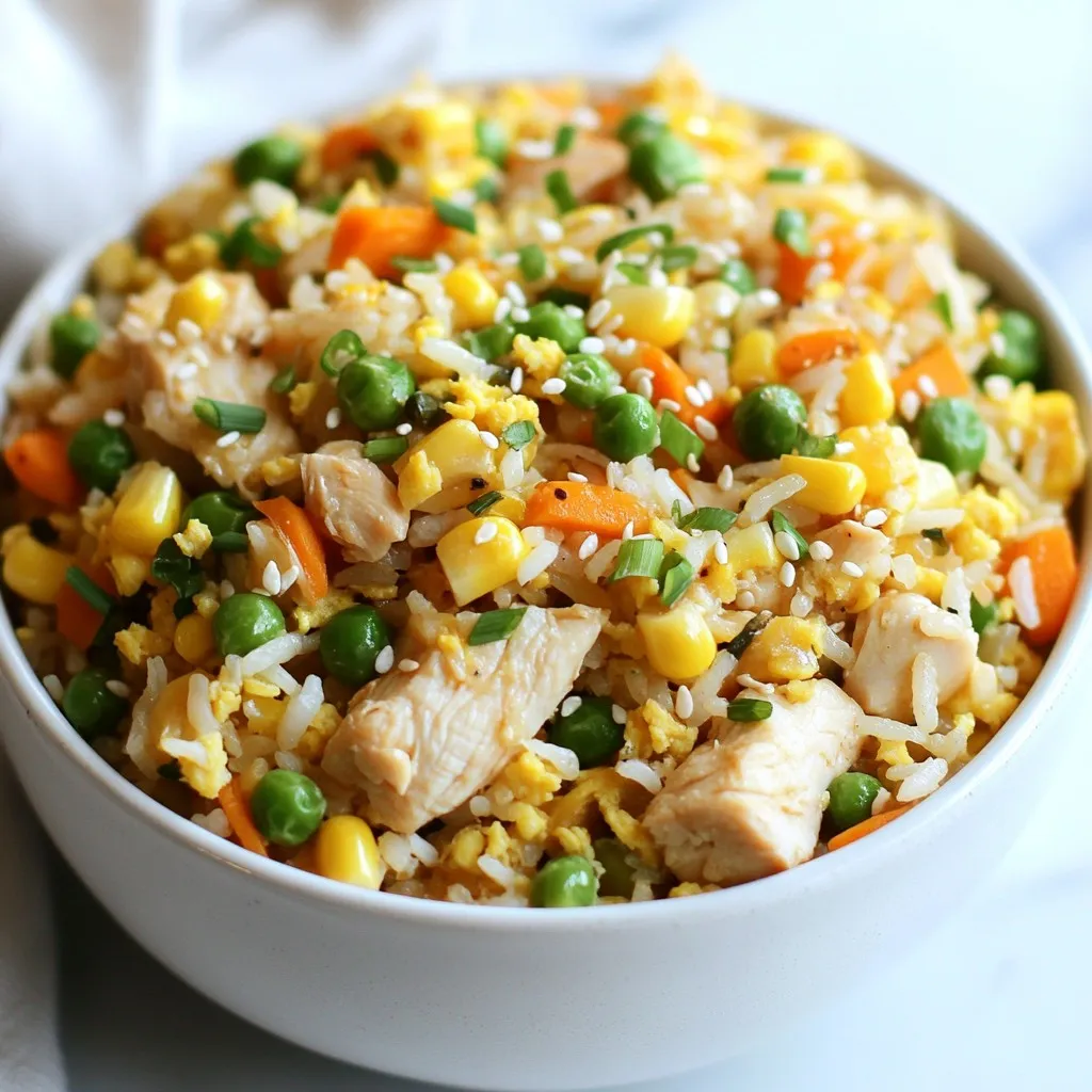 - 1 lb chicken breast, diced into bite-sized pieces - 2 large eggs, beaten until smooth - 1 cup mixed vegetables (peas, carrots, and corn) Protein is key in this recipe. The diced chicken breast is lean and cooks quickly. It gives your meal a solid base of protein. Eggs add richness and texture. They also help bind the rice together. Mixed vegetables bring color and nutrients. They make your dish tasty and healthy. - 3 tablespoons soy sauce (adjust to taste) - 2 tablespoons sesame oil (for a nutty flavor) - 2 cloves garlic, minced - 1 teaspoon ginger, freshly grated Flavor is crucial for great fried rice. Soy sauce gives saltiness and depth. Sesame oil adds a warm, nutty taste that enhances the dish. Garlic and ginger bring freshness and zest. They make your kitchen smell amazing while cooking. - Sesame seeds for garnish - 3 green onions, finely chopped (separate the white and green parts) Garnishes can elevate your meal. Sesame seeds add a nice crunch and visual appeal. Green onions add freshness and a pop of color. You can sprinkle them on top for a beautiful finish. This makes your chicken fried rice look and taste even better. {{ingredient_image_2}} First, I heat olive oil in a large skillet over medium-high heat. The oil should shimmer when it's hot. Next, I add the diced chicken breast to the skillet. I season it with salt and pepper for good flavor. I cook the chicken for about 5 to 7 minutes. I stir it often until it turns golden brown and is fully cooked. Once done, I take the chicken out and set it aside on a plate. Now, I focus on the garlic and ginger. They add a lot of flavor to the dish. I pour sesame oil into the same skillet I just used. I let it heat for a moment. Then, I add minced garlic and freshly grated ginger. I cook them for about 30 seconds. It’s important to watch them closely so they don’t burn. The smell is amazing! Next, it’s time to scramble the eggs. I push the garlic and ginger to one side of the skillet. I pour the beaten eggs into the empty space. I gently scramble them until they are fully cooked. Then, I mix the eggs with the garlic and ginger. After that, I toss in the mixed vegetables. I stir-fry everything for about 2 to 3 minutes. This helps the vegetables heat and soften a bit. Now, I add the cooked jasmine rice and the chicken back into the skillet. I pour soy sauce over the top. Using a spatula, I mix all the ingredients well. I stir-fry for another 3 to 5 minutes. This ensures everything is heated through. Finally, I add chopped green onions to the mix. I save some green tops for garnish later. I taste the dish and adjust the seasoning if needed. Now, it's ready to serve! Using day-old rice makes a big difference. Fresh rice is too sticky for fried rice. Day-old rice dries out a bit, which helps it fry well. This keeps each grain separate. When you cook it, the rice will take on the flavors better. To cook perfect fried rice, use high heat. A large skillet or wok works best. Heat your oil until it shimmers. Then, add your ingredients in stages. Start with protein, then add aromatics, and finally the rice. This method helps each part cook evenly. Balancing the soy sauce flavor is key. Use three tablespoons to start, but taste as you go. If it’s too salty, add a touch of sugar. This helps balance the flavors. You can also add a splash of lime juice for brightness. For spiciness, add red pepper flakes or sriracha. Start with a small amount and increase to your taste. You can also try adding a bit of curry powder or sesame oil for a different twist. For leftovers, store in an airtight container. This keeps the rice fresh and prevents drying out. It’s best eaten within three days. To reheat, use the microwave or a skillet. If using the microwave, add a splash of water. This helps steam the rice so it doesn’t dry out. Stir occasionally to heat evenly. If using a skillet, add a little oil to prevent sticking. This ensures your fried rice stays delicious! Pro Tips Use Day-Old Rice: Using day-old jasmine rice helps achieve the perfect texture, preventing the dish from becoming mushy. High Heat Cooking: Stir-frying on high heat allows the ingredients to cook quickly, preserving their flavors and preventing sogginess. Customize Your Veggies: Feel free to swap in your favorite vegetables, such as bell peppers or broccoli, to suit your taste! Garnish for Flavor: Don't skip the sesame seeds and reserved green onion tops; they add a delightful crunch and fresh flavor to the dish. {{image_4}} You can switch up proteins in your chicken fried rice. Try beef, shrimp, or tofu. Each choice adds its own flavor. - Beef: Use thin slices of flank steak. Cook for about 3-5 minutes until browned. - Shrimp: Use peeled shrimp. Cook until pink, about 2-3 minutes. - Tofu: Use firm or extra-firm tofu. Cube it and pan-fry until golden, about 5-7 minutes. Adjust cooking times based on the protein. Chicken takes longer than shrimp but less than tofu. Seasonal vegetables can add fun to your fried rice. Choose what’s fresh and colorful. - Spring: Add asparagus or snap peas. - Summer: Use zucchini or bell peppers. - Fall: Try pumpkin or butternut squash. - Winter: Consider broccoli or Brussels sprouts. Increase your veggie intake by adding more. Aim for half your plate to be veggies. You can make a vegan version of chicken fried rice. Replace chicken and eggs with plant-based foods. - Chicken: Use chickpeas or lentils for protein. - Eggs: Replace eggs with scrambled tofu. Mix it with turmeric for color. Check the protein content in your vegan meals. Ensure you meet your daily needs with these swaps. To keep your protein chicken fried rice fresh, store leftovers in airtight containers. Divide the rice into smaller portions for easy access. This makes it simple to grab a quick meal. Place the containers in the fridge. They will stay good for up to four days. You can freeze protein chicken fried rice for later. Let it cool completely before placing it in a freezer-safe container. Squeeze out any air to prevent freezer burn. It can last for up to three months in the freezer. When ready to eat, thaw it in the fridge overnight. Reheat it in a skillet over medium heat until hot, stirring often. In the fridge, your chicken fried rice will last about four days. In the freezer, it lasts up to three months. Look for signs of spoilage like an off smell or discoloration. If you see these signs, it’s best to toss the dish. Always trust your senses to keep your meals safe. Yes, you can use other types of rice. Here are some good options for fried rice: - Long-grain rice: It stays fluffy and separate. - Basmati rice: It adds a nice aroma and flavor. - Brown rice: It adds fiber and a nutty taste. - Cauliflower rice: A low-carb choice that’s very popular. Day-old rice is best because it has less moisture. Fresh rice can become mushy. To add heat to your chicken fried rice, try these ideas: - Add chili flakes or powder while cooking. - Mix in sliced fresh chilies for a kick. - Drizzle with sriracha sauce before serving. - Use spicy soy sauce for an extra zing. You can adjust the heat to match your taste. Yes, this recipe is great for meal prep. Here are some benefits: - You can make it in advance and store it. - It reheats well, keeping its flavor and texture. - It saves time for busy weeknights. - You can portion it out for easy lunches. Meal prepping helps you eat healthier and saves money. In this article, we covered key ingredients, step-by-step instructions, and helpful tips for making delicious chicken fried rice. You learned how to choose protein, enhance flavors, and adjust textures. Remember to store leftovers properly and explore variations like tofu or shrimp. With these insights, you can whip up a tasty dish for any occasion. Enjoy experimenting in the kitchen and delighting your taste buds!