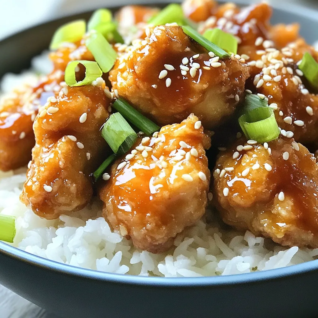 For Honey Sesame Chicken, gather these items: - 1 lb boneless, skinless chicken thighs, cut into bite-sized pieces - 1/2 cup all-purpose flour - 1/4 cup cornstarch - 1 tsp salt - 1/2 tsp black pepper - 1/2 tsp garlic powder - 1/4 tsp cayenne pepper (optional, for a spicy kick) - 1/2 cup honey - 1/4 cup low-sodium soy sauce - 1 tbsp rice vinegar - 1 tbsp sesame oil - 2 tablespoons vegetable oil (for frying) - 1/4 cup toasted sesame seeds (for garnish) - 3 green onions, finely sliced (for garnish) - Cooked white rice or jasmine rice (for serving) Measuring ingredients helps ensure great taste. Use dry measuring cups for flour and cornstarch. Level off the top for accuracy. For liquids, use a clear measuring cup. Check at eye level. Always use a scale for precise weight, especially for chicken. This keeps your dish balanced and flavorful. Fresh ingredients often bring brighter flavors. Use fresh garlic for a strong taste. Dried spices can work, but they may not have the same punch. For sesame seeds, toasted adds depth. If you opt for dried herbs, use them sparingly. Their flavor is more concentrated. Fresh green onions give a nice crunch and bright color to the dish. {{ingredient_image_2}} Start by gathering your chicken. Use 1 pound of boneless, skinless chicken thighs. Cut them into bite-sized pieces. Next, grab a medium mixing bowl. In it, whisk together: - 1/2 cup all-purpose flour - 1/4 cup cornstarch - 1 tsp salt - 1/2 tsp black pepper - 1/2 tsp garlic powder - 1/4 tsp cayenne pepper (optional) Add the chicken pieces to the bowl. Toss them well so each piece is coated with the mix. This coating will help the chicken turn crispy when fried. Heat a large skillet or wok over medium-high heat. Add 2 tablespoons of vegetable oil. Wait until the oil is hot. This step is key for a good fry. Add the chicken in batches. Don’t crowd the pan. Fry each batch for about 5 to 7 minutes. You want the chicken to turn golden brown and be cooked through. Use a slotted spoon to remove the chicken, and place it on a plate lined with paper towels. This will soak up any extra oil. After frying, it’s time to make the sauce. Carefully drain the excess oil from the skillet, leaving about 1 tablespoon. Lower the heat to medium. Add the following ingredients to the skillet: - 1/2 cup honey - 1/4 cup low-sodium soy sauce - 1 tbsp rice vinegar - 1 tbsp sesame oil Whisk the sauce together until smooth. Allow it to simmer for about 3 to 5 minutes. This will thicken the sauce slightly. Once it's ready, return the fried chicken to the skillet. Toss the chicken gently in the sauce. Cook for an additional 1 to 2 minutes to let the flavors blend. Frying chicken is simple but needs care. Start with dry chicken pieces. Pat them with paper towels to remove moisture. This helps the coating stick better. Use a heavy skillet or wok for even heating. Heat your oil until it's hot but not smoking. You can test the oil by dropping in a small piece of chicken. If it sizzles, it's ready. Fry in small batches. Overcrowding cools the oil and makes the chicken soggy. Cook until golden brown, about 5-7 minutes. If your sauce is too thin, simmer it longer. This cooks off extra liquid and thickens the sauce. If it’s too thick, add a splash of water or more soy sauce. Mix it well and heat until it reaches your desired thickness. You can boost the flavor with more ingredients. Try adding vegetables like bell peppers or snap peas. They add crunch and nutrition. For a spicy kick, toss in some crushed red pepper flakes. If you like garlic, add minced garlic to the sauce. These simple tweaks make your dish even better. Enjoy your cooking! Pro Tips Ensure Even Coating: Make sure each piece of chicken is evenly coated with the flour and cornstarch mixture for a consistent texture and crunch when frying. Oil Temperature Matters: Test the oil temperature by dropping a small piece of chicken in; it should sizzle immediately. This ensures a crispy exterior without absorbing too much oil. Thickening the Sauce: Allow the sauce to simmer for a few minutes to achieve the right thickness; this will help it cling better to the chicken. Garnish for Flavor and Color: Don’t skip the sesame seeds and green onions; they not only add flavor but also enhance the visual appeal of the dish. {{image_4}} You can boost the nutrition of your Honey Sesame Chicken by adding veggies. This not only enhances the dish but also adds color and flavor. Good options include: - Broccoli florets - Bell peppers, sliced - Snap peas - Carrots, julienned To add them, stir-fry the vegetables in the skillet before adding the sauce. This way, they stay crisp and vibrant. You can use any vegetables you enjoy or have on hand. If you want to switch up the protein, there are many tasty choices. Instead of chicken, consider using: - Tofu for a vegetarian option - Shrimp for a seafood twist - Beef strips for a heartier meal Ensure you adjust cooking times based on your chosen protein. Each option offers a unique flavor and texture to the dish. You can easily change the sweetness of your Honey Sesame Chicken. If you want it sweeter, add more honey. Start with an extra tablespoon and taste as you mix. If you prefer less sweetness, reduce the honey. You can also balance it with more soy sauce for a savory kick. Finding the right sweetness makes this dish perfect for your taste! After you enjoy your Honey Sesame Chicken, store leftovers in the fridge. Place it in an airtight container. This keeps the chicken fresh for up to three days. Make sure it cools to room temperature before sealing. If you leave it out too long, it can spoil. When reheating, use the stovetop for the best results. Heat a skillet over medium heat. Add a splash of water or oil to keep it moist. Stir occasionally until the chicken is hot. You can also use a microwave, but the stovetop keeps it crispy. To freeze, let the dish cool completely. Place it in a freezer-safe bag or container. Remove as much air as possible to prevent freezer burn. It can last up to three months in the freezer. When ready to eat, thaw it in the fridge overnight before reheating. Yes, you can make Honey Sesame Chicken in advance. Cook the chicken and sauce as directed. Allow them to cool before storing. Place the chicken and sauce in an airtight container. Store in the fridge for up to three days. When ready to serve, just reheat the chicken in a pan. This keeps the flavors fresh. Honey Sesame Chicken pairs well with many sides. Here are some great options: - Steamed broccoli - Fried rice - Snap peas - Stir-fried vegetables - Asian-style coleslaw - Egg rolls These sides add color and balance to the meal. To add spice, use cayenne pepper in the flour mix. Start with 1/4 teaspoon. You can increase it for more heat. Another option is to add red pepper flakes to the sauce. Fresh jalapeños can also give it a kick. Adjust the spice to your taste for a perfect dish. You learned how to create delicious Honey Sesame Chicken with clear steps and tips. We covered the best ingredients, preparation, and frying methods. You now have advice on customizing flavors and storing leftovers. Remember, cooking is fun! Try new ideas and adjust the recipe to your taste. You can enjoy this dish any night of the week, impressing family and friends. Enjoy your cooking adventure and savor every bite!