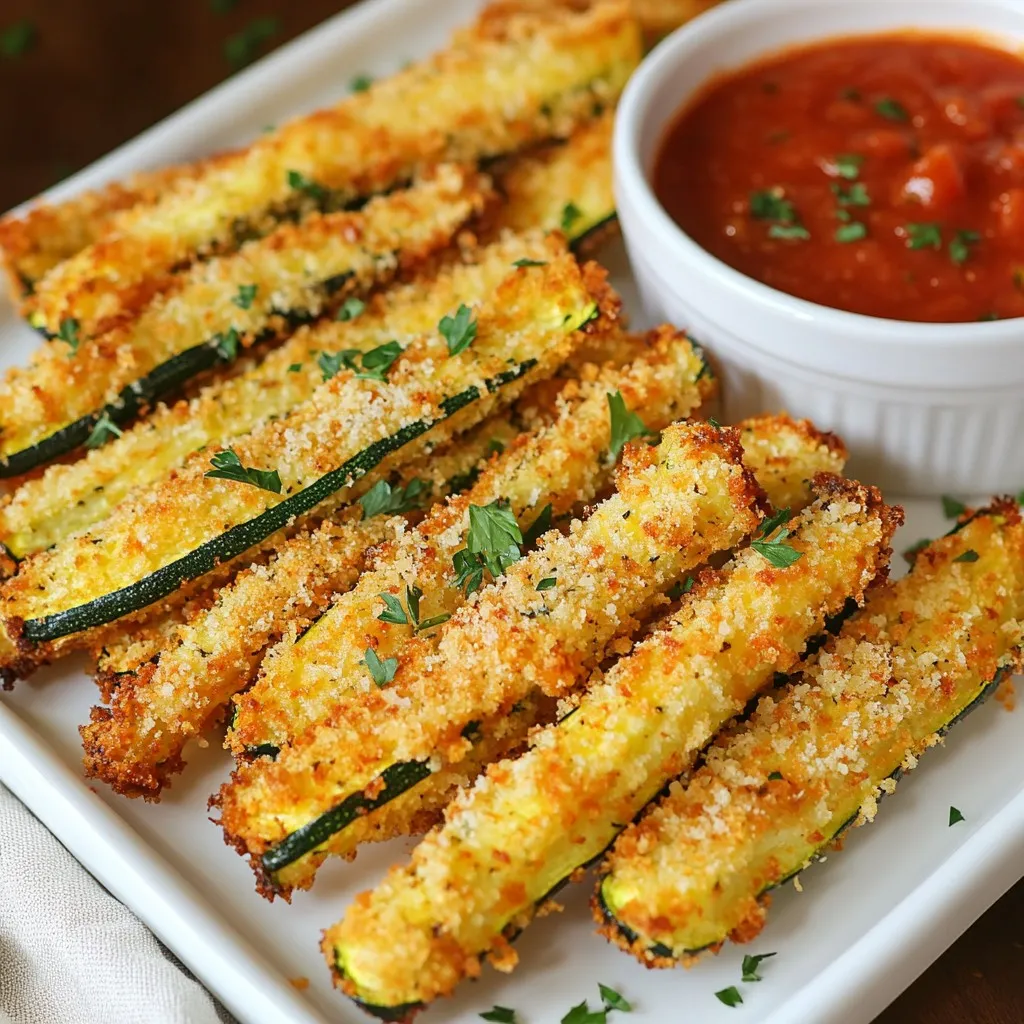 - 2 medium zucchinis - 1/2 cup grated Parmesan cheese - 1/2 cup panko breadcrumbs - 1 teaspoon garlic powder - 1 teaspoon onion powder - 1/2 teaspoon dried oregano - 1/2 teaspoon salt - 1/4 teaspoon black pepper - 1 large egg - Cooking spray - Optional garnishes This snack starts with fresh zucchinis. Slice them into fry shapes. Aim for even sizes to help them cook well. Next, you need grated Parmesan cheese. It adds a great flavor and saltiness. Panko breadcrumbs are key too. They give the fries that crunchy texture we all love. For flavor, combine garlic powder, onion powder, dried oregano, salt, and black pepper. These spices work together to create a tasty bite. The egg acts as a glue. It helps the coating stick to the zucchini. Finally, don’t forget the cooking spray. A light spray makes a big difference in crispiness. You can also add optional garnishes. Fresh parsley or more Parmesan make it look fancy. Enjoy this easy and healthy snack! {{ingredient_image_2}} - Preheat air fryer to 400°F (200°C). - Prepare the air fryer basket by lightly spraying it with cooking spray. - In a shallow bowl, mix together: - 1/2 cup grated Parmesan cheese - 1/2 cup panko breadcrumbs - 1 teaspoon garlic powder - 1 teaspoon onion powder - 1/2 teaspoon dried oregano - 1/2 teaspoon salt - 1/4 teaspoon black pepper - This mixture gives your fries great flavor and crunch. - In a separate bowl, beat one large egg until frothy. - Take each zucchini fry and dip it in the egg. Allow excess egg to drip off. - Roll the egg-coated zucchini in the Parmesan-breadcrumb mixture. Press gently to coat well. - Arrange the coated zucchini fries in a single layer in the air fryer basket. - Make sure they do not overlap for even cooking. - Lightly spray the tops of the fries with cooking spray. - Cook the zucchini fries for 10-12 minutes. Flip them halfway through for even browning. - Once golden brown, remove them from the air fryer. Let them cool slightly before serving. To get those perfect zucchini fries, preheat your air fryer to 400°F (200°C). This step is key. It helps the fries cook evenly and get crispy all around. If you skip this, your fries may turn out soft or soggy. To avoid sogginess, lay the zucchini fries in a single layer. Overlapping them traps steam, which makes them mushy. Air needs space to circulate for that ideal crunch. Zucchini fries pair wonderfully with dips. Try marinara sauce or garlic aioli. Both add great flavor. For a fun twist, mix some hot sauce into the aioli. For a nice presentation, serve the fries on a colorful platter. Add a small bowl for your dip in the center. Sprinkle fresh parsley or extra Parmesan on top for a tasty look. One common mistake is overlapping zucchini fries in the air fryer. This can make them unevenly cooked. Always spread them out for the best results. Another mistake is not using enough coating. A thin layer won’t give you the crunchy texture you want. Make sure to coat each fry well in both the egg and the Parmesan-breadcrumb mix. This will enhance the crunchiness and flavor. Pro Tips Choose the Right Zucchini: Select firm, medium-sized zucchinis for the best texture. Avoid oversized zucchinis, as they can be watery and less flavorful. Experiment with Seasonings: Feel free to add your favorite spices or herbs to the breadcrumb mixture. Smoked paprika or Italian seasoning can give an extra depth of flavor. Don’t Overcrowd the Basket: For optimal crispiness, arrange the zucchini fries in a single layer without overlapping. You can cook them in batches if necessary. Store Properly: If you have any leftovers, store them in an airtight container in the fridge. Reheat in the air fryer for a few minutes to regain their crispiness. {{image_4}} You can switch up the cheese for fun. Cheddar adds sharpness. Mozzarella gives a creamy texture. Feta brings a tangy kick. Each cheese changes the taste, so feel free to experiment. Add spices for extra flavor. Try paprika for smokiness or Italian herbs for a fresh taste. If you like heat, cayenne pepper adds a nice kick. Just a pinch can make a big difference. You can use different veggies, too. Sweet potatoes make a sweet and savory fry. Eggplant fries are soft and absorbent. Both options are tasty and fun to try. Don't be afraid to mix it up! To store leftover zucchini fries, place them in an airtight container. I recommend letting them cool first. This helps keep them crispy. Store them in the fridge for up to three days. When you're ready to eat, you can reheat them for the best taste. For the best crispiness, use the air fryer for reheating. Preheat your air fryer to 400°F (200°C). Heat the fries for about 5 minutes. This method keeps them crunchy and tasty. You can also use an oven if you don’t have an air fryer. Heat them at 400°F (200°C) for about 10 minutes. Avoid using a microwave as it will make them soggy. Yes, you can freeze air fryer zucchini fries! To freeze, first, let them cool completely. Then, place them in a single layer on a baking sheet and freeze for about an hour. Once frozen, transfer them to a freezer bag. They can last for up to three months. When you're ready to cook, no need to thaw! Just air fry them straight from the freezer at 400°F (200°C) for 12-15 minutes. Air fryer zucchini fries last about 2-3 days in the fridge. To store them, place them in an airtight container. Make sure they are cool before sealing. This helps keep them fresh. Reheating them can make them crispy again. Yes, you can make zucchini fries in the oven. Preheat your oven to 425°F (220°C). Arrange the coated zucchini on a baking sheet. Bake for about 20-25 minutes, flipping halfway. Keep an eye on them, so they don’t burn. You can serve these fries with marinara sauce or garlic aioli. Both dips add flavor and richness. For a fun twist, try serving with ranch dressing or spicy ketchup. They also pair well with burgers or salads. Yes, air fryer zucchini fries are a healthy snack. They use less oil than deep-fried options. Zucchini is low in calories and high in nutrients. Plus, the Parmesan adds protein and flavor without too many extra calories. Enjoy them guilt-free! Air fryer zucchini fries are a tasty, healthy snack. You start with fresh zucchini and coat them in Parmesan cheese and panko breadcrumbs. After air frying, the fries turn out crispy. Remember to preheat your air fryer for the best results. You can mix up the cheese and spices for different flavors. Store leftovers in the fridge or freeze them. Enjoy these fries with your favorite dips. Now, you can impress everyone with this simple, smart snack!