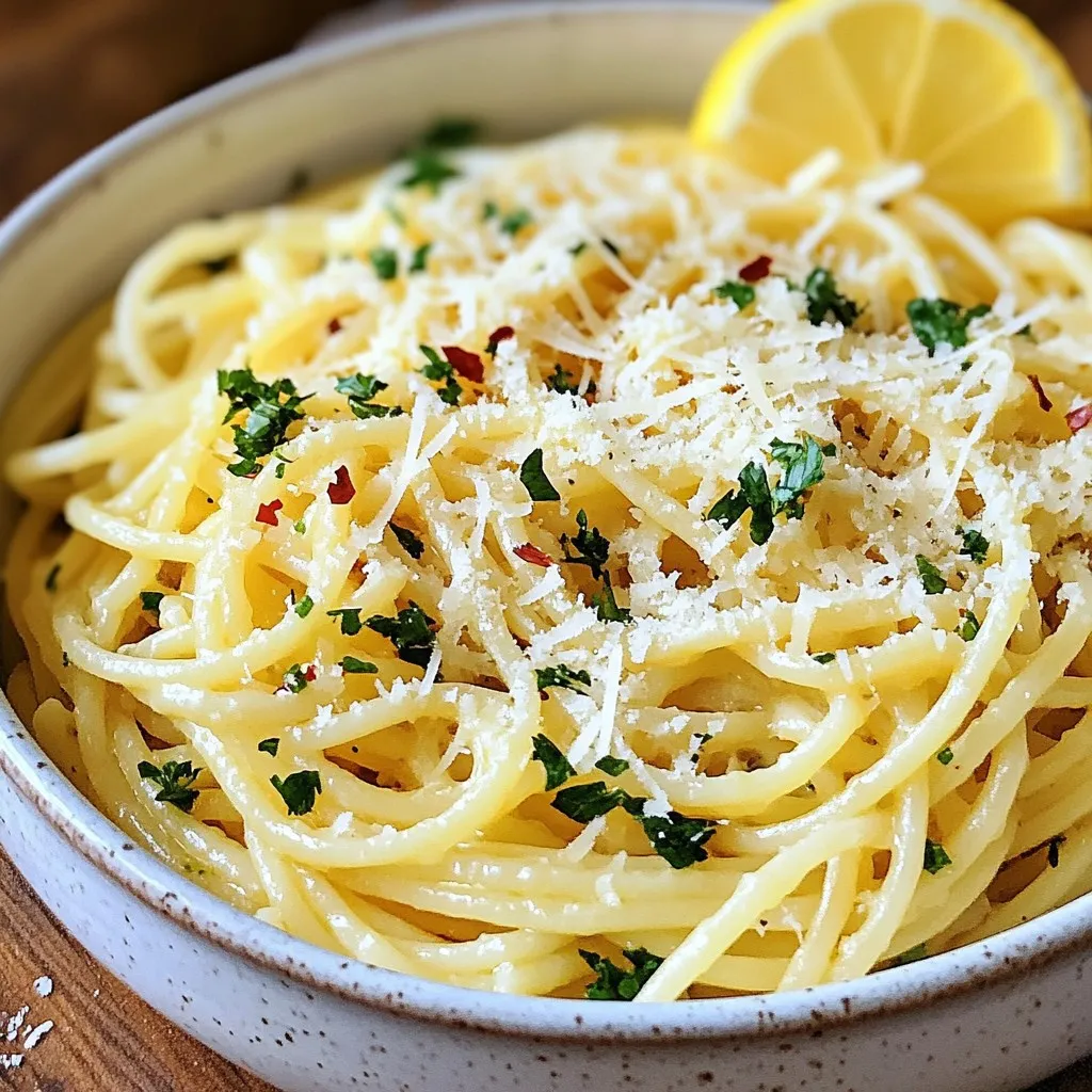 - Spaghetti (12 oz) - Unsalted butter (4 tablespoons) - Minced garlic (6 cloves) - Red pepper flakes (1 teaspoon) - Freshly grated Parmesan cheese (1 cup) - Fresh parsley (1/2 cup) - Reserved pasta water (1/2 cup) - Salt and freshly ground black pepper - Lemon zest (optional) Garlic Parmesan Spaghetti is simple yet full of flavor. You start with 12 ounces of spaghetti. Use good quality spaghetti for the best taste. Next, you need 4 tablespoons of unsalted butter. This helps create a rich flavor. You will also use 6 cloves of minced garlic. Fresh garlic makes a big difference in taste. For some heat, add 1 teaspoon of red pepper flakes. You can adjust this based on your spice level. The dish shines with 1 cup of freshly grated Parmesan cheese. This cheese adds a creamy texture and salty flavor. You will need 1/2 cup of fresh parsley, chopped, for freshness. It gives a nice pop of color too. Don't forget to reserve 1/2 cup of pasta water. This starchy water helps to create the sauce. Lastly, season with salt and freshly ground black pepper. Optionally, you can add some lemon zest for a bright touch. These ingredients come together to make a quick and tasty meal. Each one plays an important role in balancing flavors. {{ingredient_image_2}} - Bring a large pot of salted water to a boil. - Add 12 oz of spaghetti and cook until al dente. - Before draining, save 1/2 cup of pasta water, then drain the spaghetti. - In a large skillet, heat 4 tablespoons of unsalted butter over medium heat. - Add 6 cloves of minced garlic and sauté until fragrant but not golden. - Sprinkle in 1 teaspoon of red pepper flakes and stir for 30 seconds. - Toss the drained spaghetti in the garlic butter, coating it well. - Gradually add 1 cup of freshly grated Parmesan cheese and mix. - If the pasta feels dry, pour in the reserved pasta water slowly. - Season with salt and freshly ground black pepper to taste. - For a zesty touch, fold in the zest of 1 lemon. - Finish by adding 1/2 cup of coarsely chopped fresh parsley and mix well. To make the sauce just right, adjust the pasta water. This water has starch, which helps create a smooth sauce. If your sauce is thick, add more pasta water. If it’s too thin, let it cook a bit longer. For cheese, I always use fresh Parmesan. It has a rich flavor that makes the dish shine. Grate it yourself for the best taste. Store-bought grated cheese lacks the same depth. You can add more spices to make the dish unique. Try Italian herbs like oregano or basil. A pinch of black pepper gives a nice kick too. If you want more protein, add cooked chicken or shrimp. For a veggie boost, toss in some spinach or cherry tomatoes. Both options pair well with the garlic and cheese. Serve the spaghetti in warm bowls to keep it hot. A sprinkle of extra Parmesan on top makes it look nice. Add fresh parsley for color and flavor. For a zesty touch, place a lemon wedge on the side. This lets you squeeze fresh juice on your dish right before eating. It brightens the flavors and looks great on the plate! Pro Tips Use Fresh Ingredients: For the best flavor, always opt for fresh garlic and high-quality Parmesan cheese. Fresh ingredients can significantly enhance the overall taste of the dish. Adjust the Spice Level: Feel free to modify the amount of red pepper flakes to suit your taste. Start with less if you're unsure, and add more as needed for extra heat. Pasta Water is Key: The reserved pasta water is crucial for achieving the perfect sauce consistency. Add it gradually to avoid making the dish too watery. Garnish for Presentation: A sprinkle of extra Parmesan and a handful of fresh parsley not only enhance the flavor but also make your dish visually appealing. A lemon wedge on the side adds a refreshing touch. {{image_4}} For those with gluten sensitivity, you can still enjoy this dish. Use gluten-free pasta, like chickpea or brown rice spaghetti. These alternatives cook well and offer similar textures. Just follow the package instructions for the best results. This way, you keep the flavors while catering to dietary needs. If you want a vegan twist, swap out a few ingredients. Use olive oil instead of butter. For cheese, try a vegan Parmesan or nutritional yeast. Both options give a cheesy flavor without dairy. You can also add a splash of lemon juice for extra zest. This keeps your dish light and fresh. To kick up the heat, add jalapeños or spicy sausage. Dice fresh jalapeños and toss them in with the garlic. If using sausage, choose a spicy variety and cook it first. Mix it in with the spaghetti for a fiery flavor. Adjust the red pepper flakes to your taste, making it as spicy as you like. This variation is perfect for those who love a little heat in their meals. To store leftovers, place the garlic Parmesan spaghetti in an airtight container. Make sure to let it cool down first. Store it in the fridge. It will stay fresh for up to three days. When you're ready to eat, just reheat it on the stove or in the microwave. If you want to keep the spaghetti longer, freezing is the best option. Place the cooled spaghetti in a freezer-safe bag or container. Remove as much air as you can to prevent freezer burn. It can last for up to three months in the freezer. To reheat, thaw it in the fridge overnight. Then warm it in a pan with a splash of water or broth. In the refrigerator, your garlic Parmesan spaghetti lasts about three days. In the freezer, it can last up to three months. Always check for signs of spoilage before eating leftovers. If it looks or smells off, it’s best to throw it away. To add heat, try more red pepper flakes. You can also use fresh chili peppers. Jalapeños work well, too. If you want a deeper flavor, add spicy sausage. Just cook it first and mix it in with the garlic. Yes, you can use pre-grated Parmesan cheese. However, fresh cheese has a better taste. Pre-grated cheese may lack the rich flavor and creamy texture of fresh cheese. For the best results, I recommend grating cheese yourself. You can use different herbs to change the flavor. Basil or thyme work great for a twist. Oregano adds a nice touch of warmth. Fresh herbs like chives also brighten the dish. Mix and match to find your favorite. Yes, Garlic Parmesan Spaghetti is perfect for meal prep. Cook the pasta and sauce separately. Store them in airtight containers. When you're ready to eat, just heat them together. This keeps the pasta fresh and tasty all week. This blog post gave a full guide for making Garlic Parmesan Spaghetti. We covered the key ingredients, step-by-step cooking, and tips for perfecting your dish. You can also explore variations like gluten-free or vegan options. Remember to store leftovers correctly for the best taste later. Enjoy your cooking journey! This simple yet tasty meal can become a favorite in your home. Happy cooking!