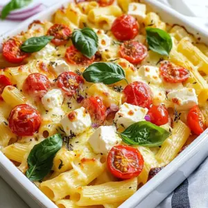 To make this tasty dish, you need: - 300g pasta (penne or rigatoni) - 200g feta cheese, cubed - 400g cherry tomatoes, halved - 1 red onion, diced - 3 garlic cloves, minced - 3 tablespoons olive oil - 1 teaspoon dried oregano - &frac12; teaspoon red pepper flakes (optional, for heat) - Salt and pepper, to taste - &frac12; cup fresh basil leaves, torn - 100g shredded mozzarella cheese You will need a few key items to cook this dish: - Large pot for boiling pasta - Mixing bowl for combining ingredients - Baking dish for the oven - Wooden spoon or spatula for mixing These tools help make cooking easier and more fun! If you need to change some ingredients, here are some ideas: - Pasta: You can use any pasta shape you like. - Feta: Try goat cheese or ricotta for a different taste. - Tomatoes: Canned tomatoes work too, but fresh is best. - Onion: Shallots or green onions can replace red onion. - Herbs: Use Italian seasoning if you don't have oregano. - Cheese: Swap mozzarella with a cheese you enjoy, like cheddar. These swaps keep the dish tasty while using what you have at home! {{ingredient_image_2}} First, gather all your ingredients. You need 300g of pasta, like penne or rigatoni. Next, cut 400g of cherry tomatoes in half. Dice 1 red onion and chop 3 cloves of garlic. Measure out 3 tablespoons of olive oil, 1 teaspoon of dried oregano, and &frac12; teaspoon of red pepper flakes if you want heat. Don't forget salt and pepper for taste. Lastly, have 200g of cubed feta cheese, 100g of shredded mozzarella, and &frac12; cup of fresh basil leaves ready. Preheat your oven to 200&deg;C (400&deg;F) now. Boil water in a large pot. Add a pinch of salt to the water. Once it boils, add your pasta. Cook it according to the package instructions until it's al dente. This usually takes about 8-10 minutes. When it's done, drain the pasta in a colander. Set it aside while you mix the sauce. In a large mixing bowl, combine the halved tomatoes, diced onion, and chopped garlic. Pour in the olive oil, add oregano, red pepper flakes, salt, and pepper. Mix everything until the tomatoes are well coated. Next, add the drained pasta to this mixture and stir gently. Now, spread half of this pasta mix into a baking dish. Sprinkle half of the feta cheese on top. Layer the rest of the pasta mixture over it, followed by the remaining feta. Finally, top it all with the shredded mozzarella cheese. Bake in your preheated oven for 25-30 minutes. You want the cheese to become golden and bubbly. When it's ready, take it out and sprinkle fresh basil on top for extra flavor. Enjoy your meal hot from the oven! To make your feta tomato pasta bake just right, follow these tips. Use the best quality feta you can find. It adds great flavor. Make sure your pasta is al dente. This keeps it firm while baking. Mix the ingredients well to coat everything. This ensures each bite is tasty. Serve the pasta bake hot from the oven. It looks great in individual bowls. Add a sprinkle of fresh basil on top. A drizzle of olive oil adds a nice touch. For extra flavor, serve with crusty bread. It&rsquo;s perfect for sopping up any sauce. You can also pair it with a simple salad. This adds freshness to your meal. Avoid overcooking the pasta. If it&rsquo;s too soft, it will get mushy in the oven. Don&rsquo;t skip the olive oil. It helps everything blend nicely. Make sure to season well with salt and pepper. Taste the mix before baking. Lastly, don&rsquo;t forget the basil at the end. It brightens the dish and makes it pop! Pro Tips Choose the Right Pasta: Opt for sturdier pastas like Penne or Rigatoni that hold up well when baked. Fresh vs. Dried Herbs: While dried oregano works well, using fresh herbs enhances the flavor even more. Customize Your Veggies: Feel free to add other vegetables like bell peppers or spinach for added nutrition and flavor. Make Ahead: Prepare the dish ahead of time and store it in the fridge; bake it just before serving for a quick meal. {{image_4}} You can easily change this recipe to fit your diet. If you want a gluten-free option, use gluten-free pasta. For a vegan twist, swap feta for a plant-based cheese. You can also skip the cheese altogether for a lighter dish. If you need a low-carb version, try zucchini noodles instead of pasta. To add more depth to the dish, consider using fresh herbs. Basil is great, but try thyme or parsley for a new taste. You can also mix in sun-dried tomatoes for sweetness. If you love spice, add more red pepper flakes or a chopped jalape&ntilde;o. A squeeze of lemon juice just before serving can brighten the flavors too. Feel free to get creative with your ingredients. Instead of cherry tomatoes, use diced bell peppers or spinach. You can also try adding cooked chicken or shrimp for extra protein. Swap out the mozzarella for a different cheese like cheddar or gouda if you prefer. These changes keep the dish fresh and fun while still being simple to make! After you finish your delicious feta tomato pasta bake, let it cool. Transfer any leftovers to an airtight container. You can keep it in the fridge for about 3 to 5 days. Make sure to label your container with the date. This way, you know when to eat it. To reheat your pasta bake, preheat your oven to 180&deg;C (350&deg;F). Place your pasta bake in an oven-safe dish. Cover it with foil to keep it moist. Heat it for about 15 to 20 minutes. If you want a crispy top, remove the foil for the last 5 minutes. You can also use a microwave. Heat it in short bursts, stirring in between. This helps it heat evenly. Want to save some for later? You can freeze the pasta bake! First, let it cool completely. Then, wrap it tightly in plastic wrap and foil. You can also use a freezer-safe container. It will stay good for about 2 to 3 months. When you&rsquo;re ready to eat, let it thaw in the fridge overnight. Then, reheat it in the oven for the best taste. To make feta tomato pasta bake, start by preheating your oven to 200&deg;C (400&deg;F). Cook 300g of pasta until it's al dente. Drain the pasta and set it aside. In a large bowl, mix 400g of halved cherry tomatoes, one diced red onion, three minced garlic cloves, three tablespoons of olive oil, one teaspoon of dried oregano, and season with salt and pepper. Stir until the tomatoes are coated. Add the cooked pasta and mix gently. Layer half of the pasta mix in a baking dish, then sprinkle half of 200g of cubed feta cheese. Add the rest of the pasta and top with the remaining feta. Finish with 100g of shredded mozzarella cheese. Bake for 25-30 minutes until golden and bubbly. Top with fresh basil before serving. Yes, you can use different types of cheese. Feta gives a tangy taste, but you could swap it for goat cheese or cream cheese. Mozzarella adds creaminess, but cheddar works well too. Just pick a cheese you enjoy. Mixing cheeses can also create a great flavor blend. The pasta bake can be stored in the fridge for up to three days. Make sure it cools down first before you cover it. You can reheat it in the oven or microwave. If you want to keep it longer, freeze it for up to two months. Just make sure to use a freezer-safe container. In this article, we explored the essential ingredients needed for the feta tomato pasta bake. I shared step-by-step instructions to make it perfectly. You learned tips to avoid common mistakes and ways to mix it up with variations. Storing advice ensures your leftovers stay fresh and tasty. Enjoy this dish knowing you can adapt it to suit your taste. Now, you have all the tools to make a delicious meal. Happy cooking!