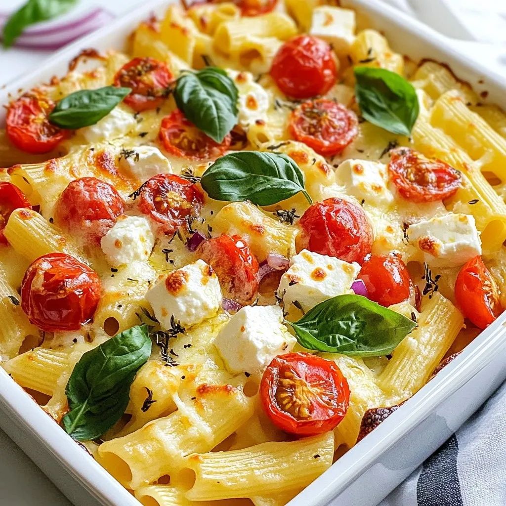 To make this tasty dish, you need: - 300g pasta (penne or rigatoni) - 200g feta cheese, cubed - 400g cherry tomatoes, halved - 1 red onion, diced - 3 garlic cloves, minced - 3 tablespoons olive oil - 1 teaspoon dried oregano - ½ teaspoon red pepper flakes (optional, for heat) - Salt and pepper, to taste - ½ cup fresh basil leaves, torn - 100g shredded mozzarella cheese You will need a few key items to cook this dish: - Large pot for boiling pasta - Mixing bowl for combining ingredients - Baking dish for the oven - Wooden spoon or spatula for mixing These tools help make cooking easier and more fun! If you need to change some ingredients, here are some ideas: - Pasta: You can use any pasta shape you like. - Feta: Try goat cheese or ricotta for a different taste. - Tomatoes: Canned tomatoes work too, but fresh is best. - Onion: Shallots or green onions can replace red onion. - Herbs: Use Italian seasoning if you don't have oregano. - Cheese: Swap mozzarella with a cheese you enjoy, like cheddar. These swaps keep the dish tasty while using what you have at home! {{ingredient_image_2}} First, gather all your ingredients. You need 300g of pasta, like penne or rigatoni. Next, cut 400g of cherry tomatoes in half. Dice 1 red onion and chop 3 cloves of garlic. Measure out 3 tablespoons of olive oil, 1 teaspoon of dried oregano, and ½ teaspoon of red pepper flakes if you want heat. Don't forget salt and pepper for taste. Lastly, have 200g of cubed feta cheese, 100g of shredded mozzarella, and ½ cup of fresh basil leaves ready. Preheat your oven to 200°C (400°F) now. Boil water in a large pot. Add a pinch of salt to the water. Once it boils, add your pasta. Cook it according to the package instructions until it's al dente. This usually takes about 8-10 minutes. When it's done, drain the pasta in a colander. Set it aside while you mix the sauce. In a large mixing bowl, combine the halved tomatoes, diced onion, and chopped garlic. Pour in the olive oil, add oregano, red pepper flakes, salt, and pepper. Mix everything until the tomatoes are well coated. Next, add the drained pasta to this mixture and stir gently. Now, spread half of this pasta mix into a baking dish. Sprinkle half of the feta cheese on top. Layer the rest of the pasta mixture over it, followed by the remaining feta. Finally, top it all with the shredded mozzarella cheese. Bake in your preheated oven for 25-30 minutes. You want the cheese to become golden and bubbly. When it's ready, take it out and sprinkle fresh basil on top for extra flavor. Enjoy your meal hot from the oven! To make your feta tomato pasta bake just right, follow these tips. Use the best quality feta you can find. It adds great flavor. Make sure your pasta is al dente. This keeps it firm while baking. Mix the ingredients well to coat everything. This ensures each bite is tasty. Serve the pasta bake hot from the oven. It looks great in individual bowls. Add a sprinkle of fresh basil on top. A drizzle of olive oil adds a nice touch. For extra flavor, serve with crusty bread. It’s perfect for sopping up any sauce. You can also pair it with a simple salad. This adds freshness to your meal. Avoid overcooking the pasta. If it’s too soft, it will get mushy in the oven. Don’t skip the olive oil. It helps everything blend nicely. Make sure to season well with salt and pepper. Taste the mix before baking. Lastly, don’t forget the basil at the end. It brightens the dish and makes it pop! Pro Tips Choose the Right Pasta: Opt for sturdier pastas like Penne or Rigatoni that hold up well when baked. Fresh vs. Dried Herbs: While dried oregano works well, using fresh herbs enhances the flavor even more. Customize Your Veggies: Feel free to add other vegetables like bell peppers or spinach for added nutrition and flavor. Make Ahead: Prepare the dish ahead of time and store it in the fridge; bake it just before serving for a quick meal. {{image_4}} You can easily change this recipe to fit your diet. If you want a gluten-free option, use gluten-free pasta. For a vegan twist, swap feta for a plant-based cheese. You can also skip the cheese altogether for a lighter dish. If you need a low-carb version, try zucchini noodles instead of pasta. To add more depth to the dish, consider using fresh herbs. Basil is great, but try thyme or parsley for a new taste. You can also mix in sun-dried tomatoes for sweetness. If you love spice, add more red pepper flakes or a chopped jalapeño. A squeeze of lemon juice just before serving can brighten the flavors too. Feel free to get creative with your ingredients. Instead of cherry tomatoes, use diced bell peppers or spinach. You can also try adding cooked chicken or shrimp for extra protein. Swap out the mozzarella for a different cheese like cheddar or gouda if you prefer. These changes keep the dish fresh and fun while still being simple to make! After you finish your delicious feta tomato pasta bake, let it cool. Transfer any leftovers to an airtight container. You can keep it in the fridge for about 3 to 5 days. Make sure to label your container with the date. This way, you know when to eat it. To reheat your pasta bake, preheat your oven to 180°C (350°F). Place your pasta bake in an oven-safe dish. Cover it with foil to keep it moist. Heat it for about 15 to 20 minutes. If you want a crispy top, remove the foil for the last 5 minutes. You can also use a microwave. Heat it in short bursts, stirring in between. This helps it heat evenly. Want to save some for later? You can freeze the pasta bake! First, let it cool completely. Then, wrap it tightly in plastic wrap and foil. You can also use a freezer-safe container. It will stay good for about 2 to 3 months. When you’re ready to eat, let it thaw in the fridge overnight. Then, reheat it in the oven for the best taste. To make feta tomato pasta bake, start by preheating your oven to 200°C (400°F). Cook 300g of pasta until it's al dente. Drain the pasta and set it aside. In a large bowl, mix 400g of halved cherry tomatoes, one diced red onion, three minced garlic cloves, three tablespoons of olive oil, one teaspoon of dried oregano, and season with salt and pepper. Stir until the tomatoes are coated. Add the cooked pasta and mix gently. Layer half of the pasta mix in a baking dish, then sprinkle half of 200g of cubed feta cheese. Add the rest of the pasta and top with the remaining feta. Finish with 100g of shredded mozzarella cheese. Bake for 25-30 minutes until golden and bubbly. Top with fresh basil before serving. Yes, you can use different types of cheese. Feta gives a tangy taste, but you could swap it for goat cheese or cream cheese. Mozzarella adds creaminess, but cheddar works well too. Just pick a cheese you enjoy. Mixing cheeses can also create a great flavor blend. The pasta bake can be stored in the fridge for up to three days. Make sure it cools down first before you cover it. You can reheat it in the oven or microwave. If you want to keep it longer, freeze it for up to two months. Just make sure to use a freezer-safe container. In this article, we explored the essential ingredients needed for the feta tomato pasta bake. I shared step-by-step instructions to make it perfectly. You learned tips to avoid common mistakes and ways to mix it up with variations. Storing advice ensures your leftovers stay fresh and tasty. Enjoy this dish knowing you can adapt it to suit your taste. Now, you have all the tools to make a delicious meal. Happy cooking!