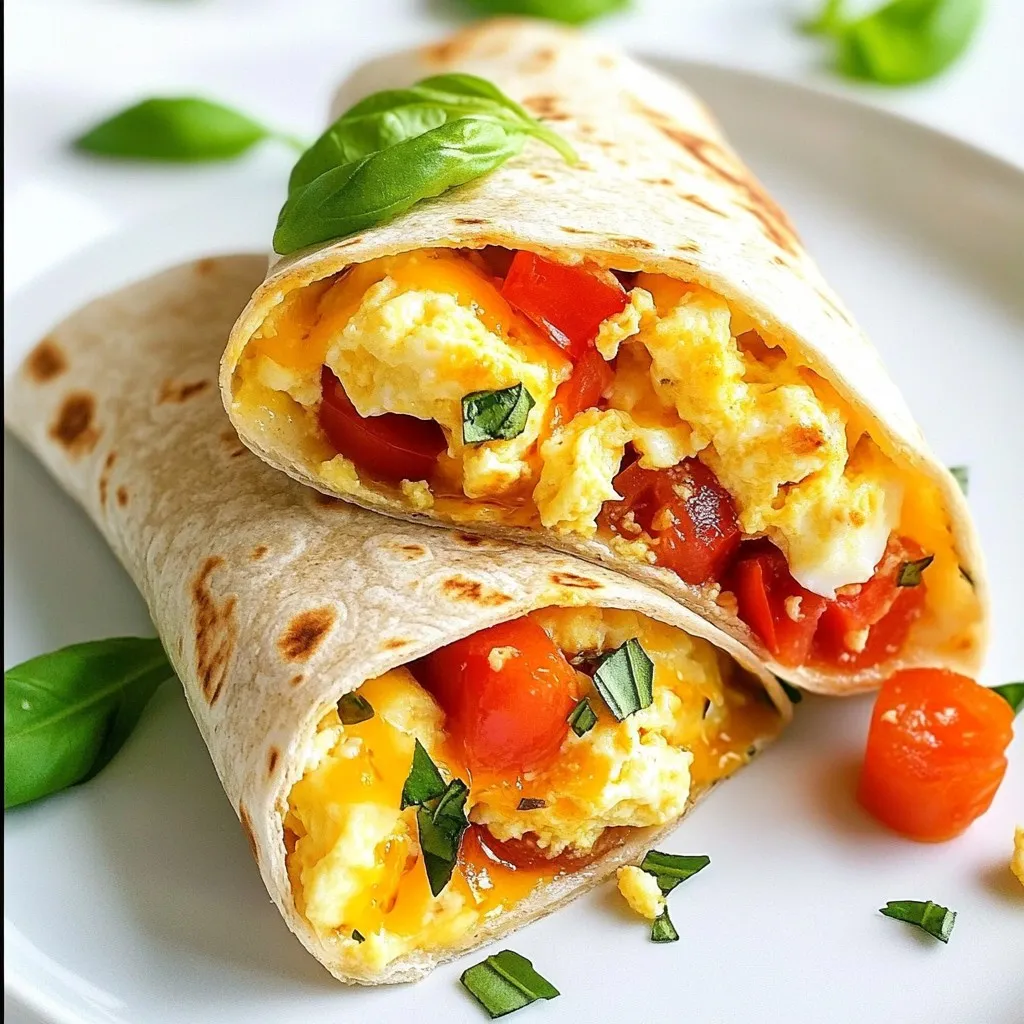 - 4 large eggs - 1/2 cup shredded cheese (options: sharp cheddar or creamy mozzarella) - 1 large ripe tomato, diced - 1/4 cup whole milk - 1/4 teaspoon fine salt - 1/4 teaspoon freshly ground black pepper - 2 whole wheat tortillas - 1 tablespoon extra virgin olive oil - Fresh basil leaves for garnish (optional) The ingredients for this Easy Egg Cheese Tomato Breakfast Wrap are simple yet flavorful. You start with four large eggs, which are the star of this dish. I like to use either sharp cheddar or creamy mozzarella, depending on my mood. Each type of cheese brings its own special taste. Next, you need a large ripe tomato. Dice it into small cubes for even cooking and great texture. The tomato adds freshness and a juicy bite to your wrap. Whole milk makes the eggs rich and creamy. The fine salt and black pepper add just the right amount of seasoning. For the wraps, I choose whole wheat tortillas for a healthy twist. They have a nice texture and flavor that pairs well with the filling. Finally, a tablespoon of extra virgin olive oil helps cook the eggs perfectly and adds a hint of flavor. If you want to elevate your dish, add some fresh basil leaves as a garnish. They bring a lovely aroma and a splash of color. Enjoy gathering these ingredients; they will come together to create a delicious breakfast! {{ingredient_image_2}} Start by cracking the four eggs into a medium bowl. Add in the 1/4 cup of whole milk, 1/4 teaspoon of salt, and 1/4 teaspoon of black pepper. Use a whisk to mix everything together. Whisk until the mixture looks frothy. This step adds air and makes your eggs fluffy. Next, heat 1 tablespoon of olive oil in a non-stick skillet over medium heat. Wait about one minute for the oil to get warm. Pour in the egg mixture. Don’t stir it right away. Let it cook for two minutes. This helps form a nice layer at the bottom. After two minutes, gently stir with a spatula. Move the runny eggs from the top to the bottom. This ensures even cooking. When the eggs firm up but still look a bit runny, it’s time to add the diced tomato. Sprinkle the 1/2 cup of shredded cheese on top. Keep stirring the mixture for another two to three minutes. You want the eggs fully cooked and the cheese melted. It should look creamy and delicious. To put it all together, take a tortilla and place it on a plate. Spoon half of the egg mixture into the center. Make sure you get a good amount of eggs and filling. Fold the sides of the tortilla over the filling. Then roll it up from the bottom. This makes a nice wrap. Repeat this with the second tortilla and remaining mixture. Finally, cut each wrap in half diagonally. This makes it easy to serve and eat. Chopping your tomatoes and cheese ahead of time saves you stress. When you have all your ingredients ready, cooking becomes a breeze. Dice the tomato into small cubes. This helps it mix well with the eggs. Shredding cheese gives it a nice meltiness. You can choose sharp cheddar or creamy mozzarella. Each will add a unique taste to your wrap. Prepare everything before you start cooking. This way, you can focus on making a perfect breakfast. To cook eggs perfectly, pay attention to the heat. Use medium heat and let the olive oil warm up first. Pour in the egg mixture and let it sit for two minutes. This helps form a nice base. Stir gently with a spatula, but don’t rush. You want the eggs to cook evenly. When they are just about set, add in the tomatoes and cheese. Stir until the cheese melts and the eggs are fully cooked. This technique gives you fluffy eggs with gooey cheese. A well-presented meal makes breakfast special. Arrange your wraps on a colorful plate for a nice look. Cut each wrap in half diagonally. This makes it easy to eat. If you want to add a pop of color, use fresh basil leaves on top. They add flavor and make the dish look fancy. You can also serve it with salsa for a zesty kick. This not only adds taste but also makes your breakfast vibrant and inviting. Pro Tips Choose the Right Cheese: Opt for a cheese that melts well, like sharp cheddar for a tangy flavor or creamy mozzarella for a mild taste. This will enhance the texture and taste of your wrap. Perfect Egg Cooking: For fluffy eggs, avoid over-stirring when cooking. Let them set slightly before stirring to maintain a light and airy texture. Customize Your Fillings: Feel free to add other vegetables like bell peppers or spinach for added nutrition and flavor. Just make sure to chop them small so they cook evenly. Serving Suggestions: Pair your breakfast wrap with a side of fresh salsa or avocado for an extra kick and creaminess that complements the dish beautifully. {{image_4}} You can easily swap cheese and tortillas for different flavors. For cheese, try feta or pepper jack. Both add a unique taste to your wrap. If you want a lighter option, use low-fat cheese. For tortillas, whole grain or corn tortillas are great choices. They offer a different texture and flavor. You can even try lettuce wraps for a low-carb version. Just make sure they are sturdy enough to hold the filling. Adding extra fillings can make your breakfast wrap even better. Spinach is a healthy choice, adding color and nutrients. Try sautéing it lightly before adding it to the eggs. Chopped bell peppers give a sweet crunch. You can use any color, like red, green, or yellow. Avocado can add creamy goodness. Just slice it up and place it in the wrap. You can also add cooked bacon or sausage for a savory kick. Think about what to serve with your breakfast wrap. A fresh fruit salad pairs well and adds brightness. You can also serve it with salsa for a spicy touch. Another great option is a side of yogurt. It adds creaminess and balances the flavors. If you want more kick, try hot sauce on the side. This will give you a delicious start to your day! To store leftover wraps, first let them cool down. Place each wrap in a clean, airtight container. You can also wrap them in plastic wrap. Keep the container in the fridge. The wraps will stay fresh for about three days. Make sure to label the container with the date. This way, you won't forget when you made them. To reheat your wraps, the oven works best. Preheat your oven to 350°F (175°C). Place the wraps on a baking sheet. Heat them for about 10-15 minutes. This method keeps the wraps crispy. You can also use a microwave if you're in a hurry. Just heat for 30-60 seconds, but the texture may become soft. If you want to freeze your wraps, wrap each one tightly in plastic wrap. Then, place them in a freezer bag. Make sure to remove excess air to prevent freezer burn. They can last up to three months in the freezer. When ready to eat, thaw them in the fridge overnight. Reheat as mentioned above for the best taste and feel. You can add heat in a few ways. Try these tips: - Add diced jalapeños or serrano peppers to the egg mix. - Sprinkle in some cayenne pepper or red pepper flakes. - Use spicy cheese, like pepper jack, for a kick. - Serve with hot sauce on the side. These options will boost the flavor and spice level. Feel free to adjust based on your taste! Yes, you can easily make this wrap vegetarian. Here are some ideas: - Replace the eggs with tofu or chickpea scramble for a plant-based option. - Use vegan cheese instead of regular cheese. - Add veggies like spinach, bell peppers, or mushrooms for extra flavor. These swaps keep your wrap tasty and meat-free! This breakfast wrap is quick to make. Here’s the timing: - Prep time: 5 minutes - Cooking time: 10 minutes - Total time: 15 minutes You can whip this up on busy mornings without a fuss! Absolutely! You have many tortilla options: - Corn tortillas offer a gluten-free choice. - Spinach or tomato tortillas add color and flavor. - Flour tortillas provide a soft and chewy base. Choose what you like best for your wrap! Pair your wrap with these tasty sides: - A fresh fruit salad adds sweetness. - Serve with salsa for a zesty dip. - Yogurt on the side gives a creamy contrast. These sides make your breakfast even better! This post shared a simple recipe for making tasty breakfast wraps. You learned the key ingredients, easy steps, and helpful tips. Remember to prep your ingredients for the best results. Feel free to get creative with flavors and textures by trying different fillings and wraps. You can store or freeze any extras to enjoy later. Breakfast wraps are not just quick meals; they’re fun and versatile. Dive in, experiment, and enjoy your cooking journey!