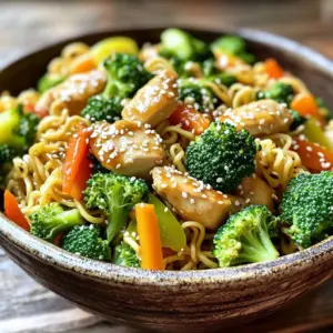 - 2 boneless, skinless chicken breasts, thinly sliced - 200g ramen noodles - 1 cup broccoli florets - 1 medium bell pepper, thinly sliced - 1 medium carrot, julienned - 3 green onions, chopped, white and green parts separated - 2 cloves garlic, finely minced - 1 teaspoon fresh ginger, grated I love using fresh ingredients for this dish. Thinly sliced chicken cooks fast and stays juicy. Ramen noodles are quick and fill you up. Broccoli, bell pepper, and carrots add color and crunch. Green onions bring a fresh taste that makes this meal sing. - 2 tablespoons low-sodium soy sauce - 1 tablespoon toasted sesame oil - Sea salt and freshly ground black pepper to taste - Sesame seeds for garnish Soy sauce gives depth to the stir fry. It balances well with the nutty sesame oil. A sprinkle of sea salt and pepper adds flavor without overpowering the dish. Sesame seeds on top give a nice crunch and look nice too. - Additional vegetables like snap peas or mushrooms - Protein substitutes like tofu or shrimp - Garnishes like cilantro or lime wedges Feel free to mix in more veggies. Snap peas and mushrooms work great. If you want a change, try tofu or shrimp instead of chicken. Adding cilantro or lime gives a fresh twist that brightens the meal. Get creative and make it your own! 1. Bring Water to a Boil Fill a medium pot with water and put it on the stove. Turn the heat to high. Wait until the water bubbles and rolls. 2. Cook According to Package Instructions Add the ramen noodles to the boiling water. Cook them as the package says, usually about 3-4 minutes. 3. Drain and Set Aside Once cooked, pour the noodles into a colander. Rinse them with cold water to stop the cooking. Set them aside so they don't stick. 1. Heat the Skillet Take a large skillet or wok. Place it over medium-high heat. Add 1 tablespoon of toasted sesame oil. Let the oil heat for about 30 seconds. 2. Season and Stir-Fry Add the sliced chicken to the hot skillet. Sprinkle a pinch of sea salt and some black pepper on top. Stir-fry the chicken for 5-7 minutes. Make sure it turns golden brown. 3. Check for Doneness After cooking, cut a piece of chicken. It should be white all the way through. No pink should show. 1. Incorporate Aromatics Once the chicken is done, add 2 cloves of minced garlic and 1 teaspoon of grated ginger. Stir for 30 seconds until it smells good. 2. Add Fresh Vegetables Toss in 1 cup of broccoli florets, 1 sliced bell pepper, and 1 julienned carrot. Stir-fry these for 3-4 minutes. They should be bright and crisp. 3. Drizzle Soy Sauce and Combine Pour 2 tablespoons of low-sodium soy sauce over the chicken and veggies. Toss everything together. Make sure the sauce coats all the ingredients. 1. Add Cooked Ramen Gently add the drained ramen noodles to the skillet. 2. Toss to Combine Use tongs to mix the noodles with the chicken and veggies. Ensure everything is well combined. 3. Heat and Serve Let the stir fry heat for another 2-3 minutes. Then, serve it hot. Garnish with sesame seeds and enjoy your meal! Heat Levels Explained Start with high heat. This helps cook the chicken fast and keeps it juicy. Use a large skillet or wok for even cooking. If the pan is too crowded, your food will steam instead of fry. Timing for Each Ingredient Add the chicken first. Cook it until golden brown, about 5-7 minutes. Next, stir in garlic and ginger for flavor. After 30 seconds, add the veggies. Broccoli, bell pepper, and carrot should cook for 3-4 minutes, just enough to stay crunchy. Plate Presentation Serve your stir fry in deep bowls. This adds height and looks appealing. Top it with extra green onion slices and sesame seeds. A drizzle of sesame oil just before serving gives a nice shine. Pairing Ideas Enjoy your stir fry with a side of pickled vegetables. They add a nice tang. You can also serve it with steamed edamame for extra protein. Overcooking Chicken Don’t overcook the chicken. It should be golden brown and juicy. If it cooks too long, it can turn dry and tough. Underseasoning the Dish Make sure to season well. Use low-sodium soy sauce to add flavor without too much salt. Taste as you go and adjust seasoning if needed. This keeps the dish tasty. {{image_4}} Substituting Chicken You can easily swap out chicken for other proteins. Try beef, shrimp, or tofu. Each option brings its own flavor and texture. If using beef, slice it thinly. For shrimp, peel and devein them. Tofu should be pressed and cut into cubes. Adjust cooking time based on the protein you choose. Vegetarian Alternatives For a vegetarian dish, use firm tofu or tempeh. Both options soak up flavors well. You can also add chickpeas for extra protein. Cook them until golden for a nice crunch. These swaps create a balanced meal without meat. Adding Spices Spice up your stir fry with a pinch of crushed red pepper or chili flakes. They add heat without overpowering the dish. You can also try garlic powder or onion powder for deeper flavors. Experiment with spices to find your favorite mix. Alternative Sauces Try different sauces to change the flavor of your stir fry. Hoisin sauce adds sweetness, while oyster sauce gives a rich umami taste. You can also use teriyaki sauce for a sweet-savory twist. Mix and match to discover new favorites. Seasonal Vegetable Choices Use seasonal vegetables to keep your stir fry fresh. In spring, add asparagus or snap peas. In summer, try zucchini or bell peppers. Fall brings great options like Brussels sprouts or butternut squash. Winter is perfect for hearty greens like kale or spinach. Best Vegetables for Stir Fry Some vegetables work best for stir fry. Broccoli, bell peppers, and carrots are excellent choices. They cook quickly and stay crisp. Other great options include snap peas, mushrooms, and bok choy. Choose a mix for color and taste. Refrigeration Guidelines - Let the stir fry cool down before storing. - Use an airtight container. - Store in the fridge for up to three days. - When ready to eat, check for any off smells or colors. Freezing Instructions - Transfer cooled leftovers to a freezer-safe container. - Make sure to remove excess air to prevent freezer burn. - Freeze for up to three months for best quality. - Label the container with the date for easy tracking. Best Methods for Reheating - Use the microwave for quick reheating. - For stovetop reheating, add a splash of water. - Heat over medium-low until warm, stirring often. Keeping Noodles from Getting Mushy - Reheat noodles gently to avoid sogginess. - Add a bit of oil or broth while reheating. - Stir occasionally to keep the noodles separate. To make Chicken Ramen Stir Fry, follow these easy steps: 1. Cook the ramen noodles: Boil water, cook noodles as per the package, and drain. 2. Heat the skillet: Use a large skillet or wok. Add sesame oil and heat. 3. Cook the chicken: Add sliced chicken, season, and stir-fry until golden brown. 4. Add aromatics: Stir in garlic and ginger for flavor. 5. Incorporate vegetables: Add broccoli, bell pepper, and carrot. Stir-fry until crisp-tender. 6. Mix in soy sauce: Drizzle soy sauce over everything and toss to coat. 7. Combine with noodles: Add the cooked noodles and mix gently. 8. Finish with green onions: Stir in green onion tops for crunch. 9. Serve and garnish: Plate hot and sprinkle sesame seeds on top. This dish takes about 30 minutes to prepare and serves four. Yes, you can use other noodles. Here are some options: - Soba noodles: They add a nutty flavor. - Udon noodles: These are thick and chewy. - Rice noodles: They are gluten-free and light. - Egg noodles: They have a rich taste and texture. Feel free to mix and match based on your taste or what you have at home. To make this dish gluten-free, you can modify a few ingredients: - Use gluten-free soy sauce or tamari instead of regular soy sauce. - Choose gluten-free ramen noodles, which are widely available. - Ensure all other ingredients are gluten-free, such as sesame oil and fresh vegetables. This way, you can enjoy the stir fry without worrying about gluten. If you want to spice up your Chicken Ramen Stir Fry, try these ideas: - Red pepper flakes: Add them during cooking for heat. - Sriracha sauce: Drizzle it on top before serving. - Chili paste: Mix it in with the soy sauce for a more intense flavor. - Fresh jalapeños: Slice them thin and toss them in with the vegetables. Adjust the spice level to fit your taste for a kick! This recipe covers tasty chicken ramen stir fry. We discussed key ingredients like chicken, ramen noodles, and fresh veggies. You learned step-by-step how to cook noodles, prepare chicken, and mix in veggies and sauce. I shared tips on timing and avoiding common mistakes. Whether you stick to the basics or try new flavors, this dish is fun and easy. Use leftovers wisely and tweak the recipe to your taste. Enjoy making your ramen stir fry!