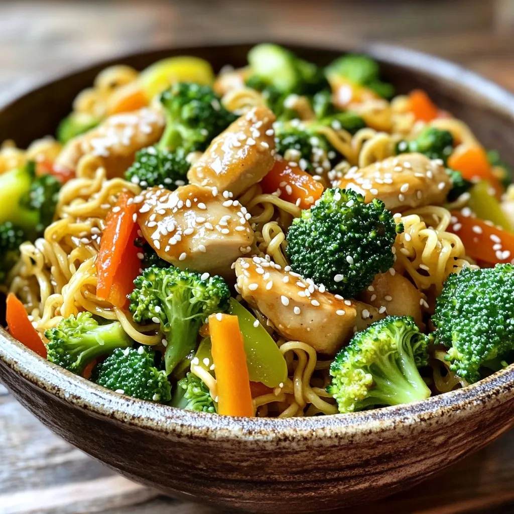- 2 boneless, skinless chicken breasts, thinly sliced - 200g ramen noodles - 1 cup broccoli florets - 1 medium bell pepper, thinly sliced - 1 medium carrot, julienned - 3 green onions, chopped, white and green parts separated - 2 cloves garlic, finely minced - 1 teaspoon fresh ginger, grated I love using fresh ingredients for this dish. Thinly sliced chicken cooks fast and stays juicy. Ramen noodles are quick and fill you up. Broccoli, bell pepper, and carrots add color and crunch. Green onions bring a fresh taste that makes this meal sing. - 2 tablespoons low-sodium soy sauce - 1 tablespoon toasted sesame oil - Sea salt and freshly ground black pepper to taste - Sesame seeds for garnish Soy sauce gives depth to the stir fry. It balances well with the nutty sesame oil. A sprinkle of sea salt and pepper adds flavor without overpowering the dish. Sesame seeds on top give a nice crunch and look nice too. - Additional vegetables like snap peas or mushrooms - Protein substitutes like tofu or shrimp - Garnishes like cilantro or lime wedges Feel free to mix in more veggies. Snap peas and mushrooms work great. If you want a change, try tofu or shrimp instead of chicken. Adding cilantro or lime gives a fresh twist that brightens the meal. Get creative and make it your own! 1. Bring Water to a Boil Fill a medium pot with water and put it on the stove. Turn the heat to high. Wait until the water bubbles and rolls. 2. Cook According to Package Instructions Add the ramen noodles to the boiling water. Cook them as the package says, usually about 3-4 minutes. 3. Drain and Set Aside Once cooked, pour the noodles into a colander. Rinse them with cold water to stop the cooking. Set them aside so they don't stick. 1. Heat the Skillet Take a large skillet or wok. Place it over medium-high heat. Add 1 tablespoon of toasted sesame oil. Let the oil heat for about 30 seconds. 2. Season and Stir-Fry Add the sliced chicken to the hot skillet. Sprinkle a pinch of sea salt and some black pepper on top. Stir-fry the chicken for 5-7 minutes. Make sure it turns golden brown. 3. Check for Doneness After cooking, cut a piece of chicken. It should be white all the way through. No pink should show. 1. Incorporate Aromatics Once the chicken is done, add 2 cloves of minced garlic and 1 teaspoon of grated ginger. Stir for 30 seconds until it smells good. 2. Add Fresh Vegetables Toss in 1 cup of broccoli florets, 1 sliced bell pepper, and 1 julienned carrot. Stir-fry these for 3-4 minutes. They should be bright and crisp. 3. Drizzle Soy Sauce and Combine Pour 2 tablespoons of low-sodium soy sauce over the chicken and veggies. Toss everything together. Make sure the sauce coats all the ingredients. 1. Add Cooked Ramen Gently add the drained ramen noodles to the skillet. 2. Toss to Combine Use tongs to mix the noodles with the chicken and veggies. Ensure everything is well combined. 3. Heat and Serve Let the stir fry heat for another 2-3 minutes. Then, serve it hot. Garnish with sesame seeds and enjoy your meal! Heat Levels Explained Start with high heat. This helps cook the chicken fast and keeps it juicy. Use a large skillet or wok for even cooking. If the pan is too crowded, your food will steam instead of fry. Timing for Each Ingredient Add the chicken first. Cook it until golden brown, about 5-7 minutes. Next, stir in garlic and ginger for flavor. After 30 seconds, add the veggies. Broccoli, bell pepper, and carrot should cook for 3-4 minutes, just enough to stay crunchy. Plate Presentation Serve your stir fry in deep bowls. This adds height and looks appealing. Top it with extra green onion slices and sesame seeds. A drizzle of sesame oil just before serving gives a nice shine. Pairing Ideas Enjoy your stir fry with a side of pickled vegetables. They add a nice tang. You can also serve it with steamed edamame for extra protein. Overcooking Chicken Don’t overcook the chicken. It should be golden brown and juicy. If it cooks too long, it can turn dry and tough. Underseasoning the Dish Make sure to season well. Use low-sodium soy sauce to add flavor without too much salt. Taste as you go and adjust seasoning if needed. This keeps the dish tasty. {{image_4}} Substituting Chicken You can easily swap out chicken for other proteins. Try beef, shrimp, or tofu. Each option brings its own flavor and texture. If using beef, slice it thinly. For shrimp, peel and devein them. Tofu should be pressed and cut into cubes. Adjust cooking time based on the protein you choose. Vegetarian Alternatives For a vegetarian dish, use firm tofu or tempeh. Both options soak up flavors well. You can also add chickpeas for extra protein. Cook them until golden for a nice crunch. These swaps create a balanced meal without meat. Adding Spices Spice up your stir fry with a pinch of crushed red pepper or chili flakes. They add heat without overpowering the dish. You can also try garlic powder or onion powder for deeper flavors. Experiment with spices to find your favorite mix. Alternative Sauces Try different sauces to change the flavor of your stir fry. Hoisin sauce adds sweetness, while oyster sauce gives a rich umami taste. You can also use teriyaki sauce for a sweet-savory twist. Mix and match to discover new favorites. Seasonal Vegetable Choices Use seasonal vegetables to keep your stir fry fresh. In spring, add asparagus or snap peas. In summer, try zucchini or bell peppers. Fall brings great options like Brussels sprouts or butternut squash. Winter is perfect for hearty greens like kale or spinach. Best Vegetables for Stir Fry Some vegetables work best for stir fry. Broccoli, bell peppers, and carrots are excellent choices. They cook quickly and stay crisp. Other great options include snap peas, mushrooms, and bok choy. Choose a mix for color and taste. Refrigeration Guidelines - Let the stir fry cool down before storing. - Use an airtight container. - Store in the fridge for up to three days. - When ready to eat, check for any off smells or colors. Freezing Instructions - Transfer cooled leftovers to a freezer-safe container. - Make sure to remove excess air to prevent freezer burn. - Freeze for up to three months for best quality. - Label the container with the date for easy tracking. Best Methods for Reheating - Use the microwave for quick reheating. - For stovetop reheating, add a splash of water. - Heat over medium-low until warm, stirring often. Keeping Noodles from Getting Mushy - Reheat noodles gently to avoid sogginess. - Add a bit of oil or broth while reheating. - Stir occasionally to keep the noodles separate. To make Chicken Ramen Stir Fry, follow these easy steps: 1. Cook the ramen noodles: Boil water, cook noodles as per the package, and drain. 2. Heat the skillet: Use a large skillet or wok. Add sesame oil and heat. 3. Cook the chicken: Add sliced chicken, season, and stir-fry until golden brown. 4. Add aromatics: Stir in garlic and ginger for flavor. 5. Incorporate vegetables: Add broccoli, bell pepper, and carrot. Stir-fry until crisp-tender. 6. Mix in soy sauce: Drizzle soy sauce over everything and toss to coat. 7. Combine with noodles: Add the cooked noodles and mix gently. 8. Finish with green onions: Stir in green onion tops for crunch. 9. Serve and garnish: Plate hot and sprinkle sesame seeds on top. This dish takes about 30 minutes to prepare and serves four. Yes, you can use other noodles. Here are some options: - Soba noodles: They add a nutty flavor. - Udon noodles: These are thick and chewy. - Rice noodles: They are gluten-free and light. - Egg noodles: They have a rich taste and texture. Feel free to mix and match based on your taste or what you have at home. To make this dish gluten-free, you can modify a few ingredients: - Use gluten-free soy sauce or tamari instead of regular soy sauce. - Choose gluten-free ramen noodles, which are widely available. - Ensure all other ingredients are gluten-free, such as sesame oil and fresh vegetables. This way, you can enjoy the stir fry without worrying about gluten. If you want to spice up your Chicken Ramen Stir Fry, try these ideas: - Red pepper flakes: Add them during cooking for heat. - Sriracha sauce: Drizzle it on top before serving. - Chili paste: Mix it in with the soy sauce for a more intense flavor. - Fresh jalapeños: Slice them thin and toss them in with the vegetables. Adjust the spice level to fit your taste for a kick! This recipe covers tasty chicken ramen stir fry. We discussed key ingredients like chicken, ramen noodles, and fresh veggies. You learned step-by-step how to cook noodles, prepare chicken, and mix in veggies and sauce. I shared tips on timing and avoiding common mistakes. Whether you stick to the basics or try new flavors, this dish is fun and easy. Use leftovers wisely and tweak the recipe to your taste. Enjoy making your ramen stir fry!