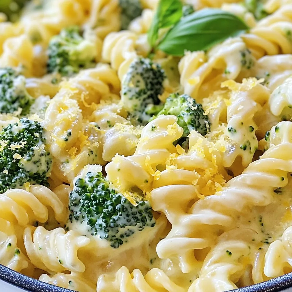 To make this delicious One Pot Creamy Broccoli Pasta, you will need: - 8 oz (225 g) pasta (any kind you prefer, like penne or fusilli) - 2 cups fresh broccoli florets - 1 medium onion, finely chopped - 3 cloves garlic, minced - 4 cups vegetable broth (homemade or store-bought) - 1 cup heavy cream (substitute with coconut cream for a dairy-free version) - 1 cup grated Parmesan cheese (or use nutritional yeast for a vegan alternative) - 1 tablespoon olive oil - 1 teaspoon lemon zest (freshly grated for best flavor) - Salt and freshly cracked pepper to taste - Fresh basil leaves, for garnishing You can swap some ingredients for variety or dietary needs. Here are a few ideas: - Use any pasta shape you like, such as spaghetti or macaroni. - Instead of heavy cream, try coconut cream for a dairy-free dish. - Use nutritional yeast instead of Parmesan cheese for a vegan option. - If you have no fresh broccoli, frozen broccoli works too. - For a zestier flavor, add lime zest instead of lemon zest. Broccoli is a superfood packed with nutrients. Here are some key benefits: - Rich in vitamins: Broccoli is high in vitamins C and K. These vitamins help keep your immune system strong. - Fiber source: It contains fiber that aids digestion and helps you feel full. - Antioxidants: Broccoli has antioxidants that fight inflammation and protect your cells. - Bone health: The vitamin K in broccoli supports bone health. Adding broccoli to your meal not only boosts flavor but also enhances nutrition. Enjoy your creamy pasta while nourishing your body! {{ingredient_image_2}} To make this dish, start by warming olive oil in a large pot over medium heat. Add the finely chopped onion and stir it for about 3 to 4 minutes. When the onions become soft and clear, add minced garlic. Cook this for another minute until the garlic smells nice. Next, pour in uncooked pasta and the vegetable broth. Mix everything well. Bring it to a gentle boil. After it boils, lower the heat and cover the pot. Let it simmer for about 10 minutes. Stir it now and then until the pasta is almost done. After 10 minutes, toss in the fresh broccoli florets. Stir them in and cook for another 3 to 5 minutes. The broccoli should get tender, and the pasta should be fully cooked. Once it's ready, take the pot off the heat. Stir in heavy cream, grated Parmesan cheese, and lemon zest. Mix until the cheese melts, and the sauce is creamy. Taste and add salt and pepper if needed. To get your pasta just right, check it often. Aim for al dente pasta, which means it should be firm yet cooked through. Remember that pasta will keep cooking even after you take it off the heat. If it's a bit too firm, let it sit for a minute in the pot. When adding broccoli, make sure it cooks until it's tender but still bright green. This keeps it fresh and tasty. Adjust cooking times based on your heat level and pasta type. You’ll need a large pot for cooking. A good wooden spoon is great for stirring. A measuring cup helps with the broth and cream. If you have a zester, use it for the lemon zest. A sharp knife and cutting board will help you chop the onion and garlic. Having a ladle is handy for serving. If you want to make clean-up easy, consider using a non-stick pot. To get a creamy sauce, use heavy cream. It blends well with the pasta. You can also use coconut cream for a dairy-free option. Always add the cream at the end. This helps keep the sauce rich and smooth. Make sure to stir in the cheese until it melts fully. This step is key for a velvety texture. One mistake is adding too much broth. This can make the sauce thin. Stick to the right amount of broth for the best results. Another common error is overcooking the pasta. Cook until it’s just al dente. This way, the pasta absorbs the sauce and stays firm. Don't skip the lemon zest; it brightens the dish. Store leftovers in an airtight container. Keep them in the fridge for up to three days. When reheating, add a splash of broth or cream. This helps restore creaminess. Stir well while heating to avoid sticking. You can also add fresh basil before serving. This adds flavor and a fresh touch. Pro Tips Choose the Right Pasta: Opt for pasta shapes that hold sauce well, like fusilli or penne. They will capture the creamy sauce and broccoli bits beautifully. Don’t Overcook the Broccoli: Add the broccoli florets during the last few minutes of cooking to keep them vibrant and tender-crisp, preserving their nutrients and color. Adjust Creaminess: For a lighter dish, you can use half-and-half instead of heavy cream or adjust the amount of cream based on your preference for richness. Flavor Boost: Enhance the flavor by adding a pinch of red pepper flakes or a splash of white wine when sautéing the onions and garlic for an extra kick. {{image_4}} You can make this creamy pasta vegan. Instead of heavy cream, use coconut cream. This gives a rich taste without any dairy. For cheese, swap Parmesan for nutritional yeast. It adds a cheesy flavor. These simple swaps keep your dish creamy and delicious. If you need a gluten-free meal, choose gluten-free pasta. Many brands offer great options. Cook it just like regular pasta. The rest of the recipe stays the same. You won’t lose any flavor or creaminess. This way, everyone can enjoy a bowl of goodness. Feel free to change ingredients for new flavors. You could add spinach for extra greens. Try sun-dried tomatoes for a tangy kick. Adding mushrooms gives a nice earthy taste. For a zestier dish, mix in some red pepper flakes. Experimenting with flavors makes cooking fun and unique. To store your creamy broccoli pasta, let it cool first. Place it in an airtight container. This helps keep it fresh. You can store it in the fridge for up to three days. Make sure to cover it well. This keeps the flavors from fading. When you're ready to eat again, you can reheat the pasta. Use the microwave or a pot on the stove. If microwaving, heat it in short bursts. Stir in between to ensure even warming. If using the stove, add a splash of vegetable broth. This keeps the pasta creamy. Heat it on low and stir often. If you want to freeze the pasta, be sure it is cool. Use a freezer-safe container or bag. It’s best to eat it within three months for the best taste. When ready to eat, thaw it in the fridge overnight. You can reheat it as mentioned before. This way, your dish stays tasty and creamy! Yes, you can use frozen broccoli. It saves time and is still healthy. Just add it to the pot with the pasta. You may need to cook it a bit longer. Check for tenderness before serving. Frozen broccoli works well, but fresh broccoli tastes better. To spice up the dish, add red pepper flakes. Start with a pinch and taste. You can also add diced jalapeños or a splash of hot sauce. Mix it in when you add the cream. This will give your pasta a nice kick. You can add many veggies to this pasta. Spinach, peas, or bell peppers work great. Just chop them into small pieces. Add them at the same time as the broccoli. They will cook well and add more flavor and color. Enjoy your creative mix! This blog post covered all you need to know about making pasta with broccoli. We explored ingredient options, cooking steps, and helpful tips for a creamy sauce. I shared ways to store leftovers and answered some common questions, too. Remember, with a few swaps, you can make this dish fit your diet. Enjoy experimenting with the flavors and sharing your delicious meals.