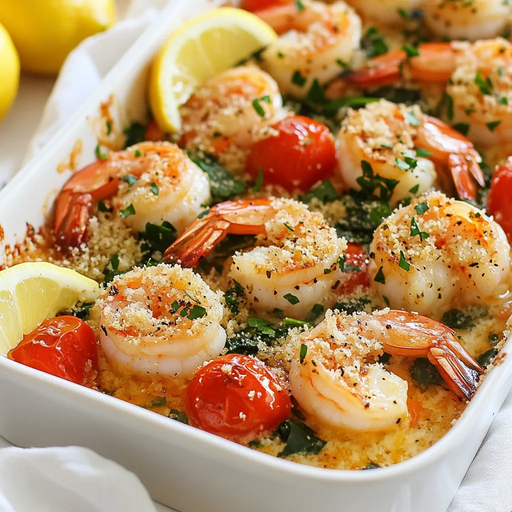To make this Garlic Butter Shrimp Scampi Bake, you will need: - 1 lb large shrimp, peeled and deveined - 6 tablespoons unsalted butter, divided - 4 cloves garlic, minced - 1 lemon, zested and juiced - 1 teaspoon red pepper flakes (or to your desired spice level) These ingredients are the heart of the dish. The shrimp gives a sweet and briny flavor, while the garlic and butter create a rich base. The lemon adds brightness, and the red pepper flakes bring a hint of heat. You can make this dish even better with some add-ins: - 1 cup fresh spinach, roughly chopped - 1 cup cherry tomatoes, halved - ½ cup grated Parmesan cheese - 2 tablespoons fresh parsley, finely chopped Adding spinach and tomatoes gives color and nutrition. The cheese adds a creamy texture, while the parsley provides freshness. Feel free to mix and match these add-ins based on your taste. To enhance the flavors, use these seasonings: - Salt and pepper to taste - Adjust the spice level to your liking Salt and pepper are essential to balance flavors. If you want more heat, add more red pepper flakes. You can also try different spices to create your own twist on this dish. {{ingredient_image_2}} First, preheat your oven to 375°F (190°C). This helps cook the dish evenly. While the oven heats up, prepare your shrimp. You want them peeled and deveined. Next, chop your spinach and halve the cherry tomatoes. Having your ingredients ready makes cooking easy and fun. Now, grab a large skillet. Melt 4 tablespoons of unsalted butter over medium heat. When the butter is melted and bubbly, add 4 cloves of minced garlic. Sauté the garlic for about 1 minute. You want it fragrant but not brown. Then, add the shrimp to the skillet. Cook them for 2-3 minutes until they turn pink. Squeeze in fresh lemon juice and add lemon zest. Toss in 1 teaspoon of red pepper flakes, salt, and pepper to taste. Mix well to coat the shrimp. Fold in the chopped spinach and halved tomatoes. Cook for another 2 minutes until the spinach wilts and tomatoes soften. Next, carefully transfer the shrimp and vegetable mixture into a baking dish. Spread it out evenly. In a separate bowl, combine 1 cup of panko breadcrumbs, ½ cup of grated Parmesan cheese, and 2 tablespoons of chopped parsley. Pour in the remaining 2 tablespoons of melted butter. Stir until the breadcrumbs are coated. Evenly sprinkle this mixture over the shrimp and veggies in the baking dish. Place the dish in your preheated oven. Bake for 15-20 minutes until the top is golden brown and the shrimp are cooked through. To get shrimp just right, look for a few key signs. First, the shrimp should turn a bright pink color. This means they are cooked through. The flesh will also become opaque. Overcooking can make shrimp tough and rubbery. To prevent this, watch the time closely. Cook them only until they change color, about 2-3 minutes in the pan. If you want to be extra sure, use a meat thermometer. The ideal internal temperature for shrimp is 120°F (49°C). A great topping can make your dish shine. For a golden brown crust, spread the panko mix evenly over the shrimp. Use fresh Parmesan cheese for a richer taste. If you want a twist, try adding crushed crackers or cornmeal for crunch. You can also mix in some herbs, like thyme or oregano, for extra flavor. For a fun change, consider using crushed tortilla chips instead of breadcrumbs. They add a unique taste and texture. To boost flavor, think about adding herbs and spices. Fresh parsley and basil brighten up the dish. You might also like to add a pinch of smoked paprika for a smoky note. A dash of lemon zest can enhance the lemony flavor too. If you enjoy heat, consider adding more red pepper flakes or even diced jalapeños. These small changes can take your Garlic Butter Shrimp Scampi Bake from good to amazing! Pro Tips Use Fresh Shrimp: For the best flavor and texture, opt for fresh shrimp rather than frozen. If using frozen, ensure they are fully thawed before cooking. Customize the Spice Level: Adjust the amount of red pepper flakes according to your preference. For a milder dish, start with a small pinch and increase as desired. Perfectly Golden Topping: To achieve a beautifully golden breadcrumb topping, consider broiling for the last 2-3 minutes of baking. Just keep a close eye to prevent burning! Pairing Suggestions: Serve the dish with crusty bread for dipping in the garlic butter sauce or alongside a light salad to balance the richness. {{image_4}} You can swap shrimp for other seafood. Scallops work great. They have a sweet taste and cook fast. Lobster is another option. Its rich flavor will elevate your dish. Just adjust cooking times based on the seafood you choose. If you want a vegetarian version, replace shrimp with mushrooms. They add a meaty texture. For a vegan option, use plant-based butter. You can also replace cheese with nutritional yeast. This gives a cheesy flavor without dairy. To kick up the heat, add different peppers. Jalapeños or serranos can bring a fiery twist. You might also try hot sauce. A few dashes can make a big difference. Just remember to adjust the spice to your taste! To keep your Garlic Butter Shrimp Scampi Bake fresh, use an air-tight container. Make sure the dish cools down properly before sealing it. This prevents moisture build-up, which can make the shrimp soggy. Store it in the fridge for up to three days. When reheating, you can choose between the microwave and the oven. The microwave is quick but can make the shrimp tough. If you want the best taste, use the oven. Preheat it to 350°F (175°C) and bake for about 10 minutes. You can freeze this dish if you have leftovers. First, let it cool completely. Then, place it in a freezer-safe container. It can last up to three months in the freezer. To defrost, move it to the fridge overnight. Reheat as mentioned above for the best results. To peel and devein shrimp, follow these steps: 1. Rinse the shrimp under cold water to clean them. 2. Hold the shrimp firmly in one hand. 3. Remove the shell by pulling it off from the head to the tail. 4. Use your fingers to pull off the shell completely. 5. To devein, make a shallow cut along the back of the shrimp. 6. Remove the dark vein with the tip of your knife or your fingers. This method keeps the shrimp clean and ready for cooking. Fresh shrimp will taste best in your Garlic Butter Shrimp Scampi Bake. Yes, you can prepare this dish ahead of time. Here’s how: - Prepare the shrimp mixture as directed and place it in a baking dish. - Cover the dish with plastic wrap or foil. - Refrigerate for up to 24 hours before baking. - When ready to cook, remove it from the fridge. - Bake as directed, adding a few extra minutes if needed. This makes dinner planning easy and stress-free! For a perfect meal pairing, consider these side dishes: - Crusty bread to soak up the garlic butter sauce. - Light green salad to balance the dish. - Roasted vegetables for extra nutrients and flavor. These sides complement the shrimp scampi bake and make your meal delicious! This recipe for Garlic Butter Shrimp Scampi Bake combines simple ingredients for great taste. You learned how to prepare the shrimp, bake it, and achieve the perfect crust. Remember, adjustments can make it fit your taste, whether adding spice or switching the protein. Enjoy leftovers with the right storage tips and reheating methods. With these steps and tricks, you can impress anyone at your table. Now, it's time to create your own delicious dish!
