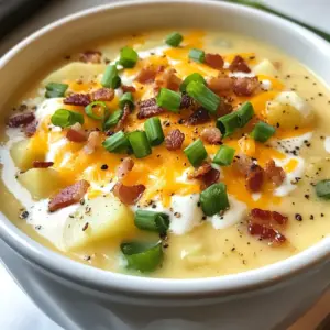 To make Crockpot Crack Potato Soup, gather these key ingredients: - 6 large russet potatoes, peeled and diced into 1-inch cubes - 1 medium onion, finely chopped - 3 cloves garlic, minced - 6 cups vegetable broth (or chicken broth for extra flavor) - 1 cup cream cheese, softened to room temperature - 1 cup sour cream - 1 cup shredded sharp cheddar cheese - 1/2 cup crispy bacon, crumbled (optional for non-vegetarians) - 1/4 cup green onions, finely sliced (for garnish) - 1 teaspoon dried thyme - Salt and black pepper to taste Each ingredient plays a role. The potatoes form the soup's base, while onion and garlic add flavor. Broth gives depth. Cream cheese and sour cream make it creamy. Cheddar adds richness, and bacon brings a savory crunch. For the best flavor, choose fresh ingredients. In fall, use locally grown potatoes. In winter, you can still find good options at farmers' markets. Spring and summer bring fresh herbs, which can enhance the soup's taste. Use fresh thyme if you have it, as it adds a bright touch. Feel free to customize your soup! Here are some ideas: - For a vegan version, swap cream cheese and sour cream for plant-based versions. - Add cooked chicken for extra protein. - Toss in vegetables like corn or peas for added nutrients. - If you want heat, add diced jalapeños or crushed red pepper. These options let you adjust the soup to fit your taste and dietary needs. Enjoy the process of making this comforting dish! {{ingredient_image_2}} First, gather your ingredients. You will need: - 6 large russet potatoes, peeled and diced into 1-inch cubes - 1 medium onion, finely chopped - 3 cloves garlic, minced - 6 cups vegetable broth (or chicken broth for extra flavor) - 1 cup cream cheese, softened to room temperature - 1 cup sour cream - 1 cup shredded sharp cheddar cheese - 1/2 cup crispy bacon, crumbled (optional) - 1/4 cup green onions, finely sliced (for garnish) - 1 teaspoon dried thyme - Salt and black pepper to taste Start by peeling and dicing the potatoes. This step is key for even cooking. Chop the onion and mince the garlic. Now, toss everything into your crockpot. Add the diced potatoes, chopped onion, minced garlic, and vegetable broth. Stir well to coat the potatoes in broth. Next, season the mix with dried thyme, salt, and black pepper. Cover the crockpot and set it to cook on low for 6-7 hours. If you're short on time, set it to high for 3-4 hours. The potatoes need to be fork-tender. Once the cooking time is up, it’s time to mash! Use a potato masher to mash part of the potato mix. This adds creaminess while keeping some chunks for texture. Add the softened cream cheese and sour cream next. Stir until everything combines into a smooth, creamy soup. Now, fold in the shredded cheddar cheese and crumbled bacon, if you're using it. Allow the soup to continue cooking on low for an additional 30 minutes. This lets the cheese melt and blend well. Before serving, taste the soup. Adjust the seasoning with more salt and black pepper if needed. Serve the soup hot in bowls. For a pop of color, garnish with sliced green onions. You can also add more shredded cheddar cheese on top. To elevate your meal, serve with crusty bread. This makes a great combo! Enjoy the warm, comforting flavors of your crockpot crack potato soup. To get the right texture in your soup, start with good potatoes. I like russet potatoes. They break down well. Cut them into 1-inch cubes. This size cooks evenly. When the cooking time is done, mash part of the mix. This step gives creaminess while keeping some chunks. It’s the best of both worlds! For a creamier soup, use softened cream cheese and sour cream. Make sure they are at room temperature. This way, they mix in smoothly. Stir them in well after the potatoes cook. If you want, add more cheese too. Sharp cheddar gives a rich flavor. Don't skimp on the cheese; it makes a big difference! Store leftover soup in an airtight container. It will last in the fridge for about three days. When you want to reheat, do it slowly. Use a pot on low heat. Stir often to keep it from sticking. If the soup is too thick, add a splash of broth or water. This keeps it creamy and delicious! Pro Tips Use Fresh Ingredients: Fresh russet potatoes and high-quality broth will elevate the flavor of your soup. Avoid pre-packaged ingredients when possible for the best taste. Adjust Creaminess: For a thicker soup, mash more of the potatoes. If you prefer it thinner, add a little more broth until you reach your desired consistency. Cheese Variations: Experiment with different types of cheese, such as gouda or pepper jack, for unique flavor twists. Just ensure they melt well! Make Ahead: This soup stores well in the fridge for up to 5 days. Make a big batch and reheat for quick lunches or dinners throughout the week. {{image_4}} If you want a vegan version, swap the cream cheese and sour cream for plant-based options. Use cashew cream or coconut cream for a rich taste. For broth, stick to vegetable broth. Skip the bacon, or use crispy mushroom bacon for a savory crunch. This way, everyone can enjoy this warm soup. You can enhance flavors by trying different ingredients. Substitute russet potatoes with Yukon gold potatoes for a buttery texture. You can also add leeks instead of onions for sweetness. For more depth, toss in a tablespoon of Dijon mustard. This little change can give your soup a lovely twist. If you like heat, add diced jalapeños or red pepper flakes. Start with a small amount, then taste as you go. For a smoky flavor, try adding smoked paprika. Another option is to stir in hot sauce before serving. This will make your soup exciting and full of flavor. To store your Crockpot Crack Potato Soup, let it cool first. Once cooled, pour it into airtight containers. This keeps the soup fresh longer. Store it in the fridge for up to 4 days. When you want to eat it, simply reheat on the stove or in the microwave. If you want to save some for later, freezing is a great choice. Pour the cooled soup into freezer-safe bags or containers. Leave some space at the top for expansion. You can freeze it for up to 3 months. When ready to eat, thaw it in the fridge overnight. Warm it on the stove over low heat, stirring often. For the best taste, eat the soup within 4 days if stored in the fridge. If frozen, use it within 3 months. Always check for signs of spoilage. If it smells off or looks strange, it’s best to toss it. Remember, food safety keeps you healthy and happy! To make this soup gluten-free, use gluten-free broth. Most vegetable or chicken broths are gluten-free, but check the label. Avoid any added ingredients that contain gluten, such as certain cream cheeses or sour creams. All the other ingredients, like potatoes and bacon, are naturally gluten-free. This way, you can enjoy a warm bowl without worry. Yes, you can use frozen potatoes. They work well in this recipe. Just add them straight to the crockpot without thawing. Frozen potatoes may need a bit more time to cook, so check for tenderness after 7 hours on low. The soup will still turn out creamy and tasty. This soup pairs well with many sides. Here are a few suggestions: - Crusty bread for dipping - A fresh salad for some crunch - Grilled cheese sandwiches for extra comfort - Roasted vegetables for a healthy touch These options complement the flavors of the soup and make for a complete meal. Enjoy! In this blog post, I shared how to make delicious Crockpot Crack Potato Soup. We covered the key ingredients, preparation, and step-by-step cooking. I discussed tips for texture and creaminess, along with storage and reheating ideas. You also learned about variations, like vegan options and spice adjustments. Crockpot cooking makes meal prep easy and fun. Use this knowledge to create your own tasty soup. Enjoy your cooking adventure!