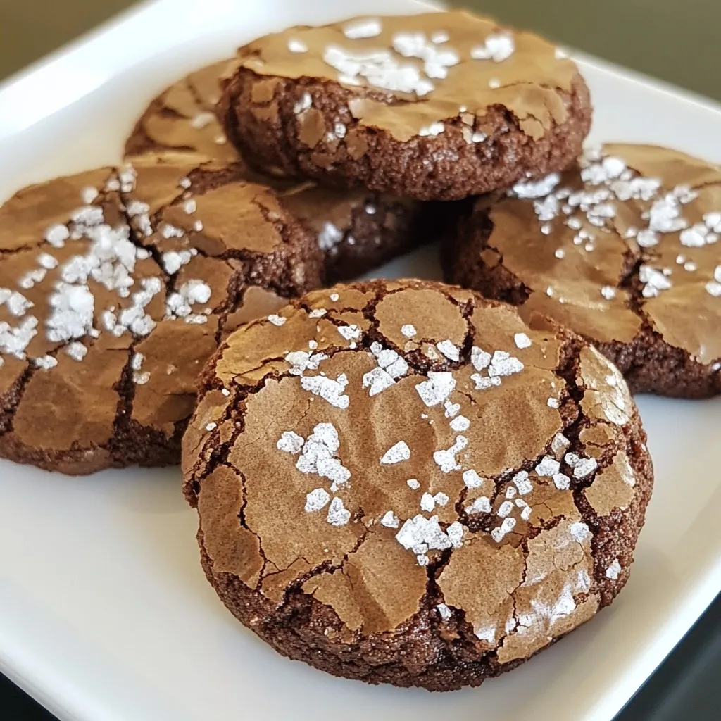 To make salted brownie crinkle cookies, you need the following: - 1 cup semi-sweet chocolate chips - ½ cup unsalted butter, cut into cubes - 2 large eggs, at room temperature - 1 cup granulated sugar - 1 teaspoon pure vanilla extract - ½ cup all-purpose flour, sifted - ¼ cup unsweetened cocoa powder, sifted - ½ teaspoon baking powder - ½ teaspoon fine sea salt - Sea salt flakes for topping You can add fun flavors or textures to your cookies. Consider these options: - Chopped nuts for crunch - White chocolate chips for sweetness - Mint extract for a fresh twist If you don’t have some ingredients, you can make easy swaps: - Use coconut oil instead of butter for a dairy-free option. - Substitute brown sugar for granulated sugar for a richer taste. - Use gluten-free flour if you need a gluten-free option. These choices can help you customize your cookie-making experience. Enjoy experimenting! {{ingredient_image_2}} First, gather your ingredients. You will need chocolate chips, butter, eggs, sugar, vanilla, flour, cocoa powder, baking powder, and sea salt flakes. The prep time is just 15 minutes. You can make 24 cookies, perfect for sharing. 1. Preheat Oven: Start by preheating your oven to 350°F (175°C). This ensures even baking. 2. Melt Chocolate and Butter: In a microwave-safe bowl, combine the chocolate chips and butter. Heat in 20-second bursts, stirring well until smooth. Allow it to cool slightly. 3. Mix Wet Ingredients: In a large bowl, whisk together the eggs, sugar, and vanilla. Mix until frothy and well combined. 4. Combine Mixtures: Stir the cooled chocolate mixture into the egg mix. Ensure everything blends well. 5. Mix Dry Ingredients: In another bowl, whisk the flour, cocoa powder, baking powder, and sea salt. 6. Combine Wet and Dry Ingredients: Gently fold the dry mix into the chocolate-egg mix. Do not overmix; a few lumps are okay. 7. Chill the Dough: Cover the bowl with plastic wrap. Chill the dough for about 30 minutes. This step helps with shaping the cookies. 8. Form Cookies: Use a tablespoon to scoop the dough. Roll each scoop into a smooth ball. First, roll in granulated sugar, then in powdered sugar. 9. Position on Baking Sheet: Place the rolled dough balls on a parchment-lined baking sheet. Leave about 2 inches between each ball. 10. Add Sea Salt: Sprinkle a pinch of sea salt flakes on top of each dough ball. This adds a nice flavor boost. 11. Bake the Cookies: Bake for 10-12 minutes. The edges should be firm, and the centers should feel soft. They will set as they cool. 12. Cool Down: Remove the baking sheet from the oven. Let the cookies cool for about 5 minutes. Then, transfer them to a wire rack to cool completely. Once the cookies cool, serve them on a decorative plate. For a finishing touch, sprinkle a few extra sea salt flakes on top right before serving. This not only looks great but also enhances the flavor. Enjoy your delightful salted brownie crinkle cookies! To get the best texture, start with quality ingredients. Use fresh eggs and good chocolate. When mixing, combine the wet and dry ingredients gently. Overmixing makes cookies tough. Chill the dough for thirty minutes. This makes it easier to scoop and helps cookies hold their shape. Bake them just until the edges feel firm. The centers should still be soft for that chewy bite. Avoid using cold eggs. They can make your dough hard to mix. Don’t skip the chilling step. If you bake the dough right away, the cookies may spread too much. Also, be careful with the baking time. Overbaking can lead to dry cookies, while underbaking means they won’t set properly. Finally, let them cool for a bit before moving them. This helps them firm up. To boost flavor, consider adding a splash of espresso powder. This makes the chocolate taste richer. You can also mix in some chopped nuts for crunch. If you love mint, a few drops of mint extract works wonders. Always top with sea salt flakes before baking. This adds a nice touch of flavor and makes each bite special. Enjoy experimenting with these tips to create your perfect salted brownie crinkle cookies! Pro Tips Use Quality Chocolate: For the best flavor, opt for high-quality semi-sweet chocolate chips. The chocolate's richness will enhance the overall taste of your cookies. Room Temperature Eggs: Ensure your eggs are at room temperature before mixing. This helps the ingredients blend more smoothly, resulting in a better cookie texture. Don't Overmix: When combining the wet and dry ingredients, mix until just combined. Overmixing can lead to tough cookies, so be gentle! Let Them Cool: Allow the cookies to cool on the baking sheet for a few minutes before transferring to a wire rack. This helps them set properly and prevents breaking. {{image_4}} You can make these cookies even better by adding nuts or chocolate chunks. Chopped walnuts or pecans add a nice crunch. You can also use dark chocolate chunks for a richer flavor. Just fold in about ½ cup of your choice when mixing the dry ingredients. If you need a gluten-free option, swap the all-purpose flour with a gluten-free blend. Many blends work great in cookie recipes. Look for one that has xanthan gum in it for the best results. This keeps the cookies soft and chewy. You can easily change the flavor of your cookies. For a minty twist, add 1 teaspoon of mint extract. If you love coffee, add 1 tablespoon of instant espresso powder to the dry mix. These small changes can make a big difference in taste and keep things exciting! To keep your salted brownie crinkle cookies fresh, store them in an airtight container. This helps maintain their chewy texture and rich flavor. Place parchment paper between layers if stacking cookies. This prevents them from sticking together. Keep the container in a cool, dry place away from sunlight. They stay fresh for about five days. Freezing is a great way to save extra cookies. To freeze, let them cool completely first. Then, place the cookies in a single layer on a baking sheet. Freeze them for about one hour. Once frozen, transfer the cookies to a freezer-safe bag. Remove as much air as possible before sealing. They can last up to three months in the freezer. To enjoy your cookies again, reheating is easy. Preheat your oven to 350°F (175°C). Place the cookies on a baking sheet. Heat them for about five minutes. This warms them up and makes them soft again. For microwave heating, place a cookie on a microwave-safe plate. Heat it for about 10-15 seconds. This gives you a warm, gooey treat! Yes, you can make these cookies ahead of time! To do this, prepare the cookie dough and chill it. After chilling, scoop and roll the dough into balls. You can then freeze the dough balls on a baking sheet. Once frozen, transfer them to a zip-top bag. Store them in the freezer for up to three months. When you're ready to bake, just add a few extra minutes to the baking time. Cookies can spread too much for a few reasons. First, make sure your butter is not too warm when you mix it with the chocolate. If it is too warm, the dough will be too soft. Second, chilling the dough helps. If you skip the chilling step, the cookies will spread more. Lastly, check your flour measurement. Too little flour can also cause spreading. To know when your cookies are done, look at the edges. The edges should feel firm, while the center should still be slightly soft. This means they are perfectly baked. If they look shiny in the middle, give them another minute or two. Remember, they will set as they cool on the baking sheet. You learned about the key ingredients and steps to create amazing cookies. Using variations and tips can help you find your perfect recipe. Remember to store them properly and revive them if needed. Baking cookies can be simple and fun with a few tricks. Enjoy experimenting, and don’t be afraid to try new flavors. You can always make delicious cookies your way. Happy baking!