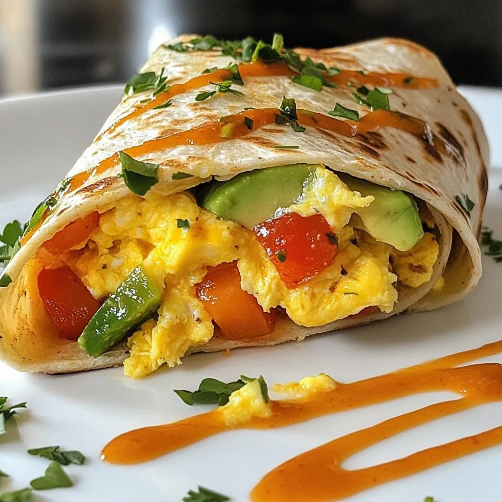To make this tasty wrap, you need a few key items: - 1 large tortilla (flour or whole wheat) - 2 large eggs - 1/4 cup milk - 1/2 cup shredded cheese (cheddar or your choice) - 1/4 cup diced bell peppers (mixed colors for visual appeal) - 1/4 cup chopped fresh spinach - 1/4 avocado, sliced thin - Salt and fresh cracked black pepper to taste - 1 tablespoon olive oil or butter - Hot sauce (optional) for a flavorful kick You can change up the wrap with these fun extras: - Cooked bacon or sausage for added protein - Diced onions for extra flavor - Fresh herbs like cilantro or parsley - Sliced jalapeños for a spicy kick - Different types of cheese like pepper jack or feta - Other veggies like mushrooms or zucchini This wrap is not just tasty, but also packed with good stuff: - Calories: About 450 per serving - Protein: Roughly 25 grams - Fat: About 30 grams (depends on cheese and oil) - Carbohydrates: Around 30 grams - Fiber: About 5 grams (with the tortilla and veggies) - Vitamins: Rich in vitamins from the spinach and peppers This wrap offers a great balance of protein, healthy fats, and carbs. It’s a perfect start to your day! {{ingredient_image_2}} Start by grabbing a medium bowl. Crack two large eggs into it. Add 1/4 cup of milk, a pinch of salt, and some black pepper. Using a whisk, mix well. You want it to be frothy and blended nicely. This will be the base for your wrap. Next, heat a non-stick skillet over medium heat. Add one tablespoon of olive oil or butter. Let it melt and coat the skillet. Once hot, toss in 1/4 cup of diced bell peppers. Sauté for 2-3 minutes. Stir them until they are tender and bright. This adds color and flavor to your wrap. Now, lower the heat a bit and pour in your egg mixture over the peppers. Use a spatula to gently stir the eggs. Cook for about 3-4 minutes. You want the eggs to be set, not runny. When they are ready, fold in 1/4 cup of chopped spinach and half of the 1/2 cup of shredded cheese. Stir until the cheese melts and mixes well. Take your large tortilla and lay it flat on a plate. Spoon the egg mix into the center. Layer it with thin slices of 1/4 avocado and the remaining cheese on top. Now, fold the sides of the tortilla over the filling. Starting from the bottom, roll the tortilla up tightly. This helps hold all the tasty stuff inside. If you like, put the wrap back in the skillet. Toast it over medium heat for 1-2 minutes on each side. You want the outside to be golden and crispy. Once done, take it out and slice it in half diagonally. If you like some heat, drizzle hot sauce on top before serving. Enjoy your tasty breakfast wrap! To scramble eggs well, start with fresh eggs. Crack them into a bowl and whisk until mixed. Add milk for creaminess. Mix in salt and pepper to taste. Heat a non-stick skillet over medium heat. Use olive oil or butter to coat the pan. This helps prevent sticking. Pour in the egg mix and stir gently. Cook until the eggs are soft and fluffy. Don't overcook. Remove from heat just before they look done. They will keep cooking off the heat. Pick a large tortilla, either flour or whole wheat. Flour tortillas are soft and pliable. Whole wheat adds a nutty flavor and more fiber. Make sure it’s fresh. Check the expiration date. A fresh tortilla wraps better and tastes great. You can warm tortillas in the microwave for a few seconds. This makes them easier to fold and roll. Store leftover ingredients properly to keep them fresh. Place unused eggs in their carton in the fridge. Keep chopped veggies in a sealed container. They stay crisp longer this way. Shredded cheese can also go in a container. If you have leftover wraps, wrap them tightly in foil or plastic wrap. Store in the fridge for up to 2 days. Pro Tips Fresh Ingredients: Use fresh, high-quality ingredients for the best flavor and texture in your wrap. Customize Your Fillings: Feel free to add other vegetables or proteins like diced tomatoes, mushrooms, or cooked sausage to suit your taste. Perfectly Toasted: Toasting the wrap in the skillet gives it a crispy exterior and helps to meld the flavors together. Make It Ahead: Prepare the filling in advance and store it in the fridge for a quick breakfast option during busy mornings. {{image_4}} For a tasty vegetarian twist, skip the eggs. Use a mix of sautéed veggies instead. Try mushrooms, zucchini, or onions. Add your favorite cheese for a creamy touch. Spinach gives a fresh taste. You can also add beans for protein. This wrap is colorful and full of flavor. If you love heat, add jalapeños or hot sauce. You can mix diced spicy sausage or chorizo into the egg mixture. A sprinkle of cayenne pepper gives a nice kick without overwhelming the dish. Top with pepper jack cheese for an extra layer of zest. Enjoy the spicy goodness in every bite! For a low-carb wrap, swap out the tortilla for lettuce leaves. Use large romaine or iceberg leaves to hold all the filling. You can also use a low-carb tortilla. This keeps the meal light and fresh. Load it up with eggs, cheese, and veggies. You still get great taste without the carbs! To store your leftover wraps, let them cool first. Wrap each one in plastic wrap or foil. This keeps them fresh. Place them in an airtight container. Store in the fridge for up to three days. If you want to keep them longer, freezing is a great option. To reheat, take the wrap from the fridge. Unwrap it and place it in a skillet on medium heat. Heat for about 2-3 minutes on each side. You can also use a microwave. Place it on a plate and cover it with a damp paper towel. Heat for 30-45 seconds. To freeze, wrap each cool tortilla tightly in plastic wrap. Then, place them in a freezer-safe bag. Make sure to remove as much air as possible. They can stay in the freezer for up to a month. When you're ready, thaw in the fridge overnight before reheating. This way, you always have a tasty breakfast ready! Yes, you can prepare the filling ahead of time. Cook the eggs and veggies, then store them in the fridge. When ready to eat, just wrap and toast it. This saves time on busy mornings. You can add many tasty ingredients! Try cooked bacon, sausage, or ham for protein. You can also use mushrooms, onions, or tomatoes for more flavor. Mixing in different cheeses can also change the taste. Yes, you can make this wrap in the microwave. Cook the eggs and veggies in a microwave-safe bowl. Mix them well, then put the filling in the tortilla. Roll it up and heat it for about 30 seconds. To make a healthier wrap, use whole wheat tortillas. You can also add more veggies and skip the cheese. Try using egg whites or a plant-based egg substitute. This will lower calories and add nutrients. Look out for trends like the "wrap hack" where you cut a slit in the tortilla. This lets you layer different fillings and fold them easily. You can also find creative ways to use breakfast wraps in bowls or as burritos! This blog post covered how to make an easy TikTok breakfast tortilla wrap. We discussed main and optional ingredients, plus their nutrition. I shared step-by-step instructions, helpful tips, and tasty variations. You also learned about storing your wraps and reheating them. Final thoughts: This wrap is versatile and fun. It's perfect for breakfast or lunch. Get creative with your ingredients and enjoy every bite!