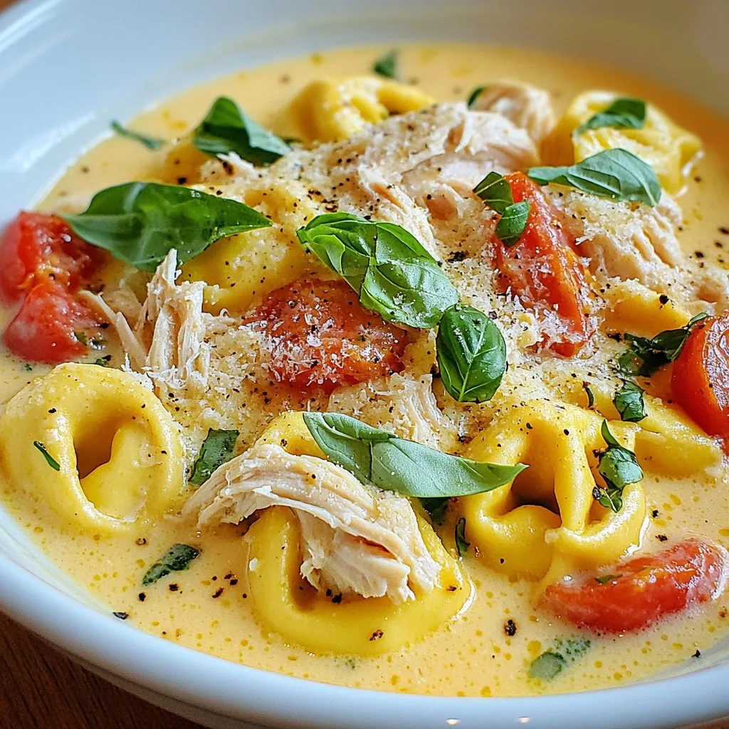 - 2 boneless, skinless chicken breasts - 4 cups low sodium chicken broth - 2 cups frozen cheese tortellini - 1 cup heavy cream - 1 cup diced tomatoes - 1 medium onion, finely diced - 2 cloves garlic, minced - 1 teaspoon Italian seasoning - Salt and pepper to taste - Fresh basil leaves for garnish - Grated Parmesan cheese for serving Gathering the right ingredients is key to making this dish shine. Start with two boneless, skinless chicken breasts. They will cook up tender and juicy. Next, grab four cups of low sodium chicken broth. This broth adds rich flavor without too much salt. You’ll need two cups of frozen cheese tortellini. Using frozen tortellini saves time and adds creaminess. A cup of heavy cream makes the dish rich and smooth. For a touch of freshness, use one cup of diced tomatoes. You can use fresh or canned tomatoes based on what you have. You will also need one medium onion, finely diced, and two cloves of garlic, minced. These give the dish depth and aroma. A teaspoon of Italian seasoning will bring everything together. Don’t forget to add salt and pepper to taste. Lastly, fresh basil leaves make a lovely garnish. Grated Parmesan cheese is perfect for serving. These ingredients combine to create a delightful, creamy meal that you’ll love. {{ingredient_image_2}} - Layering the chicken and broth: First, place the chicken breasts at the bottom of your crockpot. This helps create a tasty base. Next, pour the chicken broth over the chicken. Make sure the broth covers the chicken well. - Adding vegetables and seasonings: Now it's time to add flavor! Toss in the diced tomatoes, minced garlic, and diced onion. Sprinkle in the Italian seasoning for a lovely aroma. Stir gently to mix all these ingredients together. - Cooking the mixture: Cover your crockpot with the lid. Set it to low for 6-7 hours or high for 3-4 hours. Cook until the chicken reaches 165°F (75°C). This ensures the chicken is safe to eat. - Shredding the chicken: When cooking time ends, take the chicken out carefully using tongs. Shred it into bite-sized pieces with two forks. This makes it easy to eat. - Incorporating tortellini and cream: Add the frozen tortellini to the pot. Pour in the heavy cream and mix well. Cover the pot again and cook on high for 30 more minutes. This helps the tortellini cook through. - Adjusting seasoning before serving: Before you serve, taste the dish. Add salt and pepper as needed to enhance the flavors. This step makes sure every bite is delicious. - Choosing the Right Chicken Breasts: Look for fresh, boneless, and skinless chicken breasts. They cook well and stay juicy. You want pieces that are even in size for uniform cooking. - Selecting Tortellini: Use frozen cheese tortellini for this recipe. It cooks well in the broth and adds creaminess. You can also try other flavors like spinach or meat-filled options for variety. - Timing Tips: For best results, cook on low for 6-7 hours. If you are short on time, use the high setting for 3-4 hours. Always check that the chicken reaches 165°F (75°C) for safety. - Spices and Herbs: Add a pinch of red pepper flakes for a little heat. Fresh thyme or parsley also brightens the dish. Experiment with garlic powder for a deeper flavor. - Optional Vegetable Add-ins: Toss in some spinach or kale for extra nutrition. You can also add carrots or bell peppers for color and crunch. Just chop them small to blend well with the tortellini. Pro Tips Use Fresh Ingredients: Fresh garlic and onions enhance the flavor of this dish significantly. If possible, choose fresh tomatoes for a vibrant taste. Adjust Creaminess: For a lighter version, reduce the amount of heavy cream or substitute it with half-and-half or milk. This can help balance the richness. Flavor Boost: Consider adding a splash of white wine to the broth for an extra layer of flavor. Just add it after the broth and before the other ingredients. Perfect Tortellini Cooking: Be careful not to overcook the tortellini. They should be added towards the end of the cooking time to ensure they are tender but not mushy. {{image_4}} You can switch up the main protein in this dish. Turkey works great if you want a leaner option. Tofu is a wonderful choice too, making it vegetarian. Both choices keep the meal tasty. For a lighter version, you can swap the heavy cream for half-and-half or coconut cream. These options still give a nice creaminess without the extra fat. You can also try using cashew cream for a dairy-free treat. Want some heat? You can add red pepper flakes to give it a spicy kick. A splash of hot sauce can also spice things up. Trying different tortellini can change the dish too. Spinach tortellini adds a fresh taste. Mushroom tortellini offers an earthy flavor. Each type gives a unique twist, making your meal exciting every time! To keep your Crockpot Chicken Tortellini fresh, follow these steps: - Cool down the dish: Let it sit at room temperature for about 30 minutes. - Use airtight containers: Glass or plastic containers work best for storage. - Label and date: Write the date on the container so you know when to use it. - Refrigerate promptly: Place the containers in the fridge within two hours to keep food safe. Leftovers can last up to three days in the fridge. If you want to keep them longer, consider freezing. When you're ready to enjoy your leftovers, reheating is easy. Here are the best ways: - Microwave method: 1. Place a serving in a microwave-safe bowl. 2. Cover loosely with a microwave-safe lid. 3. Heat for 1-2 minutes, stirring halfway through. 4. Check that it’s hot throughout before serving. - Stovetop method: 1. Pour the leftovers into a saucepan. 2. Heat over medium-low, stirring often. 3. Add a splash of broth if it seems dry. 4. Cook until heated through, about 5-10 minutes. Both methods make sure your meal is tasty and hot, just like when you first made it! How long does it take to cook in a crockpot? Cooking this dish takes about 6 to 7 hours on low heat. If you use high heat, it takes around 3 to 4 hours. The chicken should be fully cooked and tender. Can I use fresh tortellini instead of frozen? Yes, you can use fresh tortellini. Fresh tortellini cooks faster, so add it during the last 15 minutes of cooking. This helps keep it from becoming too soft. Is there a vegetarian version of this recipe? Absolutely! You can swap out the chicken for firm tofu or mushrooms. Use vegetable broth instead of chicken broth. This will give you a tasty vegetarian option. Can I freeze the leftovers? Yes, you can freeze leftovers. Just let the dish cool down. Store in an airtight container for up to 3 months. When ready to eat, thaw in the fridge and reheat. What should I serve with this dish? This dish pairs well with a simple side salad or garlic bread. You can also serve it with steamed vegetables for extra nutrition. Enjoy the creamy goodness! This blog post covered how to make a creamy crockpot chicken tortellini soup. You learned about ingredients, preparation steps, and storage tips. I also shared ways to enhance flavor and suggested tasty variations. Now, you can enjoy a comforting meal that is easy to make. Try your own twists on the recipe! With simple ingredients and steps, you’ll impress everyone at the table. Happy cooking!