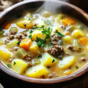 To make this soup, you need some key items. Here’s what you should gather: - 1 lb ground beef - 1 medium onion, finely diced - 3 cloves garlic, minced - 4 medium potatoes, peeled and cut into small cubes - 3 cups beef broth - 1 cup milk (whole or skim) - 1 cup heavy cream - 2 cups frozen mixed vegetables (like carrots, peas, and corn) - 2 tablespoons olive oil - 1 teaspoon dried thyme - 1 teaspoon paprika - Salt and freshly ground black pepper to taste - Fresh parsley, chopped, for garnish These ingredients blend to create a rich, creamy texture. The ground beef gives it heartiness, while the potatoes add body. You can tweak the recipe to suit your taste. Here are some fun ideas: - Cheese (cheddar or parmesan) for extra creaminess - Bacon bits for a smoky flavor - Hot sauce for a spicy kick - Fresh herbs like rosemary or chives for added freshness Feel free to mix and match these options to make the soup your own. Having the right tools makes cooking easier. Here’s what you will need: - A large pot for cooking - A stirring spoon - A sharp knife for chopping - A cutting board for prep work - Measuring cups and spoons for accuracy Using these tools will help you create a perfect creamy hamburger potato soup. Enjoy every step of the process! Start by heating olive oil in a large pot over medium heat. Add the diced onion and minced garlic. Sauté for about 3-4 minutes. You want the onion to become translucent and fragrant. This step builds the soup's flavor base and creates a warm aroma. Next, add 1 pound of ground beef to the pot. Use a spatula to break it apart as it cooks. Stir it for 5-7 minutes until the beef is browned. Make sure there is no pink left. If there’s too much fat, drain it carefully. This step adds richness to the soup. Now it’s time to add the diced potatoes. Pour in 3 cups of beef broth along with dried thyme and paprika. Season with salt and pepper to taste. Bring the mixture to a rolling boil. Reduce the heat and let it simmer for 15-20 minutes. You want the potatoes to be fork-tender during this time. Once the potatoes are soft, mix in 2 cups of frozen mixed vegetables. Then, pour in 1 cup of milk and 1 cup of heavy cream. Stir everything gently. Let the soup simmer for another 5 minutes. This step ensures all the flavors blend well together. Finally, taste your soup and adjust the seasoning if needed. Remove the pot from heat. Ladle the hot soup into bowls. Garnish with freshly chopped parsley for a pop of color. Enjoy your creamy hamburger potato soup! When making creamy hamburger potato soup, the type of potato matters. I prefer using Yukon Gold or Russet potatoes. These potatoes are starchy, which helps thicken the soup. They also break down nicely, adding creaminess. Cut them into small cubes for even cooking. This way, they will cook faster and blend well with the soup. Avoid waxy potatoes, like red potatoes, as they hold their shape too much. To keep your soup from being too soupy, start with the right amount of broth. Use three cups of beef broth as stated in the recipe. If you prefer a thicker soup, add less broth. Also, cook the potatoes until fork-tender. This helps them break down and release starch into the soup. If your soup is still too thin, mash a few potato cubes against the pot. This will help thicken the mixture naturally. Creamy hamburger potato soup is a meal on its own, but some sides enhance the meal. I love serving it with crusty bread or a fresh salad. Garlic bread adds a nice crunch and flavor. If you want a lighter side, try a simple green salad with vinaigrette. Pairing with a light dessert, like fruit salad, can balance the meal nicely. Enjoy your comforting soup with these tasty sides! {{image_4}} You can make this soup vegetarian by swapping ground beef for plant-based meat. Use a meat alternative like lentils or crumbled tofu. These options add protein and flavor. Lentils cook well and blend nicely with the soup's texture. Tofu absorbs the soup's rich taste, making it satisfying. You can also use mushrooms for a hearty twist. They add a nice umami flavor, making the soup feel more robust. Feel free to mix in your favorite vegetables. Carrots, celery, or bell peppers work great. Just chop them small to match the potato size. You can also use greens like spinach or kale for extra nutrients. Add them toward the end of cooking to keep them bright and fresh. Frozen mixed veggies are quick and easy, but fresh veggies add a lovely crunch. If you like a kick, try adding some heat. You can mix in red pepper flakes or diced jalapeños. Start with a small amount and adjust to your taste. Hot sauce can also add a nice zing. Just a few drops can change the flavor profile. For a smoky flavor, try adding chipotle peppers. They bring both heat and depth to the soup. To keep your creamy hamburger potato soup fresh, store it in an airtight container. Let the soup cool down before sealing the lid. This helps prevent moisture build-up, which can spoil the soup. It’s best to use the soup within three to four days. Always label your container with the date to track freshness. If you want to save your soup for later, freezing is a great option. First, let the soup cool completely. Then, pour it into freezer-safe bags or containers. Make sure to leave some space at the top for expansion. You can freeze the soup for up to three months. When you’re ready to enjoy it, just thaw it in the fridge overnight before reheating. To reheat your soup, place it in a pot over medium heat. Stir it often to avoid burning. You can add a splash of milk or cream for creaminess. Heat it until it’s hot but not boiling. If using a microwave, heat it in short bursts, stirring in between. This keeps the flavors fresh and tasty. Enjoy it warm for the best comfort! To make the soup gluten-free, use gluten-free beef broth. Check labels on all ingredients. Avoid any sauces or seasonings that contain gluten. You can also try cornstarch to thicken the soup instead of flour. Yes, you can use low-fat milk instead of heavy cream. The soup will be less rich, but it will still taste good. If you want creaminess, add more potatoes or blend some of the soup to get a thicker texture. You can store the soup in the refrigerator for about three to four days. Make sure to keep it in a sealed container. When you want to eat it again, heat it on the stove or in the microwave. Absolutely! You can add beans like kidney or black beans for extra protein. Cooked chicken or turkey can also work well. Just remember to adjust cooking times so everything heats through. If the soup is too thick, simply add more broth or milk. Stir well to combine. Heat it gently to avoid burning. You can also add water if needed, but it may dilute the flavor a bit. This blog post covered how to make creamy hamburger potato soup. We explored essential and optional ingredients, useful tools, and easy step-by-step instructions. Tips on choosing potatoes and avoiding a soupy texture help make your soup great. Variations allow for personal touches, like vegetarian options and spiciness. Storage tips ensure your soup stays fresh. Now, you have everything to create a delicious soup. Enjoy making it your way!
