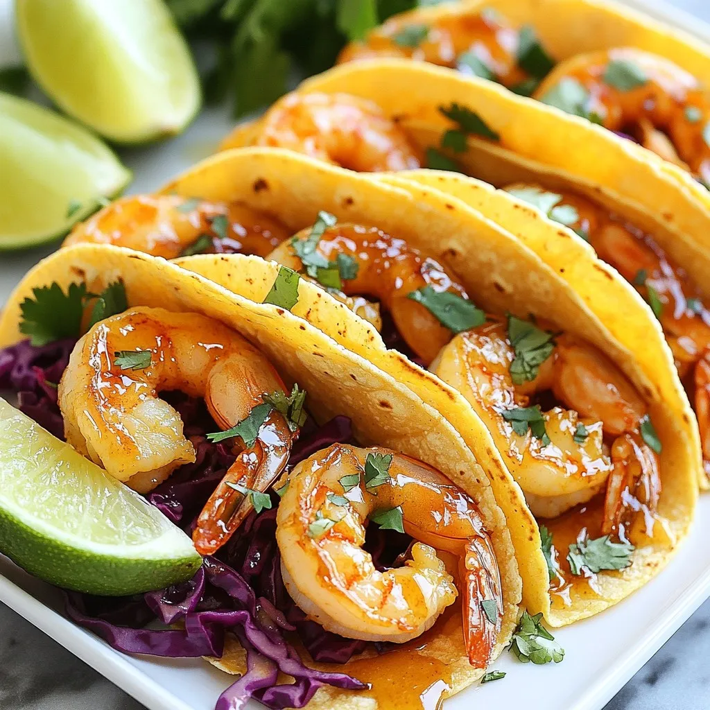 To make the best honey garlic shrimp tacos, gather these key ingredients: - 1 lb shrimp, peeled and deveined - 2 tablespoons honey - 3 cloves garlic, finely minced - 1 tablespoon soy sauce (low sodium preferred) - 1 tablespoon freshly squeezed lime juice - 1 teaspoon chili powder - 8 small flour or corn tortillas - 1 cup red cabbage, thinly shredded - 1 ripe avocado, sliced - A handful of fresh cilantro leaves, for garnish - Lime wedges, for serving - Salt and freshly ground black pepper, to taste These ingredients blend to create a sweet and savory flavor. The shrimp soak in a tasty marinade, while the toppings add crunch and freshness. If you want to elevate your tacos, consider these optional garnishes: - Diced tomatoes for added freshness - Sliced jalapeños for a spicy kick - Crumbled feta or queso fresco for creaminess - A drizzle of sour cream or Greek yogurt for tanginess Feel free to mix and match toppings to suit your taste. Each option adds a unique twist to your dish. These tacos are not only delicious but also pack a nutritious punch. Here’s a rough estimate per serving: - Calories: 320 - Protein: 24g - Carbohydrates: 30g - Fats: 12g - Fiber: 6g This meal offers a good balance of protein and carbs, making it a satisfying choice. Enjoy these flavorful tacos guilt-free! {{ingredient_image_2}} To start, gather your ingredients. In a mixing bowl, combine: - 2 tablespoons honey - 3 cloves garlic, finely minced - 1 tablespoon soy sauce - 1 tablespoon lime juice - 1 teaspoon chili powder - A pinch of salt and pepper Whisk these together until smooth. This marinade will give your shrimp a sweet and savory flavor. Next, add 1 pound of peeled and deveined shrimp to the bowl. Toss the shrimp gently in the marinade. Make sure every piece is well coated. Cover the bowl with plastic wrap. Let it sit for 15 to 20 minutes. This allows the shrimp to soak in the flavors. Now, heat a non-stick skillet over medium-high heat. Once it's hot, add the marinated shrimp in a single layer. Cook for 2 to 3 minutes until they turn pink. Flip the shrimp and cook for another 2 to 3 minutes. They should be fully cooked and opaque. Remove the skillet from heat. While the shrimp cook, take another skillet to warm your tortillas. Place each tortilla in the skillet for about 30 seconds on each side. They should be soft and pliable, not crisp. Keep them warm by wrapping in a clean kitchen towel. To build your tacos, lay a few shrimp onto each warmed tortilla. Top with a handful of shredded red cabbage. Add several slices of avocado for creaminess. Finish your tacos with fresh cilantro leaves on top. Squeeze fresh lime juice over everything for a bright flavor. For presentation, arrange your tacos on a colorful platter. Serve with lime wedges on the side for guests to enjoy. To make the best marinade, use fresh garlic and quality honey. Mix the honey, garlic, soy sauce, lime juice, and chili powder in a bowl. This mix gives the shrimp a sweet and savory taste. A pinch of salt and pepper adds depth. Marinate the shrimp for 15-20 minutes to soak up the flavors. Don't skip this step; it makes a big difference. Cook your shrimp on medium-high heat for the best results. Heat your skillet until hot, then add the marinated shrimp. Cook one side for 2-3 minutes until pink. Flip them over and cook the other side for the same time. Shrimp cook quickly, so watch them closely. They should be opaque when done. Overcooking makes shrimp tough and rubbery. Warming tortillas is key to a great taco. Use a dry skillet over medium heat. Place each tortilla in the skillet for 30 seconds on each side. You want them soft, not crispy. Keep them warm by wrapping in a clean towel. This keeps them pliable for easy folding. Enjoy your tacos with warm tortillas for the best taste! Pro Tips Marinate for Maximum Flavor: Allow the shrimp to marinate for at least 20 minutes to absorb all the delicious flavors from the honey and garlic. Keep it Fresh: Use fresh lime juice instead of bottled for a brighter, more vibrant flavor in your tacos. Perfectly Cooked Shrimp: Make sure not to overcook the shrimp; they should be pink and opaque. Overcooking can lead to rubbery texture. Customize Your Toppings: Feel free to add your favorite toppings like diced tomatoes, jalapeños, or a drizzle of sour cream for extra flavor and texture. {{image_4}} You can swap shrimp for other proteins. Chicken works well in this recipe. Use boneless, skinless chicken breasts. Cut them into bite-sized pieces and marinate as you would shrimp. Tofu is another great option. Choose firm tofu and cut it into cubes. Press it to remove excess moisture before marinating. Both options give the same sweet and savory flavor. Tacos are fun, but you can change the style. Try lettuce wraps for a low-carb option. Use large leaves, like romaine or butter lettuce. Place the shrimp and toppings inside the leaves. Burrito style is another choice. Take a larger tortilla and fill it with the shrimp, cabbage, and avocado. Roll it up tightly for a tasty, handheld meal. You can boost the flavor with a few simple tweaks. Add spices like smoked paprika or cumin to the marinade. This gives your dish a deeper taste. For toppings, consider diced tomatoes or sliced jalapeños for heat. A drizzle of sour cream or yogurt can add creaminess. These enhancements let you personalize your tacos to fit your taste. After enjoying your honey garlic shrimp tacos, you may have some shrimp left. Store the leftover shrimp in an airtight container. Make sure to refrigerate them within two hours of cooking. They will stay fresh for up to three days. If you want to freeze them, use a freezer-safe bag. They can last for about two months in the freezer. To reheat the shrimp, it’s best to use a skillet. Heat the skillet over medium heat. Add the shrimp and cook for about 3-4 minutes until hot. Stir gently to avoid overcooking. You can also microwave the shrimp. Place them in a microwave-safe dish and cover. Heat for 30 seconds, then check if they're warm. If not, heat in 15-second intervals. For leftover tortillas, place them in a resealable plastic bag. Keep the bag sealed to prevent them from drying out. Store them in the fridge for up to a week. If you want to keep them longer, freeze the tortillas. Wrap them in foil or plastic wrap before placing in the freezer. When ready to use, thaw them overnight in the fridge. To keep shrimp tender, cook them quickly. Shrimp only need about 2-3 minutes per side. Look for them to turn pink and opaque. If you see them curling tightly, they are overcooked. Use a timer if needed. This will help you keep track of cooking time. Yes, you can prep the shrimp ahead of time. Marinate them for up to 30 minutes. If you want to store them longer, keep them in the fridge for 1-2 hours. Avoid marinating overnight, as it can change the texture. Cook them just before serving for the best taste. These tacos go well with many sides. Try serving them with: - Mexican rice - Black beans - Grilled corn - Chips and salsa - A fresh green salad These sides brighten the meal and complement the shrimp's flavors. You can make this recipe vegan by using tofu or tempeh instead of shrimp. Marinate them just like you would the shrimp. For a seafood taste, consider using jackfruit or mushroom. Both options have a nice texture and will soak up the honey garlic flavor well. Honey garlic shrimp tacos are a tasty choice. We covered the key ingredients and how to prepare them. You learned about optional toppings to add more flavor. I shared tips for cooking shrimp just right and warming tortillas. Try different proteins or styles to mix it up. Store leftovers properly for future meals. With these steps, you can enjoy great tacos any time. Experiment, have fun, and enjoy your cooking adventure!
