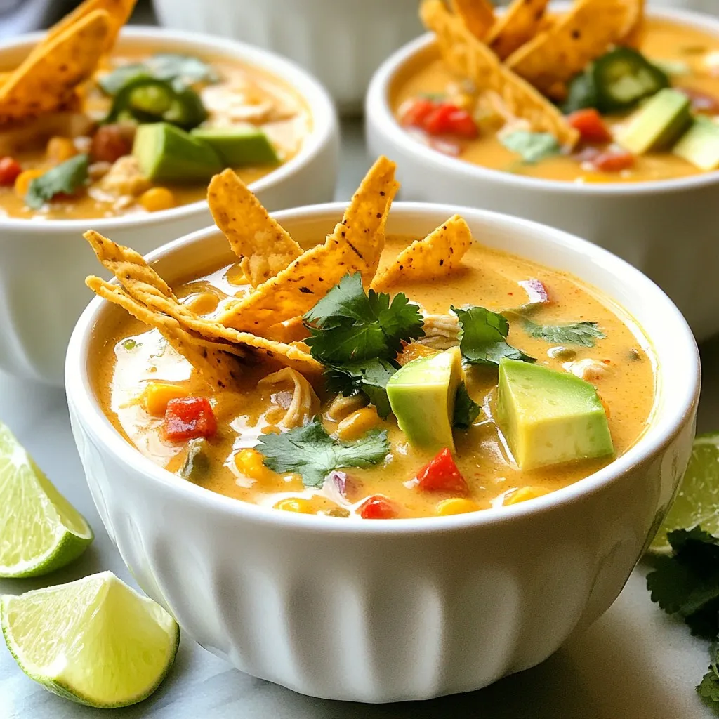 To make creamy chicken tortilla soup, you'll need: - 1 tablespoon olive oil - 1 medium onion, diced - 2 cloves garlic, minced - 1 medium red bell pepper, diced - 1 medium jalapeño, deseeded and finely minced - 2 cups cooked chicken, shredded - 4 cups chicken broth - 1 can (15 oz) diced tomatoes, including juices - 1 can (4 oz) diced green chilies - 1 teaspoon ground cumin - 1 teaspoon smoked paprika - 1 teaspoon chili powder - 1 cup corn kernels (can be fresh, frozen, or canned) - 1 cup heavy cream - Salt and black pepper to taste - Tortilla strips, for garnish - Fresh cilantro, chopped, for garnish - Slices of avocado, for garnish - Lime wedges, for serving You can swap some ingredients for different flavors or needs: - Use coconut milk instead of heavy cream for a dairy-free option. - If you dislike jalapeños, try bell peppers for less heat. - Substitute chicken with cooked turkey or beans for a vegetarian option. - Use vegetable broth if you want a lighter soup. - Canned tomatoes can be swapped with fresh ones if you prefer. Each serving of creamy chicken tortilla soup contains: - Calories: Approximately 400 kcal - Protein: 25g - Fat: 25g - Carbohydrates: 30g - Fiber: 4g - Sodium: 800mg This soup is rich and filling, perfect for a cozy meal. Enjoy! {{ingredient_image_2}} Gather your ingredients first. This makes cooking easier. You will need: - 1 tablespoon olive oil - 1 medium onion, diced - 2 cloves garlic, minced - 1 medium red bell pepper, diced - 1 medium jalapeño, deseeded and finely minced - 2 cups cooked chicken, shredded - 4 cups chicken broth - 1 can (15 oz) diced tomatoes, including juices - 1 can (4 oz) diced green chilies - 1 teaspoon ground cumin - 1 teaspoon smoked paprika - 1 teaspoon chili powder - 1 cup corn kernels (can be fresh, frozen, or canned) - 1 cup heavy cream - Salt and black pepper to taste - Tortilla strips, for garnish - Fresh cilantro, chopped, for garnish - Slices of avocado, for garnish - Lime wedges, for serving Chop the onion, garlic, bell pepper, and jalapeño. This helps release their flavors. Start by heating the olive oil in a large pot over medium heat. Add the diced onion and sauté it for about 3-4 minutes. You want it to be soft and clear. Next, add the minced garlic, red bell pepper, and jalapeño. Cook these for another 2-3 minutes. Stir often to avoid burning. Now, add the shredded chicken and mix it with the veggies. It should smell great! Pour in the chicken broth, diced tomatoes, and green chilies. Sprinkle in the ground cumin, smoked paprika, and chili powder. Add salt and pepper to taste. Turn up the heat and bring the soup to a gentle boil. Once it boils, lower the heat and let it simmer for 15 minutes. This lets the flavors blend well. After that, stir in the corn and heavy cream. Mix gently and warm it for another 5 minutes. Make sure it doesn’t boil again. To get the perfect creamy texture, use full-fat heavy cream. This keeps the soup thick and rich. If the soup seems too thick, add more chicken broth until you reach your desired consistency. Remember to taste the soup before serving. Adjust the seasoning with more salt or pepper if needed. Serve it hot and garnish with tortilla strips, cilantro, and avocado slices. The lime wedges add a nice zesty touch! To boost the flavor of your creamy chicken tortilla soup, use fresh herbs. Fresh cilantro adds a bright taste. You can also squeeze lime juice into the soup for a zesty kick. Consider adding a pinch of cayenne pepper for a little heat. For a smoky flavor, use smoked paprika instead of regular paprika. Roasting your veggies before adding them to the pot can also deepen the flavor. One common mistake is not sautéing the onion and garlic long enough. You want them soft and fragrant. Be careful not to skip the simmering step. This helps all the flavors come together. Adding the heavy cream too early can make it curdle, so wait until the end. Finally, remember to taste your soup before serving. Adjust the salt and pepper to your liking. Serve your soup hot in colorful bowls to make it look appealing. Top with crispy tortilla strips for crunch. Add fresh cilantro and slices of avocado for creaminess. A wedge of lime on the side brightens the dish. You can also serve it with warm tortillas or cornbread. This makes for a hearty and satisfying meal. Pro Tips Use Homemade Chicken Broth: For an even richer flavor, consider making your own chicken broth. It enhances the soup's depth and freshness. Adjust the Spice Level: If you prefer a milder soup, reduce the amount of jalapeño or switch to a sweeter pepper like a yellow bell pepper. Fresh Herbs Matter: Adding fresh cilantro at the end really brightens up the dish. You can also experiment with fresh lime zest for an extra zing. Make It Ahead: This soup tastes even better the next day! Prepare it in advance and let it sit in the fridge overnight to let the flavors develop. {{image_4}} If you love heat, make a spicy chicken tortilla soup. Start by adding more jalapeños. You can use two or even three, depending on your taste. For extra spice, toss in some cayenne pepper. A dash of hot sauce can also elevate the flavor. This soup will warm you up on a cold day! You can easily make a vegetarian version. Replace chicken with hearty vegetables like zucchini, mushrooms, or bell peppers. Use vegetable broth instead of chicken broth. Add black beans or pinto beans for protein. This version is still creamy and packed with flavor. Everyone will enjoy it, even meat lovers! If you want more protein, add beans or lentils. Black beans, kidney beans, or chickpeas work great. Cook them with the soup for added flavor. You can also toss in cooked quinoa or rice for a heartier meal. This way, you get a filling soup that satisfies hunger while keeping it delicious! To store your creamy chicken tortilla soup, let it cool first. Once cooled, pour it into an airtight container. This helps keep the flavors fresh. You can store it in the fridge for up to three days. Make sure to label the container with the date. You can freeze this soup, too! First, cool the soup completely. Pour it into freezer-safe containers, leaving some space for expansion. Seal tightly and label. It can last in the freezer for about three months. When you want to eat it, just thaw it overnight in the fridge. Reheating is simple! For the best taste, use a pot on the stove. Pour in the soup and heat over medium-low. Stir often until hot. If the soup seems too thick, add a splash of chicken broth or water. You can also use a microwave. Place the soup in a microwave-safe bowl and cover it loosely. Heat in short bursts, stirring in between. Just be careful not to overheat it! Yes, you can make creamy chicken tortilla soup in a slow cooker. Start by sautéing the onion, garlic, and peppers in a pan. Then, add them to the slow cooker with the rest of the ingredients. Cook on low for 6 to 8 hours or on high for 3 to 4 hours. When it's almost done, stir in the heavy cream. This method lets the flavors blend well, making the soup rich and tasty. If you want a lighter option, use half-and-half instead of heavy cream. You can also use coconut milk for a dairy-free version. Another choice is using a mix of milk and cornstarch to thicken the soup. Just remember that these options will change the taste a bit, but they will still keep your soup creamy. You can store creamy chicken tortilla soup in the fridge for up to 3 to 4 days. Make sure to put it in an airtight container. If you want it to last longer, consider freezing it. Just remember to leave out the toppings until you are ready to serve. This blog post covered all you need for a great chicken tortilla soup. We discussed ingredients, substitutions, and nutrition facts. You learned step-by-step instructions for preparation and cooking. I shared tips to enhance flavors and avoid common mistakes. You can explore variations for spice, vegetarian options, or adding proteins. Plus, I provided storage info for leftovers, freezing, and reheating. Follow these ideas, and you’ll make a delicious soup. Enjoy creating your perfect tortilla soup!