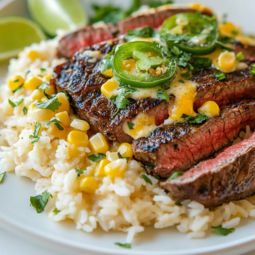 - 2 ribeye steaks (approximately 1 inch thick) - Salt and freshly cracked black pepper to taste - 2 tablespoons extra-virgin olive oil - 1 cup long-grain rice - 2 cups low-sodium chicken broth - 1 cup queso cheese (or a Mexican cheese blend) - 1/2 cup corn kernels (fresh or frozen) - 1/4 cup diced jalapeños (fresh or pickled) - 2 tablespoons freshly chopped cilantro - Lime wedges, for serving {{ingredient_image_2}} Start by patting the ribeye steaks dry with paper towels. This step helps to get a nice brown crust. Season both sides with salt and freshly cracked black pepper. Let the steaks sit at room temperature for 15-20 minutes. This resting time lets the salt soak in and boosts flavor. In a medium saucepan, pour in the low-sodium chicken broth and bring it to a gentle boil. Add 1 cup of long-grain rice and 1/2 cup of corn kernels. Stir briefly, then cover and reduce the heat to a simmer. Cook for about 15-18 minutes, until the rice absorbs all the liquid and is tender. While the rice cooks, heat 2 tablespoons of extra-virgin olive oil in a large skillet over medium-high heat. When the oil shimmers, add the seasoned ribeye steaks. Sear them for about 4-5 minutes without moving them. This forms a rich, brown crust. Gently flip the steaks using tongs and cook for another 3-4 minutes for medium-rare. Adjust the time if you want it more or less cooked. Once done, take the steaks out and let them rest for 5 minutes. While they rest, stir in 1 cup of queso cheese and 1/4 cup of diced jalapeños into the rice. Fluff the rice with a fork. Serve the queso rice on plates, slice the steaks against the grain, and place them on top. Garnish with chopped cilantro and lime wedges. Enjoy this tasty meal! To season your ribeye steak, start by patting it dry. This helps the salt stick. Use enough salt and cracked black pepper on both sides. Let the steak sit at room temperature for 15-20 minutes. This step helps the flavor sink in and enhances the taste. For great rice, use low-sodium chicken broth. This adds flavor without being too salty. Bring the broth to a gentle boil before adding the rice and corn. Cover the pot and lower the heat to simmer. Let it cook for 15-18 minutes. Check that all the liquid is absorbed and the rice is tender. After cooking, let the steak rest on a cutting board for about 5 minutes. This resting time allows the juices to redistribute, making every bite juicy and flavorful. Don’t skip this step; it makes a big difference! To boost the flavor of your queso rice, add diced jalapeños. They bring a nice kick. Fresh cilantro adds brightness and color. You can also squeeze lime juice over the dish for a zesty touch. These extras make the meal stand out and taste amazing! Pro Tips Rest the Steaks: Letting the steaks rest after cooking allows the juices to redistribute, ensuring each bite is tender and juicy. Use a Meat Thermometer: For perfectly cooked steaks, use a meat thermometer. Aim for an internal temperature of 130°F (54°C) for medium-rare. Fluff the Rice: After incorporating the queso, fluff the rice gently with a fork to keep it light and prevent clumping. Add Extra Flavor: For an added kick, consider marinating the steaks for a few hours in a mixture of lime juice, garlic, and spices before cooking. {{image_4}} You can swap ribeye for other cuts. Flank steak or sirloin works well. These cuts are leaner but still flavorful. Tenderloin is another option. It is softer but may lack some beefy flavor. Just make sure to adjust cooking times based on thickness. A thicker cut needs more time to cook. If queso cheese is not available, try other cheeses. A Mexican cheese blend melts well and adds flavor. Monterey Jack gives a nice creaminess too. You can also use cheddar for a sharper taste. Vegan cheese options are great for plant-based diets. Check for melting qualities to ensure a creamy finish. You can easily adjust the spice in this dish. For a milder flavor, skip the jalapeños or use less. Try bell peppers instead for a sweet crunch. If you like heat, add more jalapeños or use fresh chili peppers. You can even sprinkle some cayenne or chili powder into the rice. Taste as you go for the best balance. To store leftover steak, cool it first. Wrap the steak in plastic wrap or foil. Place it in an airtight container. This helps keep it fresh. Store the container in the fridge. It will last for about 3 to 4 days. If you want to keep it longer, consider freezing it. Just wrap it well to prevent freezer burn. For queso rice, let it cool down too. Place it in a separate airtight container. This helps keep the rice creamy. You can store it in the fridge for about 3 to 5 days. If you have extra portions, freeze them. Just make sure to use freezer-safe containers. When reheating steak, use low heat. This keeps it juicy. You can use a skillet or the oven. Heat it just until warm. For queso rice, add a splash of water. This helps restore the creamy texture. Heat it in the microwave or on the stove. Stir well to mix in the water. Enjoy your flavorful meal again! You can check the steak's doneness by using a meat thermometer. The ideal temperature for medium-rare is 130-135°F. Press the steak gently with your finger. If it feels soft but springs back, it is likely medium-rare. Yes, you can use other types of rice. Brown rice or jasmine rice works well too. Just adjust the cooking time and liquid amounts as needed. Brown rice takes longer to cook, so plan for an extra 10-15 minutes. Many sides go well with this dish. You could try a fresh salad, grilled vegetables, or roasted potatoes. A simple corn salad would also complement the queso rice nicely. You can store leftovers in the fridge for up to 3 days. Make sure to keep them in an airtight container. Reheat gently in the microwave or on the stove to maintain flavor and texture. This blog post covered all you need for a delicious meal. We explored the key ingredients for seared steak and queso rice. You learned step-by-step instructions for cooking them perfectly. Useful tips helped you season the steak and cook the rice just right. We even looked at variations to personalize your dish. Don't forget to store any leftovers safely for later. With this knowledge, you can create a great meal. Enjoy your cooking and impress your family and friends!