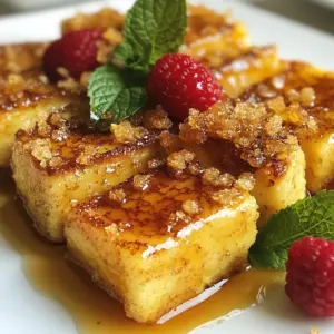 To make Crème Brûlée French Toast, gather these key ingredients: - 1 loaf of challah bread, sliced into thick slices - 4 large eggs - 1 cup heavy cream - 1 cup whole milk - 1/2 cup granulated sugar - 1 tablespoon pure vanilla extract - 1 teaspoon ground cinnamon - A pinch of salt - 1/4 cup brown sugar (for a glorious topping) These ingredients create a rich custard that soaks into the bread. The heavy cream and milk combine for a creamy texture. The eggs help bind everything together, making it a perfect base for this dish. You can elevate your Crème Brûlée French Toast with these optional garnishes: - Fresh berries (like strawberries, blueberries, or raspberries) - Fresh mint leaves These additions bring color and freshness to your meal. Berries add a sweet, tart flavor, while mint offers a refreshing touch. They make your dish look beautiful, too. While challah bread is the star here, you can also try other breads: - Brioche - French bread - Texas toast These breads are soft and absorbent. They soak up the custard well, ensuring a rich flavor and perfect texture. Use what you have on hand for a tasty twist. {{ingredient_image_2}} Start by gathering your ingredients. In a large bowl, crack four eggs. Add one cup of heavy cream and one cup of whole milk. Then, pour in half a cup of granulated sugar. Add one tablespoon of pure vanilla extract, one teaspoon of ground cinnamon, and a pinch of salt. Whisk the mixture until it is smooth and combined. This custard is the heart of your Crème Brûlée French Toast. Slice your loaf of challah bread into thick slices. Take each slice and dip it into the custard mix. Let it soak for about 30 seconds on each side. This step is key. It allows the bread to soak up all the flavors. Once soaked, arrange the slices in a greased baking dish. You can overlap them if needed to fit them all in. Pour any leftover custard over the bread. Cover the dish with foil and let it rest for 15 minutes. This step helps the bread absorb even more custard. Preheat your oven to 375°F (190°C). Once the dish has rested, remove the foil. Sprinkle a quarter cup of brown sugar evenly over the top. Bake in the oven for 25 minutes. After baking, switch to the broiler for the last 2-3 minutes. Watch closely as the sugar caramelizes. You want a golden, crunchy top. Once done, take it out of the oven and let it cool for a few minutes. Cut into squares and serve warm for a delightful treat. The custard soak is key to this dish. Use fresh eggs and cream for the best flavor. Whisk the eggs and cream together until smooth. Soak each slice of challah bread for about 30 seconds on each side. This helps the bread absorb the custard well. If the bread is too dry, it won't soak up enough. If it’s too wet, it will fall apart. To get that crunchy top, sprinkle brown sugar evenly over the soaked bread. This sugar will melt and caramelize in the oven. After baking, switch to broil for the last 2-3 minutes. Keep a close eye on it. You want it golden, not burnt. The caramelized layer adds a nice contrast to the creamy custard. For a beautiful presentation, cut the French toast into squares. Arrange them on a decorative platter. Pile fresh berries next to the slices for color. Add a sprig of mint on top for a fresh look. Serve warm with coffee or tea. This makes for a lovely brunch that impresses everyone. Enjoy each bite! Pro Tips Soak Time Matters: Allow the challah bread to soak in the custard mixture for at least 30 seconds on each side. This ensures that each slice is infused with flavor and maintains a creamy texture after baking. Use Fresh Ingredients: Whenever possible, opt for fresh eggs, high-quality cream, and real vanilla extract. These ingredients will elevate the flavor profile of your French toast, making it truly decadent. Watch the Broiler: When using the broiler to caramelize the sugar, stay vigilant! It can go from perfectly caramelized to burnt in seconds, so keep a close eye on it. Garnish for Glamour: Fresh berries and mint not only add vibrant color to your dish but also provide a refreshing contrast to the richness of the French toast. Don't skip this step for an elegant presentation! {{image_4}} You can boost the flavor of your Crème Brûlée French Toast easily. Try adding zest from oranges or lemons to the egg mixture. This will give it a bright, fresh taste. You can also mix in spices like nutmeg for warmth. A few drops of almond extract can add a nice twist too. Each of these options enhances the dish in a unique way. If you have dietary needs, there are simple swaps. Use gluten-free bread if you want to avoid gluten. To make it dairy-free, replace heavy cream and milk with almond or coconut milk. You can also use flax eggs instead of regular eggs for a vegan option. These swaps ensure everyone can enjoy this delicious recipe. Want to get creative? Try making stuffed Crème Brûlée French Toast. Spread cream cheese or a fruit jam between two slices of bread before soaking. You can also layer the bread slices with berries for added flavor and texture. These twists make your French toast even more fun and exciting to eat. After you enjoy your Crème Brûlée French Toast, you may have some left. To store it well, let it cool completely. Then, place the slices in an airtight container. You can keep it in the fridge for up to three days. If you want to save it longer, consider freezing it. When you're ready to eat the leftovers, reheating is key. For best results, use the oven. Preheat your oven to 350°F (175°C). Place the slices on a baking sheet. Heat them for about 10-15 minutes. This makes the edges crispy again. You can also use a microwave, but it may make the toast a bit soggy. Freezing is a great option if you want to meal prep. Wrap each slice in plastic wrap. Then, place them in a freezer bag. Make sure to remove as much air as possible. You can freeze them for up to two months. When you want to enjoy them, thaw overnight in the fridge before reheating. Yes, you can prepare Crème Brûlée French Toast ahead of time. First, follow the recipe until you arrange the soaked bread in the baking dish. After that, cover it tightly with plastic wrap. Place it in the fridge overnight. In the morning, remove it from the fridge and let it sit for about 15 minutes at room temperature. Then, sprinkle the brown sugar on top and bake as directed. If you don’t have heavy cream, you can use half-and-half or whole milk. For a lighter version, use a mixture of milk and Greek yogurt. This mix keeps the custard creamy while reducing fat. However, heavy cream gives the best flavor and texture. To keep the bread from getting soggy, do not soak it for too long. Dip each slice in the custard mix for only about 30 seconds on each side. Arrange the bread neatly in the baking dish, allowing space between slices. Also, letting it rest for 15 minutes after soaking helps too. This way, the bread absorbs the custard without becoming too wet. This blog post covered how to make Crème Brûlée French Toast from start to finish. We explored essential ingredients, detailed step-by-step instructions, and helpful baking tips. I shared fun variations and how to store leftovers for later. Enjoy making this tasty dish! Remember, experimenting with flavors or toppings can make it even better. With practice, you’ll impress everyone at the table.