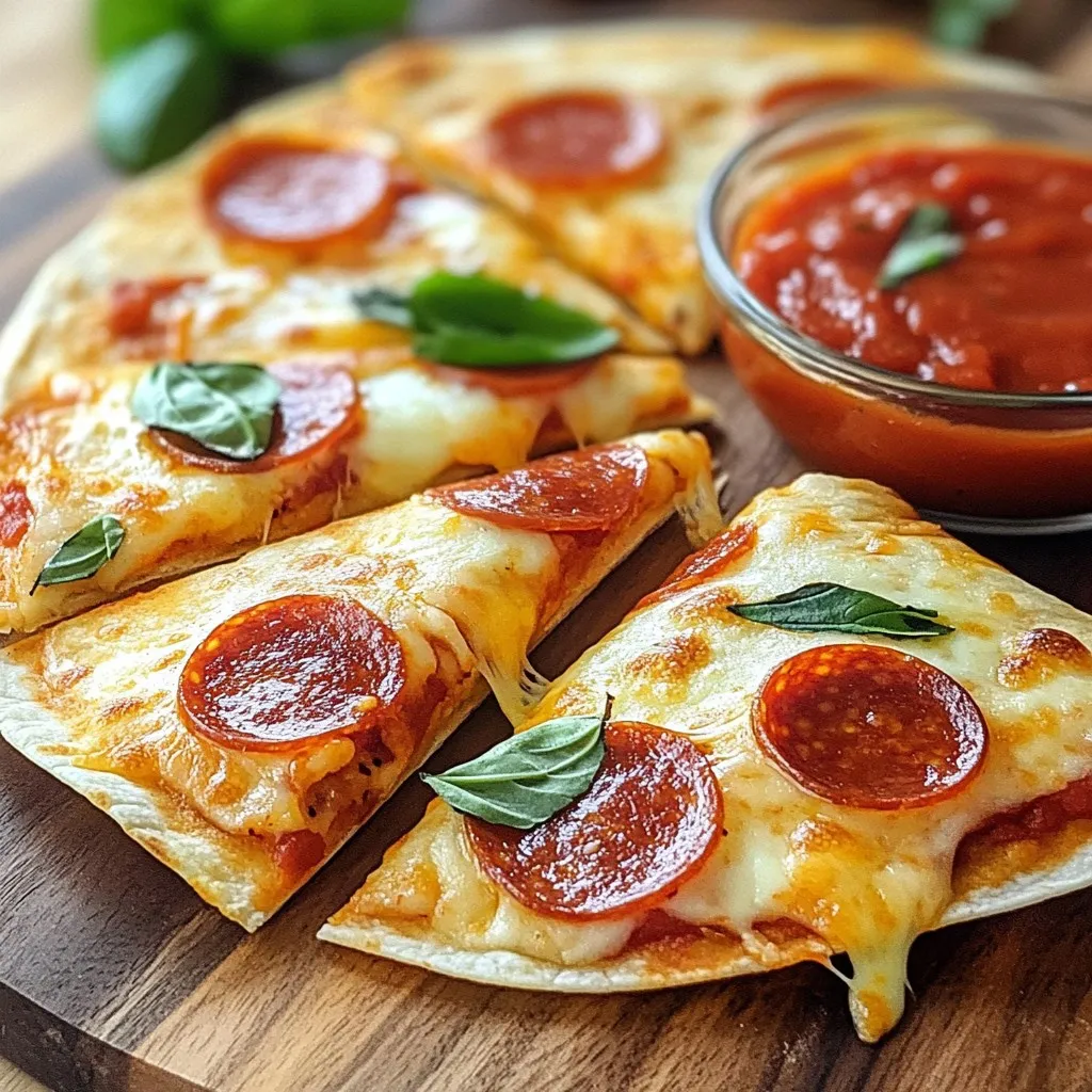 - 4 large flour tortillas - 1 cup shredded mozzarella cheese - 1 cup sliced pepperoni - 1/2 cup marinara sauce (plus extra for dipping) - 1/2 teaspoon Italian seasoning - 1/4 teaspoon garlic powder - 1 tablespoon olive oil - Fresh basil leaves for garnish (optional) To make Pepperoni Pizzadillas, you need simple and tasty ingredients. Flour tortillas are the base. They hold everything together and add a nice texture. Shredded mozzarella cheese adds that gooey, melty goodness we all love. Sliced pepperoni brings a savory kick. It gives pizzadillas that classic pizza flavor. Marinara sauce is the hero here too. You’ll drizzle it inside and serve more on the side for dipping. Italian seasoning and garlic powder give a burst of flavor. They make each bite more exciting. Olive oil helps crisp the tortillas. Finally, fresh basil leaves are optional but add a pop of color and freshness. These ingredients come together to create a dish that is quick and full of flavor. You’ll impress everyone with this blend of tastes! {{ingredient_image_2}} 1. Preheat the skillet and add olive oil: Start by heating your large skillet over medium heat. Pour in the olive oil and let it warm up. You want it hot, but not smoking. 2. Layering tortillas with cheese and pepperoni: Place one flour tortilla flat in the skillet. Sprinkle half of the shredded mozzarella cheese on top of the tortilla. Make sure to cover the edges so the cheese melts nicely. 3. Adding marinara sauce and seasoning: Lay half of the sliced pepperoni evenly over the cheese. Drizzle 1/4 cup of marinara sauce on top. Then, add a dash of Italian seasoning and garlic powder for extra flavor. 4. Cooking the pizzadilla until golden brown: Top this with the rest of the mozzarella cheese. Place a second tortilla on top. Cook for about 3-4 minutes until the bottom is golden brown and the cheese begins to melt. Flip the pizzadilla using a spatula. Cook the other side for another 3-4 minutes until it is crispy. 5. Serving: Once cooked, take the pizzadilla out and let it cool for a minute. Slice it into wedges with a pizza cutter. Serve warm with extra marinara sauce for dipping, and garnish with fresh basil leaves if you like. - Ensuring an even distribution of ingredients Start by spreading the cheese all over the tortilla. This way, every bite gets that gooey goodness. Place the pepperoni in a single layer on top of the cheese. This helps the flavors mix well. Lastly, drizzle the marinara sauce evenly for a perfect blend of tastes. - Tips for flipping without mess Use a large spatula for flipping. Slide it under the pizzadilla carefully. Lift it high enough to flip without spilling any toppings. If you feel unsure, you can use two spatulas. One holds the pizzadilla while the other flips it. - Maintaining ideal temperature for cooking Keep your skillet at medium heat. Too hot can burn the tortilla quickly. If the skillet is too cool, the cheese won't melt well. Adjust the heat as needed. A non-stick skillet can also make cooking easier. This helps avoid sticking and makes flipping simpler. Pro Tips Use Fresh Ingredients: Fresh mozzarella and high-quality pepperoni can significantly enhance the flavor of your pizzadillas. Experiment with Cheese: Try mixing different cheeses like cheddar or provolone for a unique twist on the classic mozzarella. Control the Heat: Keep the skillet at medium heat to prevent burning while ensuring the cheese melts perfectly. Customize Your Fillings: Feel free to add vegetables like bell peppers or mushrooms for added nutrition and flavor variety. {{image_4}} You can have a lot of fun with your pizzadillas. Here are some ideas to make them even better: - Adding vegetables: Slice up bell peppers or onions. These add color and crunch. You can even add spinach for a fresh taste. This makes the dish healthier and adds great flavor. - Using different cheeses: Swap mozzarella for cheddar or pepper jack. Each cheese gives a unique twist. Cheddar adds a sharp taste, while pepper jack brings a spicy kick. Experiment to find your favorite blend! - Experimenting with sauces: Try different sauces to change the flavor. Pesto gives a fresh, herbaceous taste. Alfredo sauce adds a creamy, rich layer. You can even mix sauces for a fun twist! These variations prove that pizzadillas are not just for pepperoni lovers. You can make them fit your tastes and mood. Enjoy creating your own version of this quick, flavorful delight! To keep your leftover pizzadillas fresh, follow these best practices: - Immediate Storage: Allow the pizzadillas to cool for a few minutes after cooking. Place them in an airtight container. This step helps prevent moisture from making them soggy. - Reheating Methods: For the best taste, reheat pizzadillas in a skillet on medium heat. This helps keep the outside crispy. Cook for about 3-5 minutes on each side, or until they are warm and crispy again. - Freezing Options: If you want to save pizzadillas for later, wrap each one tightly in plastic wrap. Place them in a freezer-safe bag or container. They can last up to three months in the freezer. When ready to eat, thaw them in the fridge overnight before reheating. Can I make pizzadillas in advance? Yes, you can make pizzadillas ahead of time. Prepare the ingredients and assemble them. Cook them briefly, then cool them down. Store in the fridge for up to one day. When you're ready to eat, heat them in a skillet for a few minutes until warm. How can I make them healthier? To make pizzadillas healthier, try these tips: - Use whole wheat tortillas for extra fiber. - Swap pepperoni for turkey pepperoni or veggies. - Use less cheese or opt for low-fat cheese. - Add spinach or other greens to boost nutrition. What can I use as a substitute for pepperoni? If you don't have pepperoni, here are some good options: - Sliced turkey or chicken for a leaner choice. - Veggie slices like bell peppers or mushrooms. - Crumbled sausage for a different flavor. - Even try a mix of cheeses for a cheesy delight. You learned how to make delicious pepperoni pizzadillas. We covered the key ingredients, from tortillas to seasonings. I shared easy steps for cooking and tips for the best results. You also discovered fun variations and how to store leftovers properly. With this knowledge, you can enjoy tasty pizzadillas anytime. Feel free to experiment with flavors and toppings. Happy cooking!