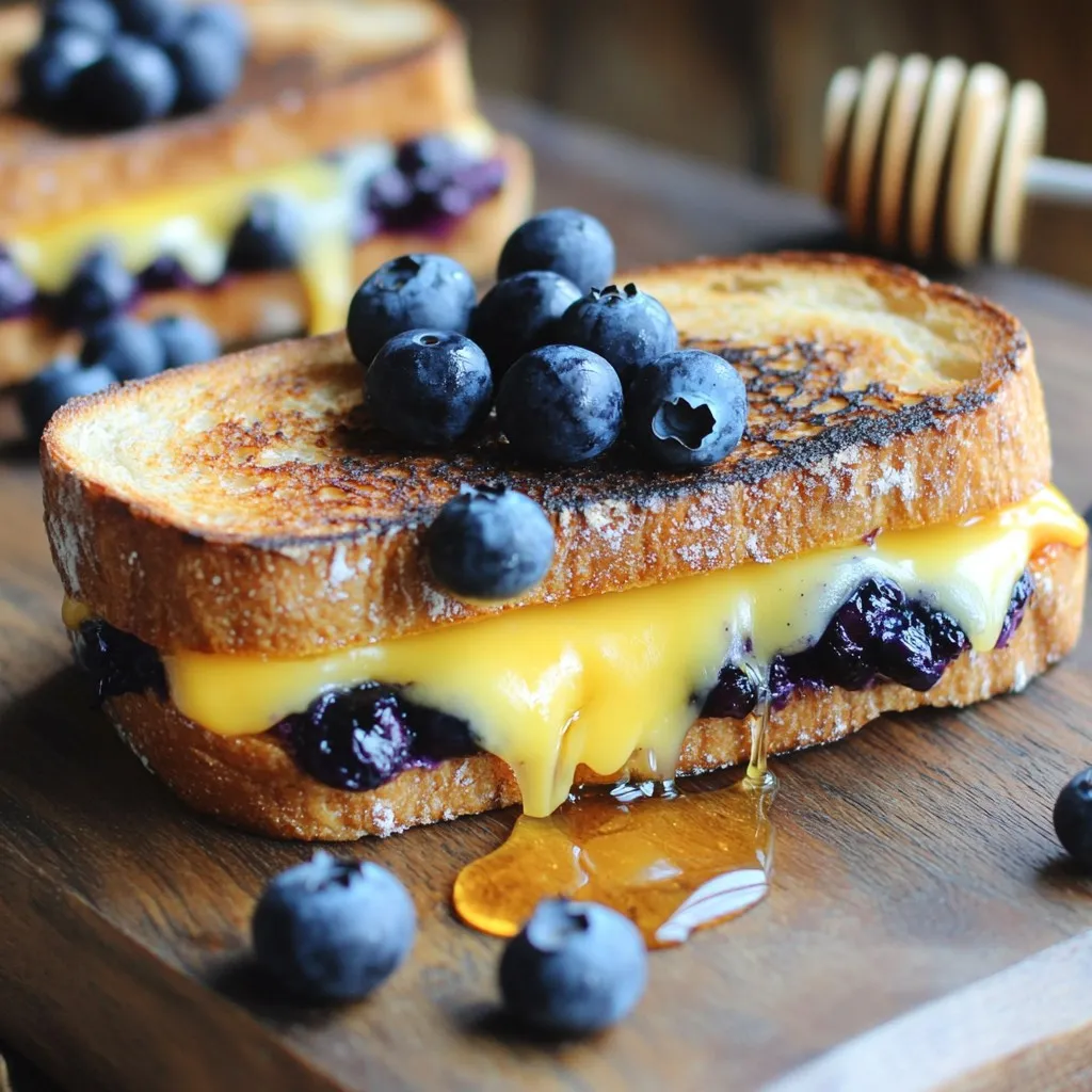 - Sourdough Bread - Sharp Cheddar Cheese - Fresh Blueberries - Butter - Honey - Ground Cinnamon - Sea Salt This Blueberry Grilled Cheese is a fun twist on a classic. To make this dish, you need just a few simple ingredients. Start with two slices of sourdough bread. This bread gives a nice crunch and flavor. Next, grab half a cup of sharp cheddar cheese. Grate it fresh for the best taste. You will also need half a cup of fresh blueberries. They add a sweet burst of flavor. For extra richness, have some unsalted butter on hand. You will spread this on the bread. Honey adds a sweet touch, while ground cinnamon gives warmth. Finally, a pinch of sea salt enhances all these flavors. Using fresh ingredients makes this sandwich shine. The mix of creamy cheese and sweet blueberries creates a delightful taste. The crispy, buttery bread rounds out the experience. Enjoy creating this tasty treat! Combining Ingredients In a small bowl, mix fresh blueberries, honey, ground cinnamon, and a pinch of fine sea salt. This mix brings sweet and warm flavors together. Mashing Technique Grab a fork and gently mash the blueberries. You want to break them up a bit, letting the juices flow. Let this mixture sit for a few minutes. The flavors will blend perfectly during this time. Preheating the Skillet Turn on your stove to medium heat. Preheat a non-stick skillet. Make sure it heats evenly for the best results. Layering Ingredients Spread softened butter on one side of each sourdough slice. Place one slice into the skillet, buttered side down. Sprinkle half of the grated sharp cheddar cheese over the bread. Spoon the blueberry mixture over the cheese, spreading it evenly. Top with the rest of the cheese. Finally, place the other slice of bread on top, buttered side facing up. Cooking Time and Golden Brown Tips Cook the sandwich for 3-4 minutes. You want the bottom to turn golden brown and crispy. Gently flip the sandwich using a spatula. Cook for another 3-4 minutes on the other side. Check that the cheese melts well and both sides are golden. Remove the sandwich from the skillet and let it cool for a minute. Slice it in half to show off the gooey blueberry and cheese inside. To get that perfect crust, spread the butter evenly on each slice of bread. Use soft butter so it glides smoothly. This helps the bread crisp up nicely. Remember, a thin layer works best. If you miss spots, the bread may not toast evenly. Set your skillet to medium heat. Too high and you might burn the bread before the cheese melts. Too low and it may take too long to cook. A steady medium heat gives you a golden brown finish. Patience is key here for a perfectly cooked sandwich. Adding honey to your blueberry mixture brings out sweetness. You can adjust the amount to your taste. A little drizzle on top before serving adds a lovely touch. This complements the cheese and blueberries nicely. While sharp cheddar shines in this recipe, feel free to swap it out. Try creamy brie or nutty gouda for a twist. Each cheese brings a unique taste. Mixing cheeses can also create a richer flavor profile. Don’t be afraid to get creative! {{image_4}} You can change the bread for your Blueberry Grilled Cheese. Here are two great options: - Whole Wheat: This option adds fiber and nutrients. Whole wheat bread gives a slightly nutty taste, which pairs well with the sweetness of the blueberries. - Gluten-Free Options: If you need gluten-free bread, try a good quality gluten-free loaf. It works just as well, and you still get that crispy, cheesy delight. Switching up the cheese can enhance your grilled cheese experience. Here are some fun ideas: - Brie or Gouda Suggestions: Brie adds a creamy texture, while Gouda brings a smoky flavor. Both melt well and complement blueberries beautifully. - Adding Cream Cheese: For an extra layer of creaminess, spread some cream cheese on the bread. It mixes perfectly with the blueberries and cheese for a rich taste. Feel free to mix and match! The key is to find flavors you love. Enjoy experimenting with these variations. To store leftover blueberry grilled cheese, wrap it tightly in plastic wrap or foil. This keeps the sandwich fresh and prevents it from drying out. Place it in the fridge. This method helps keep the flavors intact. For reheating, I recommend using a skillet. Heat the skillet over low heat. Place the sandwich in the pan and cover it with a lid. This warms the sandwich evenly. Cook for about 3 to 4 minutes on each side. Check that the cheese melts and the bread crisps up nicely. The shelf life of your blueberry grilled cheese is about 2 to 3 days in the fridge. To ensure freshness, eat it within this timeframe. If you want to keep it longer, consider freezing it. Wrap it tightly in plastic wrap and place it in a freezer bag. It can last for up to a month in the freezer. When ready to eat, thaw it in the fridge overnight. Then, reheat as described above for the best results. Following these best practices will help you enjoy your delicious creation for longer! Blueberry grilled cheese is a fun twist on a classic dish. It combines sharp cheddar cheese with sweet blueberries. You get a mix of creamy, tangy, and sweet flavors. The sourdough bread adds a nice crunch. Each bite offers a delicious surprise of gooey cheese and bursting blueberries. It’s perfect for a lunch or a snack. Yes, you can use frozen blueberries. Just remember, they may change the texture a bit. Frozen blueberries release more juice than fresh ones. This can make the sandwich a little soggy. To fix this, try to drain excess juice before using them. This way, you still enjoy the flavor without losing the crunch of your grilled cheese. This recipe is great for meal prep! You can make a few sandwiches ahead of time. Just store them in the fridge for up to two days. When you want to eat, reheat them in a skillet. This helps keep the bread crispy. You can also freeze them. Wrap each sandwich tightly in plastic wrap. When you're ready to eat, just thaw and grill until warm. Enjoy your tasty meal anytime! This blog post covered how to make a tasty blueberry grilled cheese. We looked at key ingredients, from sourdough to sharp cheddar. Then, I shared step-by-step instructions for the perfect sandwich. Tips on getting great texture and flavor followed. Finally, I discussed variations and storage tips. Grilled cheese can be fun and different. Don't hesitate to experiment with flavors and ingredients. Enjoy creating your own twist on this classic dish!