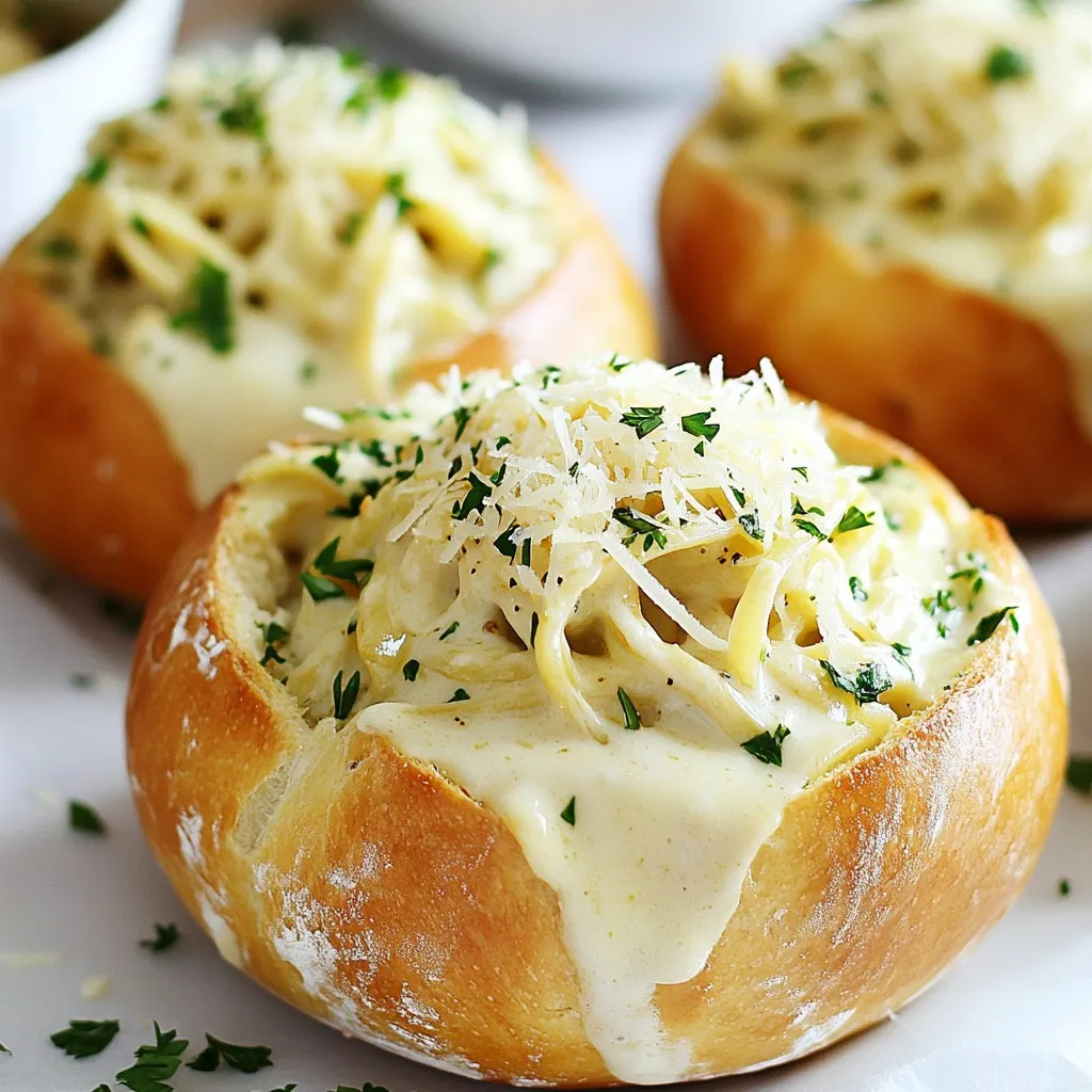 - 4 large round bread boules (single-serving size) - 2 cups cooked chicken breast, shredded - 2 cups fettuccine pasta (or your favorite pasta) - 1 cup heavy cream - 1 cup grated Parmesan cheese - 2 tablespoons unsalted butter - 2 cloves garlic, minced - Salt and pepper, to taste - Fresh parsley, chopped (for garnish) - 1/2 teaspoon nutmeg (optional, for an extra layer of flavor) When I make Chicken Alfredo Bread Bowls, I like to keep it simple. You can swap the chicken for cooked shrimp or tofu for a vegetarian option. For the pasta, any shape works well, like penne or rigatoni. If you want a lighter dish, use low-fat cream or a plant-based alternative like cashew cream. For seasoning, a pinch of red pepper flakes adds heat. You can also try fresh thyme or basil for a fresh taste. Don’t forget to save the tops of the bread bowls! They make a cute lid and add more bread goodness to your meal. Each ingredient adds its own charm, making this dish a flavorful comfort meal. {{ingredient_image_2}} First, preheat your oven to 375°F (190°C). This step is key for getting that perfect crust on the bread bowls. While your oven warms up, you can start cooking the pasta. Boil a large pot of water and add a pinch of salt. Cook the fettuccine until it is al dente, which means it should be firm but not hard. This usually takes about 8-10 minutes. Once done, drain the pasta and set it aside. Now, let’s make the bread bowls. Take your round bread boules and slice off the tops. This creates a lid for your bowls. Use a small knife or spoon to hollow out the insides. Leave about a 1-inch thick border around the edges. Be careful not to break the bread. Keep those tops; they will look great on your finished bowls. Next, it’s time to craft the Alfredo sauce. In a large skillet, melt two tablespoons of unsalted butter over medium heat. Add two minced garlic cloves and sauté for 1-2 minutes. Watch closely, as you don’t want the garlic to burn. After that, pour in one cup of heavy cream, stirring to combine. Bring this to a gentle simmer. Then, add one cup of grated Parmesan cheese and a pinch of nutmeg if you like. Stir until the cheese melts and the sauce thickens slightly. Season with salt and pepper to taste. In this step, stir in two cups of shredded cooked chicken. Make sure the chicken is well coated in the creamy Alfredo sauce. Add the drained fettuccine and mix everything together. You want an even distribution of chicken and pasta in the sauce. When filling the bread bowls, pack the mixture in gently. This ensures they hold their shape, but don’t overfill them. Place the filled bread bowls on a baking sheet. Bake them in your preheated oven for about 15-20 minutes. Keep an eye on them; you want the bread to be golden and slightly crispy on the outside. Once the bowls are done baking, take them out of the oven carefully. Garnish each bowl with fresh chopped parsley for a pop of color. If you want, place the tops back on the boules for a fun look. For a lovely presentation, serve the bowls on a rustic wooden board with a small salad on the side. Enjoy your meal! To make your Chicken Alfredo Bread Bowls shine, avoid a few common mistakes. - Don’t overcook the pasta. Cook it just until al dente. - Watch the garlic. Sauté it until golden, not burnt. - Be careful with salt. Add it slowly to taste. For more flavor, consider these enhancements: - Add nutmeg. Just half a teaspoon can elevate the sauce. - Try different cheeses. A mix of Parmesan and mozzarella adds creaminess. You can make parts of this meal ahead of time. - Cook the chicken and pasta a day before. - Prepare the Alfredo sauce and store it in the fridge. To reheat, gently warm the sauce on low heat. You can microwave the filled bread bowls. Heat them for about 2-3 minutes, but watch closely. Pair your Chicken Alfredo Bread Bowls with fresh sides. - A mixed green salad brings a nice crunch. - Garlic bread complements the meal perfectly. Consider a light vinaigrette to balance the creamy dish. Enjoy every bite! Pro Tips Use Fresh Ingredients: Always opt for fresh garlic and high-quality Parmesan cheese to enhance the flavor of your Alfredo sauce. Customize Your Pasta: Feel free to experiment with different types of pasta such as penne or rigatoni for a unique twist on this recipe. Don’t Overcook the Bread: Keep an eye on the bread bowls while baking to avoid them becoming too hard; they should be golden and slightly crispy. Make Extra Sauce: Prepare a bit more Alfredo sauce to drizzle on top before serving for an extra creamy finish. {{image_4}} You can swap out chicken for other proteins. Shrimp or turkey work great! For a vegetarian option, try using mushrooms or a mix of your favorite veggies. Pasta choices are also flexible. While fettuccine is classic, penne or even gluten-free pasta can shine. Just make sure to cook them al dente for a great bite! Experimenting with cheese can elevate your dish. Try adding mozzarella for a gooey texture or goat cheese for a tangy twist. You can also mix in different sauces. A dash of pesto or sun-dried tomato sauce can add a burst of flavor. Adding vegetables to your filling can boost nutrition. Spinach, bell peppers, or broccoli can brighten up your bread bowl. Just sauté them lightly before mixing them in. This way, you create a tasty and colorful meal! To store leftover Chicken Alfredo Bread Bowls, place them in an airtight container. This keeps them fresh and moist. You can also wrap each bowl in plastic wrap for extra protection. Make sure to store them in the fridge right after they cool down. Leftovers will last about 3 days. To maintain the bread's texture and flavor, avoid storing them in the fridge for too long. Bread can become soggy or stale. If you can, enjoy your bowls within the first two days for the best taste. For freezing, allow the Chicken Alfredo Bread Bowls to cool completely. Wrap each bowl tightly in plastic wrap, then place them in a freezer bag. This helps prevent freezer burn. You can freeze them for up to 2 months. When you're ready to eat, thaw the bowls in the fridge overnight. This keeps them safe and helps maintain their texture. To reheat, place the bowls on a baking sheet. Heat in a preheated oven at 350°F (175°C) for about 15-20 minutes. This method warms the filling and keeps the bread crispy. Avoid using the microwave, as it can make the bread chewy. Can I use a different type of bread? Yes, you can use other bread types. Try ciabatta or sourdough for a twist. Both add unique flavors and textures. How do I make the dish gluten-free? To make it gluten-free, use gluten-free pasta and bread. Many stores offer great options that taste good too. What can I substitute for heavy cream? You can use half-and-half or coconut cream as a substitute. Both can give a rich texture. How long can leftovers be stored in the fridge? Store leftovers in an airtight container for up to three days. Reheat gently to keep the bread soft. Can I prepare the filling ahead of time? Yes, make the chicken Alfredo filling a day early. Just store it in the fridge until you are ready to fill the bowls. What’s the best pasta to use for this recipe? Fettuccine is the classic choice for Alfredo. However, penne or rotini can work well too. How can I make a healthier version of Chicken Alfredo? Use whole wheat pasta and low-fat cream or milk. Add veggies like spinach or broccoli for extra nutrition. You learned how to make Chicken Alfredo Bread Bowls today. We covered ingredients, cooking steps, and variations. I shared tips for prep and serving to help you enjoy this dish. Remember, experimenting with flavors makes cooking fun. You can personalize it to fit your taste. With the right techniques, you will impress everyone. Now, go and create your own tasty bread bowls!