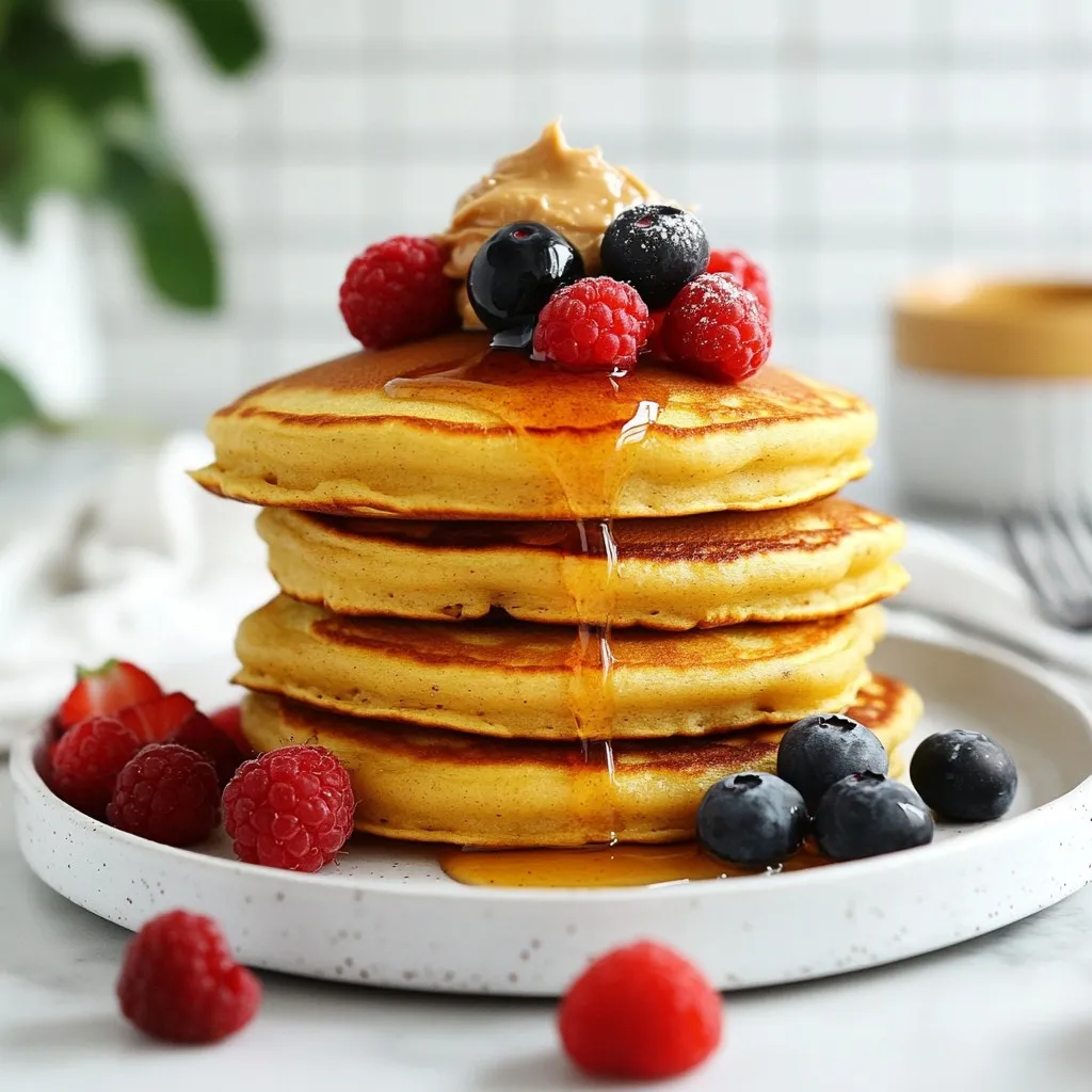 To make vanilla protein pancakes, you need simple and healthy ingredients: - 1 cup rolled oats - 1 cup almond milk (or any milk of your choice) - 1 scoop vanilla protein powder - 1 teaspoon baking powder - 1 teaspoon vanilla extract - 1 ripe banana, well-mashed - 1 teaspoon coconut oil (for cooking) These ingredients work together to create a fluffy and tasty breakfast. The oats give the pancakes their base, while the protein powder adds nutritional value. The banana provides natural sweetness and moisture. You can make your pancakes even better by adding toppings. Here are some ideas: - Fresh berries - Maple syrup - Nut butter - Creamy yogurt These toppings add color, flavor, and extra nutrition. You can mix and match to find your favorite combo! If you don't have some ingredients, don't worry! Here are some easy swaps: - Oats: You can use oat flour if you have it on hand. - Almond Milk: Any milk, like soy or cow’s milk, will work. - Protein Powder: Try a different flavor or leave it out for a lower protein option. - Banana: Applesauce or pumpkin puree can replace the banana for moisture. These substitutions keep the pancakes tasty while fitting your needs. Enjoy experimenting! {{ingredient_image_2}} Start by measuring 1 cup of rolled oats. Place them in a blender. Blend until they become a fine flour-like texture. This oat flour helps the pancakes become fluffy and light. Make sure there are no lumps. This step is key for the right pancake texture. Next, add the following ingredients to the blender: - 1 cup almond milk (or any milk of your choice) - 1 scoop vanilla protein powder - 1 teaspoon baking powder - 1 teaspoon vanilla extract - 1 ripe banana, well-mashed Blend until the mixture is smooth. You want it creamy and well combined. Let the batter rest for about 5 minutes. This allows it to thicken, making your pancakes even better. Heat a non-stick skillet over medium heat. Add 1 teaspoon of coconut oil to the pan. Let it melt and coat the bottom. For each pancake, pour about 1/4 cup of the batter into the skillet. Cook for 2-3 minutes. Look for small bubbles forming on the surface. This shows it’s time to flip. Carefully turn the pancake with a spatula. Cook for another 2-3 minutes until golden brown. Repeat this process with the remaining batter. If needed, add more coconut oil to the skillet to prevent sticking. Serve the pancakes warm and enjoy your tasty breakfast! To make your pancakes fluffy, use ripe bananas. They add natural sweetness and moisture. Blend the rolled oats into a fine flour. This creates a better texture. Let the batter rest for about five minutes. This helps the pancakes rise better while cooking. When cooking, keep the heat at medium. Too low heat can make them dense. Too high can burn them. Watch for bubbles on the surface. This means it’s time to flip! One common mistake is over-mixing the batter. This can make pancakes tough. Blend just until smooth and combined. Don’t skip resting the batter. This step is key for fluffy pancakes. Another mistake is using too much oil. Just a small amount is enough to coat the pan. Lastly, don’t rush the cooking. Give each pancake enough time to cook before flipping. Serve your pancakes warm for the best taste. Stack them high and drizzle with maple syrup. Add fresh berries for a burst of flavor. Try nut butter or creamy yogurt for richness. You can also sprinkle nuts on top for crunch. Get creative with toppings to suit your taste. Enjoy them with a cup of coffee or tea for a perfect breakfast! Pro Tips Use Fresh Ingredients: Always use ripe bananas for the best flavor and sweetness in your pancakes. Adjust Consistency: If the batter is too thick, add a splash more milk to achieve your desired consistency. Keep it Warm: To keep pancakes warm while cooking, place them on a plate in a warm oven (around 200°F or 93°C). Experiment with Flavors: Feel free to add spices like cinnamon or nutmeg for an extra flavor boost! {{image_4}} You can easily make these pancakes gluten-free. Just use gluten-free oats instead of regular rolled oats. Look for oats labeled as gluten-free. They are processed in a way to avoid cross-contamination. This small change keeps your pancakes soft and fluffy without gluten. Want to mix it up? You can create fun flavors! For chocolate pancakes, add two tablespoons of cocoa powder to the batter. This change gives you rich, chocolatey goodness. If you like berries, toss in fresh or frozen berries right into the batter. Blueberries and strawberries work great! These add a sweet burst of flavor in every bite. Make your pancakes even more nutritious. You can add Greek yogurt to the batter for extra protein. Just use 1/4 cup of yogurt for creaminess. If you like crunch, mix in nuts like walnuts or almonds. Chopped nuts add a nice texture and healthy fats. These options boost the protein in your meal, keeping you full longer. To keep your leftover pancakes fresh, let them cool first. Once cool, stack them in a container. Place parchment paper between each pancake. This step prevents them from sticking together. Cover the container tightly with a lid. Store it in the fridge for up to three days. You can enjoy your pancakes again without losing their taste or texture. Freezing pancakes is a great way to save time. After cooling, place the pancakes in a single layer on a baking sheet. Freeze them for about two hours. This method helps them freeze without sticking. Once frozen, transfer the pancakes to a freezer-safe bag. Remove as much air as possible to avoid freezer burn. Label the bag with the date. You can keep them frozen for up to three months. Reheating pancakes is simple. For best results, use a skillet. Heat the skillet over medium-low heat. Add a tiny bit of oil or butter. Place the pancake in the skillet and reheat for about one minute on each side. If you’re in a hurry, you can use a microwave. Place a pancake on a microwave-safe plate. Heat it for 20-30 seconds. Check if it’s warm enough, and enjoy! These pancakes are high in protein mainly due to the vanilla protein powder. One scoop adds a good amount of protein to each serving. The rolled oats also contribute some protein, making them a filling breakfast. When you combine these ingredients, you get a tasty meal that helps keep you full and energized. Yes, you can use any milk you like. Almond milk works well, but you can try oat milk, soy milk, or dairy milk too. Each type of milk will change the flavor a bit, but all will make great pancakes. Just choose what you enjoy or have on hand. To make these pancakes vegan, swap out the regular protein powder for a plant-based version. Use almond milk or any plant milk you prefer. You can also skip the egg by using a ripe banana, which acts as a binder. This way, you keep the flavor and texture without using animal products. You learned how to make delicious vanilla protein pancakes. We covered essential ingredients, tasty toppings, and useful substitutions. The step-by-step guide gave clear instructions for perfect pancakes every time. With tips to prevent common mistakes and serving ideas, you'll impress anyone. Don't forget the fun variations for gluten-free options and extra nutrients. Lastly, we discussed how to store and reheat your pancakes. Enjoy making these pancakes for yourself and others!