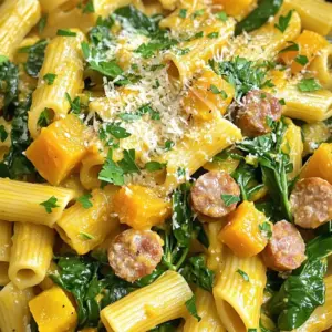- 8 oz pasta (choose penne or fusilli for best texture) - 1 lb Italian sausage (select mild or spicy based on preference, casings removed) - 1 medium butternut squash, peeled and cubed (about 4 cups) - 2 cups fresh spinach (packed) - 2 cloves garlic, minced - 1 small onion, diced In this recipe, you can choose between penne or fusilli pasta. Both types hold sauces well, making each bite flavorful. For protein, Italian sausage adds richness. You can pick mild or spicy, depending on how much heat you want. The star of this dish is butternut squash. Its sweetness contrasts nicely with the savory sausage. Fresh spinach adds a pop of color and nutrients. Garlic and onion provide a solid flavor base, making every bite delicious. - 1 teaspoon dried thyme - 1 teaspoon dried sage - 1/2 teaspoon red pepper flakes (optional for added heat) - 1/4 cup heavy cream (or substitute with coconut cream for a dairy-free option) - 1/2 cup grated Parmesan cheese (or nutritional yeast for a dairy-free alternative) - 2 tablespoons olive oil - Salt and pepper to taste - Fresh parsley, chopped, for garnish Herbs and spices elevate the flavors. Thyme and sage bring warmth. Red pepper flakes add a little kick if you like it spicy. For creaminess, you can use heavy cream or coconut cream. Parmesan cheese gives a savory depth, but nutritional yeast works well for a dairy-free version. Olive oil helps with cooking and adds flavor. Always season with salt and pepper to enhance all the tastes. Finally, fresh parsley makes for a pretty garnish and adds a fresh touch. Start by bringing a big pot of salted water to a boil. Add 8 oz of penne or fusilli pasta. Cook it until it is al dente, as per the package instructions. Once done, drain the pasta. Be sure to save about 1 cup of the pasta water for later. Next, preheat your oven to 400°F (200°C). Peel and cube your butternut squash. In a mixing bowl, toss the cubes with 1 tablespoon of olive oil. Add salt and pepper to taste. Spread the squash on a baking sheet. Roast it for 20-25 minutes. Look for a nice caramelized color and tenderness. While the squash roasts, grab a large skillet and place it over medium heat. Add 1 tablespoon of olive oil. Once hot, toss in the diced onion. Sauté for about 3 minutes until it turns soft and translucent. Then, add in 2 cloves of minced garlic. Stir for another minute to avoid burning. Now, raise the heat to medium-high. Add 1 lb of Italian sausage to the skillet. Use a spatula to break it apart. Cook until it is browned and fully cooked, for about 5-7 minutes. Mix in 1 teaspoon each of dried thyme and dried sage. If you like a kick, add 1/2 teaspoon of red pepper flakes. After browning the sausage, gently fold in the roasted butternut squash. Then toss in 2 cups of fresh spinach. Allow the spinach to wilt for about 1-2 minutes. Stir frequently to mix everything well. Lower the heat to medium-low and pour in 1/4 cup of heavy cream. Stir to combine. If your sauce is too thick, add small amounts of the reserved pasta water until it reaches the right consistency. Next, add the drained pasta to the skillet. Toss everything together so every piece is coated. Taste and add more salt and pepper if needed. To serve, stir in 1/2 cup of grated Parmesan cheese. This will melt into the dish and add creaminess. Portion the pasta into bowls. You can drizzle a bit more cream on top if you like. Finish with a sprinkle of fresh parsley and more cheese for a nice touch. To cook pasta al dente, follow these steps: - Use a large pot of boiling, salted water. - Add pasta and stir right away to prevent sticking. - Check the package for cooking time and taste a piece a minute or two early. It should be firm yet tender. Balancing flavors is key. Use fresh herbs like thyme and sage to enhance the dish. Dried herbs work well too. Add red pepper flakes for a touch of heat, if you like spice. Taste as you go. Adjust salt and pepper to suit your palate. For added richness, consider these optional ingredients: - A splash of white wine for depth. - Toasted nuts like pine nuts or walnuts for crunch. - A dollop of crème fraîche for a tangy twist. These ingredients can elevate your dish and bring in new flavors. How you serve food matters. Here are some ideas for an appealing presentation: - Use wide bowls for the pasta to showcase the colors. - Drizzle a little heavy cream on top for a beautiful effect. - Sprinkle fresh parsley and extra Parmesan cheese on top. These simple touches make your dish look gourmet and inviting. {{image_4}} You can switch up the vegetables in this dish. Kale or Brussels sprouts work well. They add great flavor and nutrition. Just chop them and toss them in when you add the spinach. They will cook down nicely and blend in well. Want to make this dish vegan? Use plant-based sausage instead of Italian sausage. Swap the heavy cream for coconut cream or a nut-based cream. For a gluten-free option, choose gluten-free pasta. Both adjustments keep the dish tasty and satisfying. To add more flavor, consider adding nuts or lemon zest. Chopped walnuts or pine nuts give a nice crunch. A sprinkle of fresh lemon zest brightens the dish. Just add these at the end for the best taste. These tweaks can make your pasta even more delightful! To store leftovers, let the pasta cool first. Place it in an airtight container. This keeps it fresh for later. Refrigerate it for up to three days. If you want to keep it longer, freeze it! Divide the pasta into smaller portions. Use freezer-safe bags or containers. Make sure to squeeze out the air before sealing. This helps prevent freezer burn. When you're ready to eat the leftovers, reheating is key. Use a skillet for the best results. Add a splash of water or broth to the skillet. Heat over medium-low heat and stir often. This keeps the pasta moist and tasty. You can also use the microwave. Put the pasta in a microwave-safe bowl, cover it, and heat in short bursts. Stir between each burst to ensure even heating. For safe consumption, follow this timeline: - Refrigerated: 3 days maximum. - Frozen: Up to 2 months is best. After these times, the taste and texture may change. Always check for signs of spoilage before eating. Enjoy your delicious Autumn Sausage Squash Pasta again! Yes, you can use different pasta types. Try using gluten-free pasta for a safe option. You can also choose spaghetti, rotini, or even whole wheat pasta. Each type offers a unique texture. Just cook it according to the package instructions. To make this dish dairy-free, swap heavy cream for coconut cream. For cheese, use nutritional yeast instead of Parmesan. These options keep the dish creamy and flavorful. You won’t miss the dairy at all. Yes, you can prep this dish in advance. Cook the pasta and roast the squash ahead of time. Store them separately in the fridge. When you’re ready to eat, combine everything in a pan. Heat it gently until warm. This dish pairs well with a simple green salad. A fresh spinach salad or arugula works great. You could also serve garlic bread for a hearty meal. Roasted vegetables add color and flavor too. This blog post provided a detailed guide to making Autumn Sausage Squash Pasta. We explored main ingredients like pasta types, protein choices, and seasonal vegetables. Then, we walked through step-by-step instructions for cooking, combining flavors, and serving. Tips for success and variations were shared for personalized touches. Finally, I covered storage and reheating best practices to keep your dish fresh. Now you can enjoy a hearty and delicious meal, while having fun experimenting in the kitchen!