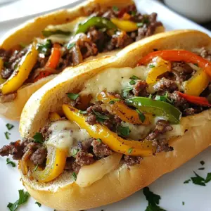 - 1 pound ground beef - 8 slices provolone cheese - 4 hoagie rolls - 1 onion, thinly sliced - 1 green bell pepper, thinly sliced - 1 red bell pepper, thinly sliced - 2 cloves garlic, minced - 1 teaspoon Worcestershire sauce - 1 teaspoon smoked paprika - Salt and pepper to taste - Olive oil for cooking - Fresh parsley, chopped (for garnish) Ground beef forms the heart of this dish. It adds rich flavor and texture. Provolone cheese gives that classic cheesesteak taste. Hoagie rolls hold everything together and add crunch. The vegetables bring color and flavor. Onions and bell peppers soften as they cook. Garlic adds a nice aroma and taste. Worcestershire sauce gives a touch of umami, while smoked paprika adds warmth. Salt and pepper enhance all the flavors. Olive oil is essential for cooking. It helps the beef brown and the veggies soften. Fresh parsley not only makes the dish look pretty but also adds freshness. When you gather these ingredients, you're ready for a delicious meal. Each part plays a role in making your Ground Beef Philly Cheesesteaks a hit! {{ingredient_image_2}} Heating the Skillet Start by heating a large skillet over medium-high heat. Add a drizzle of olive oil. Make sure the oil coats the bottom well. This helps the beef cook evenly. Breaking and Seasoning the Beef Once the oil shimmers, add 1 pound of ground beef. Break the beef into smaller pieces with a spatula. Season it with salt, pepper, and 1 teaspoon of smoked paprika. Cook the beef for about 5-7 minutes. You want it browned and cooked through. If there's any excess fat, drain it off. Adding Vegetables to the Beef Push the cooked beef to one side of the skillet. On the other side, add the sliced onion, green bell pepper, and red bell pepper. Sauté the veggies for 3-5 minutes until they soften. Stir them into the beef when they are tender. Incorporating Garlic and Worcestershire Sauce Next, add 2 minced cloves of garlic and 1 teaspoon of Worcestershire sauce to the mix. Stir everything well and cook for another 2 minutes. This helps the flavors blend and makes the garlic fragrant. Arranging Provolone Cheese Now, turn the heat down to medium-low. Arrange 8 slices of provolone cheese over the beef and vegetable mix. Let it cook for 2-3 minutes. You want the cheese to melt into a gooey delight. Tips for Melting Cheese Effectively If you want to speed up melting, cover the skillet with a lid. This traps heat and helps the cheese melt faster. Your Philly cheesesteaks will soon be ready for assembly! - Avoiding Excess Fat: To keep your cheesesteaks lean, drain any fat after cooking the ground beef. This step helps make the dish less greasy and lets the flavors shine through. Use a spatula to break up the meat into small bits while it cooks for even browning. - Seasoning Tips for Extra Flavor: Season your beef with salt, pepper, and smoked paprika. Smoked paprika adds a nice depth to the flavor. Don’t be shy with the seasoning! This is key to a tasty cheesesteak. - Best Methods for Toasting: For the best hoagie rolls, use a pan with a bit of olive oil or place them under the broiler. Both methods create a warm, crispy texture. - Timing for Optimal Crispiness: Keep an eye on the rolls while toasting. Just a few minutes will do. You want them golden brown but not burnt. Perfectly toasted rolls hold all the delicious filling well. - Pairing with Sides: Serve your cheesesteaks with crunchy fries or a fresh salad. You can also add chips for extra crunch. These sides balance the rich flavors of the sandwich. - Presentation Ideas: For a fun touch, cut the cheesesteaks in half and arrange them on a platter. Sprinkle chopped parsley on top to add color. Serve with dipping sauces like ketchup or hot sauce for extra flavor. Pro Tips Choose the Right Beef: Use a blend of ground beef that has some fat content (like 80/20) for a juicier and more flavorful cheesesteak. Veggie Variations: Feel free to add other vegetables like mushrooms or jalapeños for extra flavor and texture. Cheese Melting Tips: Cover the skillet with a lid while melting the cheese to create steam, which helps it melt evenly and quickly. Toasting Rolls: For the best texture, toast the hoagie rolls until they are crispy on the outside but still soft on the inside. {{image_4}} You can switch up the cheese for your Ground Beef Philly Cheesesteaks. Provolone adds a nice creaminess, but Swiss cheese brings a nutty flavor. Cheddar cheese melts well and has a sharp taste. American cheese is classic and super creamy. Choose the cheese that makes your taste buds dance! Want to add more crunch? Toss in some mushrooms for a rich flavor. Spinach adds a fresh touch and is packed with nutrients. If you like heat, jalapeños can spice things up! Mix and match vegetables to make your cheesesteak your own. If you're looking for lighter options, try ground turkey or chicken. Both meats are lean and cook well in this recipe. Ground turkey has a mild flavor, while chicken brings a unique taste. Adjust the seasoning to enhance the meat's natural flavors. To keep your Ground Beef Philly Cheesesteaks fresh, follow these steps: - Cool Down: Let the cheesesteaks cool to room temperature. - Use Airtight Containers: Place them in airtight containers. This keeps moisture out. - Refrigerate: Store in the fridge for up to 3 days. - Label: Write the date on the container. This helps track freshness. When you are ready to enjoy your leftovers, reheating properly is key to taste: - Skillet Method: Heat a skillet over low heat. Add a splash of water. Place the cheesesteak in the pan. Cover with a lid. This keeps it moist. - Microwave Method: Use a microwave-safe plate. Cover the cheesesteak with a damp paper towel. Heat in 30-second intervals until warm. This helps prevent drying. - Oven Method: Preheat the oven to 350°F. Wrap the cheesesteak in foil. Heat for about 10-15 minutes. This method keeps the crust crispy. If you want to save some for later, freezing is a good choice: - Cool Completely: Make sure the cheesesteaks are fully cooled before freezing. - Wrap Tightly: Wrap each cheesesteak in plastic wrap. Then, place in a freezer bag. Squeeze out as much air as possible. - Label and Date: Mark the bag with the date. They can last for up to 2 months in the freezer. - Thawing: To thaw, place them in the fridge overnight. For quicker results, use the microwave on the defrost setting. These storage tips help you enjoy your Ground Beef Philly Cheesesteaks again while keeping them fresh and tasty. It takes about 30 minutes to make Ground Beef Philly Cheesesteaks. You will spend 15 minutes prepping the ingredients. Cooking the beef and veggies takes an additional 15 minutes. This quick meal is perfect for busy days. Yes, you can make these cheesesteaks ahead. Store the cooked beef and veggie mix in an airtight container. Keep it in the fridge for up to three days. When you are ready to eat, just reheat it on the stove or in the microwave. Toast fresh rolls for the best taste. These cheesesteaks pair well with many sides. Try crispy fries or onion rings for a classic touch. You can also serve a light salad or coleslaw for balance. For drinks, consider soda, iced tea, or a cold beer. Enjoy mixing and matching! You learned about making delicious Ground Beef Philly Cheesesteaks. We covered key ingredients like ground beef, provolone cheese, and fresh veggies. I shared simple steps for cooking and melting cheese, along with tips for the best flavor. These cheesesteaks are easy to customize and store well for later. Enjoy your tasty creations with friends or family. Dive in and let your taste buds celebrate!