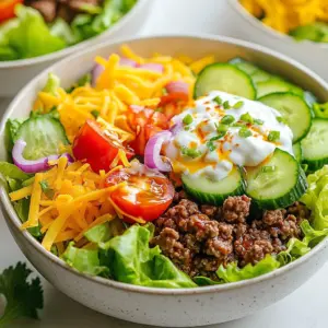 - 1 lb (450g) ground beef (or plant-based substitute) - 1 cup romaine lettuce, chopped - 1 large tomato, diced - 1/2 cup cucumber, sliced - 1/4 cup red onion, thinly sliced - 1/2 cup shredded cheddar cheese - 1/4 cup pickles, sliced Ground beef gives the bowls a rich flavor. You can switch to a plant-based option if you prefer. Fresh veggies add crunch and color. Romaine lettuce is perfect as a base, while tomatoes and cucumbers give freshness. Red onions add a little zing. Cheese brings everything together, and pickles add a nice tang. - 1 tablespoon olive oil - 1 teaspoon garlic powder - 1 teaspoon onion powder - Salt and pepper to taste - 1/4 cup sugar-free barbecue sauce The olive oil helps cook the beef and adds flavor. Garlic powder and onion powder make it tasty and aromatic. Season the beef well with salt and pepper for the best results. Sugar-free barbecue sauce gives the bowl a sweet kick without the carbs. - 1/4 cup Greek yogurt or sour cream For a creamy finish, you can use Greek yogurt or sour cream. Greek yogurt is thick and healthy, while sour cream gives a classic taste. Both options add creaminess and balance the flavors in your burger bowl. {{ingredient_image_2}} Preparing the skillet First, grab a large skillet. Place it on the stove over medium-high heat. Add one tablespoon of olive oil. Let the oil heat up for a minute. You want it hot but not smoking. Seasoning the beef Now, take one pound of ground beef and add it to the hot skillet. Use a spatula to break the beef into small pieces. This helps it cook evenly. Sprinkle one teaspoon of garlic powder and one teaspoon of onion powder over the beef. Add salt and pepper to taste. Stir everything well as it cooks. Cook for about 7 to 10 minutes until the beef is brown and cooked through. Layering the base with romaine lettuce While the beef cooks, take a large mixing bowl. Chop one cup of romaine lettuce and place it at the bottom. This will be your fresh and crunchy base. Adding cooked beef and toppings Once the beef is ready, scoop it onto the lettuce. Use a spoon to spread it evenly. Next, add your toppings. Dice one large tomato, slice half a cucumber, and thinly slice a quarter cup of red onion. Sprinkle half a cup of shredded cheddar cheese and a quarter cup of sliced pickles on top. This creates a colorful and tasty mix. Adding sauces and creamy toppings Now, drizzle a quarter cup of sugar-free barbecue sauce over the bowl. This adds flavor and a bit of sweetness. For creaminess, add a dollop of Greek yogurt or sour cream on top. Mixing vs. layering presentation You have two choices now. You can gently mix all the ingredients together for a tasty blend. Or, you can leave it layered for a beautiful look. I love serving these in clear bowls to show off the colors! To ensure the beef is cooked perfectly, use a large skillet. Heat olive oil over medium-high heat. Once hot, add the ground beef. Break it apart with a spatula. Cook until browned, about 7-10 minutes. Season well with garlic powder, onion powder, salt, and pepper. If you want leaner options, try ground turkey or chicken. These meats are lower in fat. They fit well in a low-carb diet. You can also use plant-based meats for a veggie twist. Serve your burger bowls in clear glass bowls. This lets the colorful layers shine through. It makes the meal look more appealing. Garnish with fresh herbs like parsley or chives. This adds flavor and brightness. For low-carb add-ons, consider avocado or olives. They bring healthy fats and extra taste. You can also add jalapeños for a kick. For seasoning variations, try smoked paprika or cumin. These spices add depth to the beef. A squeeze of lemon juice can brighten the flavors. Explore different combinations to find what you love! Pro Tips Use Lean Meat: Opt for 85% lean ground beef for a balance of flavor and lower fat content. This helps keep your burger bowls satisfying without being overly greasy. Fresh Vegetables: Use fresh, crisp vegetables for the toppings. They not only add color but also contribute crunch and nutrition to your burger bowls. Customize Your Toppings: Feel free to mix and match toppings based on your preferences. Avocado, jalapeños, or even a sprinkle of bacon bits can elevate the dish. Meal Prep Friendly: Prepare the beef and chop the vegetables ahead of time for a quick assembly during busy weeknights. Store them separately to maintain freshness. {{image_4}} You can switch out ground beef for other proteins. Chicken or turkey work well. They both have less fat and still taste great. Just cook them the same way as the beef. For those who prefer plant-based options, try using lentils or black beans. They add protein and fiber. You can also use store-bought veggie patties. These are easy and quick to prepare. Romaine lettuce is a great base, but you can try other greens. Spinach or kale add different flavors and textures. They also boost vitamins in your meal. Feel free to add more toppings for flavor. Avocados give creaminess. Bell peppers add crunch and color. You can also toss in olives or jalapeños for a spicy kick. Homemade dressings can personalize your burger bowls. Mix Greek yogurt with herbs for a fresh taste. You can also make a simple vinaigrette with olive oil and vinegar. Explore different flavors by using sauces like mustard or hot sauce. These can change the taste of your meal. Experiment until you find your perfect combination. To store leftover burger bowls, place them in an airtight container. This keeps the flavors fresh. You should eat them within 3 days for the best taste and texture. The beef stays good for about 2-3 days. Fresh veggies like lettuce and tomatoes can last 1-2 days. Keep the toppings separate to maintain crunch. Yes, you can freeze burger bowls! Just store the beef and veggies separately. Use freezer-safe containers. The beef can last up to 3 months in the freezer. But the veggies will lose their crispness. So, add them fresh when you reheat. Reheat the beef in a skillet over low heat. This keeps it juicy. You can also use the microwave, but avoid overheating. It can make the beef tough. For veggies, add them fresh after reheating. This keeps them crisp. Avoid using high heat when reheating to ensure the best texture. These burger bowls are low-carb because they use fresh veggies instead of a bun. The base of romaine lettuce provides crunch without carbs. Ground beef is a great option as it has no carbs. The toppings, like tomatoes and cucumbers, add flavor with few carbs. You can also use sugar-free barbecue sauce. This sauce keeps your meal tasty while staying low-carb. Yes, you can prepare this recipe in advance. Cook the ground beef and store it in the fridge. You can chop the veggies ahead of time too. Keep the toppings, like cheese and pickles, separate. This helps keep everything fresh. When ready to eat, just combine and serve. You can store the cooked beef for up to three days. There are many low-carb sides that go well with burger bowls. Here are some ideas: - Roasted cauliflower - Zucchini fries - Steamed broccoli - Cabbage slaw - Grilled asparagus These sides will add variety and keep your meal low in carbs. You learned how to create delicious low-carb burger bowls from fresh ingredients. We covered choosing the right proteins, layering your bowl, and adding tasty sauces. Remember, you can swap ingredients to fit your taste or dietary needs. Store leftovers properly to enjoy later, and don't hesitate to try new flavors. With these tips, you can make satisfying meals that inspire you to cook more. Enjoy experimenting with your unique twists on this recipe!