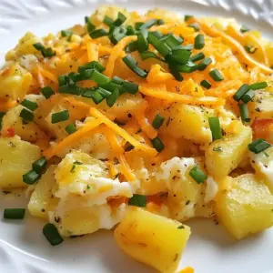 To make a delicious cheesy potato egg scramble, gather these items: - 3 medium potatoes, peeled and diced into small cubes - 4 large eggs - 1 cup shredded sharp cheddar cheese - 1/2 cup milk (whole or low-fat) - 1 small onion, finely chopped - 1 bell pepper (your choice of color), diced - 2 tablespoons olive oil - Salt and freshly ground black pepper to taste - Fresh chives or parsley, chopped for garnish (optional) You can easily change this recipe to suit your tastes. Here are a few ideas: - Swap potatoes for sweet potatoes for a sweeter flavor. - Use different veggies like spinach, mushrooms, or zucchini for added nutrients. - Try adding diced tomatoes for a fresh twist. - Replace olive oil with butter for a richer taste. While cheddar cheese is great, feel free to experiment with other types: - Monterey Jack adds a creamy texture. - Pepper Jack gives a spicy kick. - Feta cheese offers a tangy twist. - Goat cheese can create a rich and unique flavor. These options can enhance your cheesy potato egg scramble and make it your own! {{ingredient_image_2}} Start by peeling the potatoes. Once peeled, dice them into small cubes. This helps them cook quickly and evenly. Heat the olive oil in a large skillet over medium heat. When the oil is hot, add the diced potatoes. Cook them for about 10 to 12 minutes. Stir them occasionally to get a nice golden color. You want them tender enough to pierce with a fork. Season the potatoes with a pinch of salt and pepper while they cook. This simple step boosts their flavor. After the potatoes soften, it's time to add in the vegetables. Finely chop the onion and dice the bell pepper. Once the potatoes are golden brown, add the chopped onion and diced bell pepper to the skillet. Stir them in and saut&eacute; for another 4 to 5 minutes. This cooks the veggies and brings out their sweet aroma. You want them to be tender and fragrant. Your kitchen should smell amazing at this point! While the veggies cook, crack the eggs into a mixing bowl. Whisk in the milk until the mixture is smooth and blended. Season this egg mix with a bit more salt and freshly ground black pepper. Once the vegetables are ready, carefully pour the egg mixture over them. Gently stir everything together in the skillet. Cook this mixture on low heat for about 5 to 7 minutes. Stir occasionally to ensure even cooking. You want the eggs cooked through but still creamy. When the eggs are almost set, remove the skillet from heat. Sprinkle the shredded cheddar cheese over the top. Cover the skillet to let the cheese melt. After a few minutes, give it a gentle stir to mix in the melted cheese. Now, it&rsquo;s ready to serve! To get the best texture, start with the potatoes. Cut them into small cubes. This helps them cook evenly. Cook them until they are golden brown and fork-tender. This usually takes about 10-12 minutes. Stir them often so they don't stick. The eggs should be creamy but not overcooked. Cook them on low heat and stir only as needed. For great flavor, use salt and pepper while cooking. A pinch goes a long way. You can also add garlic powder or paprika for extra taste. Fresh herbs like chives or parsley add color and flavor. Mix them in just before serving for the best result. One common mistake is overcooking the eggs. Keep an eye on them and use low heat. Another mistake is not seasoning enough. Taste the dish before serving and adjust as needed. Lastly, do not rush the potato cooking stage. If they aren't cooked well, the whole dish will not taste great. Take your time for the best results. Pro Tips Use Starchy Potatoes: For the best texture, opt for starchy potatoes like Russets. They become fluffy when cooked and create a perfect base for your scramble. Customize Your Veggies: Feel free to add or substitute other vegetables like spinach, mushrooms, or zucchini to enhance the flavor and nutritional value of your dish. Don&rsquo;t Overcook the Eggs: To keep the eggs creamy and soft, remove the skillet from heat just before they are fully set. The residual heat will finish cooking them. Experiment with Cheeses: While cheddar is delicious, try mixing in other cheeses like feta, mozzarella, or pepper jack for a unique flavor twist in your scramble. {{image_4}} You can boost the flavor of your cheesy potato egg scramble by adding more veggies. Spinach, diced tomatoes, or mushrooms work well. You can also try zucchini or broccoli for a fresh twist. Just remember to chop them small. This size helps them cook evenly with the potatoes. Adding colorful veggies makes your dish look great, too! If you want to make your scramble heartier, add some protein. Cooked sausage or bacon gives a nice flavor. You can also use diced ham or turkey. If you prefer a plant-based option, try black beans or chickpeas. They add texture and protein without meat. Just mix in your choice once the veggies are tender to heat them through. While sharp cheddar is a classic, don&rsquo;t be afraid to experiment with cheese. Try pepper jack for a spicy kick. Swiss cheese melts beautifully and adds a nutty flavor. For something bold, use blue cheese. Mix and match your favorites to create your own unique taste. Just remember to adjust the amount based on how strong the cheese is. Store any leftovers in an airtight container. Let the cheesy potato egg scramble cool first. This helps keep the texture. Place it in the fridge for up to three days. Label the container with the date. This way, you know when to eat it. To reheat, use a skillet over medium heat. Add a splash of milk to keep it moist. Stir often to heat evenly. You can also use a microwave. Place it in a bowl and cover it. Heat in short bursts, stirring in between. This keeps the eggs from getting rubbery. You can freeze the cheesy potato egg scramble, but the texture may change. Let it cool completely before freezing. Use a freezer-safe container or bag. Label it with the date. It can last up to three months in the freezer. To eat, thaw it overnight in the fridge. Then, reheat as mentioned above. You can use sweet potatoes, cauliflower, or even zucchini. Each option adds a unique taste. Sweet potatoes offer a hint of sweetness. Cauliflower adds a light, fluffy texture. Zucchini gives a fresh crunch. Adjust the cooking time based on what you choose. Yes, you can make this dish ahead of time. Cook it fully, then let it cool. Store it in an airtight container. Refrigerate for up to three days. When ready to eat, just reheat it on the stove or in the microwave. Absolutely! This recipe fits well into meal prep. It&rsquo;s easy to make in larger batches. Portion it into containers for quick breakfasts. Just add a sprinkle of fresh herbs before serving for a pop of color and flavor. This post covered the key ingredients for a tasty Cheesy Potato Egg Scramble. I shared ideas for ingredient swaps, cheese choices, and vegetable options. The step-by-step guide helps you prepare it easily. Remember to follow my tips for the best texture and to avoid common mistakes. You can store leftovers or even freeze some. Keep experimenting, and enjoy your meals!