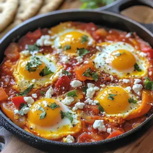 To make Easy Skillet Shakshuka, you need a few simple and fresh items. These ingredients come together to create a dish full of flavor. Here&rsquo;s what you will need: - 2 tablespoons extra virgin olive oil - 1 medium onion, diced - 1 vibrant red bell pepper, diced - 3 cloves of garlic, minced - 1 teaspoon ground cumin - 1 teaspoon smoked paprika - 1 can (14 oz) of crushed tomatoes - 4 large eggs, preferably farm-fresh - Salt and freshly cracked black pepper to taste - Fresh cilantro or parsley, chopped (for garnish) - Crumbled feta cheese (optional, for added richness) - Warm pita bread or rustic crusty bread (for serving) These ingredients are easy to find. They work well together to make a warm, comforting meal. The eggs add protein, while the tomatoes provide a rich base. Fresh herbs and spices lift the whole dish. Enjoy the vibrant colors and flavors that come from this list! {{ingredient_image_2}} 1. Start by heating the extra virgin olive oil in a large skillet over medium heat. This oil is key for flavor and helps your dish shine. 2. When the oil shimmers, it&rsquo;s ready. Add the diced onion and red bell pepper. Saut&eacute; these for about 5 minutes. Stir them often until the onion softens and turns clear. 1. Next, add the minced garlic, ground cumin, and smoked paprika to the skillet. Cook for one more minute. Stir well, and let the spices wake up with their tasty smell. 2. Now, pour in the crushed tomatoes. Add a pinch of salt and freshly cracked black pepper. Let everything simmer gently for about 10 minutes. This step lets the flavors blend and become rich and delicious. 1. After the sauce simmers, use the back of a spoon to make small wells in the tomato mix. Carefully crack an egg into each well. Keep those yolks intact for the best result! 2. Cover the skillet with a lid. Let the eggs cook for 5 to 7 minutes. You&rsquo;ll know they&rsquo;re done when the whites firm up, but the yolks still jiggle. Adjust the time based on how you like your yolks. 3. When the eggs look good, take the skillet off the heat. Sprinkle some fresh cilantro or parsley on top. If you like, add crumbled feta cheese for more flavor. Choosing the right skillet is key. I like to use a large, oven-safe skillet. This helps with even cooking and makes serving easy. A cast iron skillet works well too, as it holds heat nicely. Adjusting spice levels can make a difference in the taste. If you want more heat, add some red pepper flakes or chili powder. Start with a little, then taste as you go. You can always add more, but it&rsquo;s hard to take spice out once it&rsquo;s in! For the best bread pairings, warm pita bread is my top choice. It&rsquo;s soft and perfect for scooping up the shakshuka. Rustic crusty bread is also great for dipping. You can even toast it for extra crunch. Presentation tips are simple but effective. Use a shallow bowl to show off the colorful eggs and sauce. Sprinkle fresh herbs on top for bright color. If you add feta cheese, it makes the dish look fancy and delicious! Pro Tips Fresh Ingredients: Using farm-fresh eggs and ripe vegetables will significantly enhance the flavor of your shakshuka. Spice it Up: Feel free to adjust the spices to your taste; adding a pinch of cayenne pepper can give your dish an extra kick. Customize Your Toppings: Experiment with different toppings like avocado or olives for a unique twist on this classic dish. Perfect Egg Cooking: For perfectly runny yolks, monitor the cooking time closely and remove the skillet from heat just as the whites set. {{image_4}} You can change ingredients in shakshuka to suit your taste. Start with vegetables. If you don&rsquo;t have red bell pepper, use zucchini, spinach, or even kale. Each veggie brings unique flavor and texture. Adding proteins or beans is a great option too. Try chickpeas or black beans for extra protein. You can also add ground meat like lamb or beef for a heartier meal. This keeps the dish filling and tasty. To make shakshuka exciting, play with spices. You can add cayenne pepper for heat or coriander for a fresh taste. Smoked paprika adds a nice depth, but feel free to explore other spices you love. Cheese can also enhance flavors. Feta cheese is popular, but goat cheese or mozzarella works well, too. Each cheese gives a different taste and creaminess. Don't be afraid to experiment and find what you enjoy most! To store leftovers, let the shakshuka cool first. Place it in an airtight container. This keeps it fresh for up to three days. When you&rsquo;re ready to eat, reheat it on the stove over low heat. Stir gently so it warms evenly. You can also use a microwave, but check every 30 seconds to avoid overcooking the eggs. You can freeze shakshuka, but it&rsquo;s best to do this before cooking. To freeze uncooked shakshuka, prepare your base of onions, peppers, and spices. Pour it into a freezer-safe container. Leave space for expansion. When you&rsquo;re ready to cook, thaw it overnight in the fridge. For cooked shakshuka, allow it to cool completely before freezing. Store it in an airtight container for up to three months. To reheat, thaw it in the fridge overnight. Heat it gently on the stove, adding a splash of water if it seems dry. For best results, cook the eggs fresh after thawing. This keeps them runny and delicious. What can I serve with Shakshuka? You can serve Shakshuka with warm pita bread or rustic crusty bread. These breads are great for dipping into the rich sauce. You might also enjoy it with a fresh salad on the side. A light cucumber or tomato salad works well, adding a nice crunch. Can I make Shakshuka ahead of time? Yes, you can make Shakshuka ahead of time. Prepare the sauce and store it in the fridge. When you are ready to eat, just heat it up and add the eggs. Cook the eggs fresh for the best texture. Can I use fresh tomatoes instead of canned? Absolutely! You can use fresh tomatoes instead of canned. Just peel and chop about 4-5 medium-sized tomatoes. Cook them down until they are soft and juicy, which may take a bit longer than canned tomatoes. Are there vegetarian options for shakshuka? Shakshuka is naturally vegetarian. You can also add more veggies, like spinach or zucchini, for extra flavor and nutrition. If you want a vegan version, skip the eggs and enjoy the sauce with chickpeas for added protein. You learned about making shakshuka with fresh veggies, spices, and eggs. We covered each step, from cooking the base to adding flavors. Remember, you can adjust spice levels and try different ingredients for fun twists. Perfect your dish with the right skillet and serve with your favorite bread. Store leftovers safely and enjoy them later. Shakshuka is easy to make and customize. Dive in and savor your delicious creation!