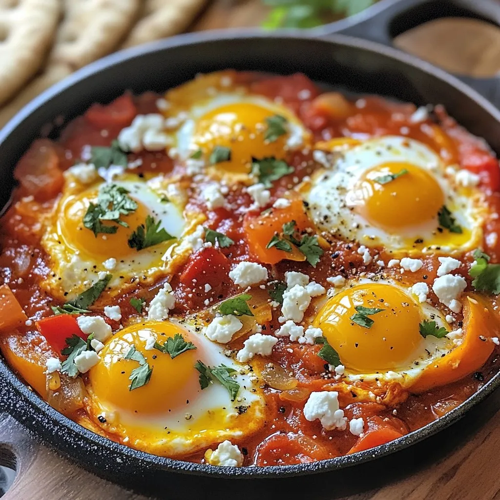 To make Easy Skillet Shakshuka, you need a few simple and fresh items. These ingredients come together to create a dish full of flavor. Here’s what you will need: - 2 tablespoons extra virgin olive oil - 1 medium onion, diced - 1 vibrant red bell pepper, diced - 3 cloves of garlic, minced - 1 teaspoon ground cumin - 1 teaspoon smoked paprika - 1 can (14 oz) of crushed tomatoes - 4 large eggs, preferably farm-fresh - Salt and freshly cracked black pepper to taste - Fresh cilantro or parsley, chopped (for garnish) - Crumbled feta cheese (optional, for added richness) - Warm pita bread or rustic crusty bread (for serving) These ingredients are easy to find. They work well together to make a warm, comforting meal. The eggs add protein, while the tomatoes provide a rich base. Fresh herbs and spices lift the whole dish. Enjoy the vibrant colors and flavors that come from this list! {{ingredient_image_2}} 1. Start by heating the extra virgin olive oil in a large skillet over medium heat. This oil is key for flavor and helps your dish shine. 2. When the oil shimmers, it’s ready. Add the diced onion and red bell pepper. Sauté these for about 5 minutes. Stir them often until the onion softens and turns clear. 1. Next, add the minced garlic, ground cumin, and smoked paprika to the skillet. Cook for one more minute. Stir well, and let the spices wake up with their tasty smell. 2. Now, pour in the crushed tomatoes. Add a pinch of salt and freshly cracked black pepper. Let everything simmer gently for about 10 minutes. This step lets the flavors blend and become rich and delicious. 1. After the sauce simmers, use the back of a spoon to make small wells in the tomato mix. Carefully crack an egg into each well. Keep those yolks intact for the best result! 2. Cover the skillet with a lid. Let the eggs cook for 5 to 7 minutes. You’ll know they’re done when the whites firm up, but the yolks still jiggle. Adjust the time based on how you like your yolks. 3. When the eggs look good, take the skillet off the heat. Sprinkle some fresh cilantro or parsley on top. If you like, add crumbled feta cheese for more flavor. Choosing the right skillet is key. I like to use a large, oven-safe skillet. This helps with even cooking and makes serving easy. A cast iron skillet works well too, as it holds heat nicely. Adjusting spice levels can make a difference in the taste. If you want more heat, add some red pepper flakes or chili powder. Start with a little, then taste as you go. You can always add more, but it’s hard to take spice out once it’s in! For the best bread pairings, warm pita bread is my top choice. It’s soft and perfect for scooping up the shakshuka. Rustic crusty bread is also great for dipping. You can even toast it for extra crunch. Presentation tips are simple but effective. Use a shallow bowl to show off the colorful eggs and sauce. Sprinkle fresh herbs on top for bright color. If you add feta cheese, it makes the dish look fancy and delicious! Pro Tips Fresh Ingredients: Using farm-fresh eggs and ripe vegetables will significantly enhance the flavor of your shakshuka. Spice it Up: Feel free to adjust the spices to your taste; adding a pinch of cayenne pepper can give your dish an extra kick. Customize Your Toppings: Experiment with different toppings like avocado or olives for a unique twist on this classic dish. Perfect Egg Cooking: For perfectly runny yolks, monitor the cooking time closely and remove the skillet from heat just as the whites set. {{image_4}} You can change ingredients in shakshuka to suit your taste. Start with vegetables. If you don’t have red bell pepper, use zucchini, spinach, or even kale. Each veggie brings unique flavor and texture. Adding proteins or beans is a great option too. Try chickpeas or black beans for extra protein. You can also add ground meat like lamb or beef for a heartier meal. This keeps the dish filling and tasty. To make shakshuka exciting, play with spices. You can add cayenne pepper for heat or coriander for a fresh taste. Smoked paprika adds a nice depth, but feel free to explore other spices you love. Cheese can also enhance flavors. Feta cheese is popular, but goat cheese or mozzarella works well, too. Each cheese gives a different taste and creaminess. Don't be afraid to experiment and find what you enjoy most! To store leftovers, let the shakshuka cool first. Place it in an airtight container. This keeps it fresh for up to three days. When you’re ready to eat, reheat it on the stove over low heat. Stir gently so it warms evenly. You can also use a microwave, but check every 30 seconds to avoid overcooking the eggs. You can freeze shakshuka, but it’s best to do this before cooking. To freeze uncooked shakshuka, prepare your base of onions, peppers, and spices. Pour it into a freezer-safe container. Leave space for expansion. When you’re ready to cook, thaw it overnight in the fridge. For cooked shakshuka, allow it to cool completely before freezing. Store it in an airtight container for up to three months. To reheat, thaw it in the fridge overnight. Heat it gently on the stove, adding a splash of water if it seems dry. For best results, cook the eggs fresh after thawing. This keeps them runny and delicious. What can I serve with Shakshuka? You can serve Shakshuka with warm pita bread or rustic crusty bread. These breads are great for dipping into the rich sauce. You might also enjoy it with a fresh salad on the side. A light cucumber or tomato salad works well, adding a nice crunch. Can I make Shakshuka ahead of time? Yes, you can make Shakshuka ahead of time. Prepare the sauce and store it in the fridge. When you are ready to eat, just heat it up and add the eggs. Cook the eggs fresh for the best texture. Can I use fresh tomatoes instead of canned? Absolutely! You can use fresh tomatoes instead of canned. Just peel and chop about 4-5 medium-sized tomatoes. Cook them down until they are soft and juicy, which may take a bit longer than canned tomatoes. Are there vegetarian options for shakshuka? Shakshuka is naturally vegetarian. You can also add more veggies, like spinach or zucchini, for extra flavor and nutrition. If you want a vegan version, skip the eggs and enjoy the sauce with chickpeas for added protein. You learned about making shakshuka with fresh veggies, spices, and eggs. We covered each step, from cooking the base to adding flavors. Remember, you can adjust spice levels and try different ingredients for fun twists. Perfect your dish with the right skillet and serve with your favorite bread. Store leftovers safely and enjoy them later. Shakshuka is easy to make and customize. Dive in and savor your delicious creation!