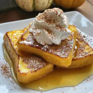 When I make Pumpkin Spice French Toast, I choose the best ingredients for great taste. Here&rsquo;s what you need: - 4 thick slices of bread (brioche or challah recommended for a rich flavor) - 2 large eggs - &frac12; cup of milk (choose between dairy or non-dairy alternatives) - &frac14; cup canned pumpkin puree (ensure it's pure pumpkin, not pie filling) - 1 teaspoon pure vanilla extract - 1 teaspoon pumpkin pie spice (or adjust to taste) - 1 tablespoon brown sugar (packed) - 1 tablespoon unsalted butter (for cooking) - Maple syrup (for drizzling) - Whipped cream (optional topping) - Ground cinnamon (for garnish) These ingredients make the toast fluffy and full of flavor. The bread choice is key. Brioche and challah add richness. The pumpkin puree brings warmth, while the spices give it that cozy fall flavor. Don't skip the brown sugar; it adds sweetness that balances the spices. Feel free to get creative with the toppings. Whipped cream is a fun addition, and a sprinkle of cinnamon can elevate the dish. Each bite will remind you of autumn. Enjoy the process of gathering your ingredients and preparing this delightful meal! {{ingredient_image_2}} Start by grabbing a mixing bowl. In this bowl, you will whisk together two large eggs and a half cup of milk. You can choose dairy or a non-dairy option. Make sure to mix them well. This helps the eggs blend smoothly with the milk. Next, add in &frac14; cup of canned pumpkin puree. Ensure it is pure pumpkin, not pie filling. This is key for that rich pumpkin flavor. Then, add one teaspoon of pure vanilla extract for sweetness. Sprinkle in one teaspoon of pumpkin pie spice. This is where the magic happens! Finally, mix in one tablespoon of packed brown sugar. This adds a nice touch of sweetness. Keep whisking until the mixture is smooth and all the ingredients are mixed well. Now it&rsquo;s time to cook! Preheat a non-stick skillet or griddle over medium heat. Once it is warm, add one tablespoon of unsalted butter. Let it melt and coat the skillet evenly. Take your thick slices of bread. Dip each slice into the pumpkin mixture. Make sure both sides are fully coated. Let any extra batter drip off. This prevents the toast from becoming soggy. Place the coated slices on the hot skillet. Cook for about 3-4 minutes on each side. You want them to turn golden brown and have a slight crisp. Keep an eye on the heat. Adjust it if needed to avoid burning. Once the French toast is cooked, transfer the slices to a warm oven. Set the oven to low heat. This keeps the toast warm while you finish cooking the rest. When serving, arrange the French toast on a plate. Drizzle maple syrup over the top. For extra flair, you can add whipped cream on top. Sprinkle some ground cinnamon for a finishing touch. To impress your guests, stack the slices off-center. Drizzle syrup decoratively around the edges. This makes your dish look beautiful and ready to eat! To make your Pumpkin Spice French Toast even better, adjust the spices to your taste. If you love a warm kick, add more pumpkin pie spice. You can also mix cinnamon or nutmeg for extra warmth. Choosing the right bread is key for texture. I suggest using thick slices of brioche or challah. These breads soak up the mix well and get a soft, fluffy inside. Plus, they add a rich flavor that pairs perfectly with pumpkin. To avoid sogginess, make sure to dip the bread quickly. Coat both sides but let extra batter drip off. This helps keep your toast crisp. Using the right heat settings is important. Cook on medium heat to get a nice golden brown. If the heat is too high, the outside burns while the inside stays wet. For the best breakfast, serve your French toast with maple syrup. You could also add fresh fruit like bananas or berries. A warm drink like coffee or chai pairs well too. Get creative with your serving style. Stack the slices slightly off-center for a nice look. Drizzle syrup around the plate and add a dollop of whipped cream on top. A sprinkle of cinnamon adds a festive touch. Pro Tips Choose the Right Bread: Opt for thick slices of brioche or challah for a rich, custardy texture that soaks up the pumpkin mixture beautifully. Adjust the Spice Level: Feel free to increase or decrease the amount of pumpkin pie spice based on your personal preference for a stronger or milder flavor. Perfect Cooking Temperature: Maintain a medium heat while cooking to ensure the French toast cooks through without burning, achieving a golden-brown crust. Keep it Warm: Use a low oven to keep cooked French toast warm while frying the remaining slices, preventing them from getting cold and soggy. {{image_4}} You can easily adapt this recipe to fit your needs. If you want a dairy-free version, use almond or oat milk. For gluten-free, choose a gluten-free bread. Both options taste great and keep the recipe flavorful. If you want to cut back on sugar, swap the brown sugar for a sugar substitute. You can also use mashed bananas for natural sweetness. This keeps the dish tasty without extra sugar. For a fun twist, try different spice blends. Cinnamon and nutmeg add warmth. You could also mix in some ground ginger or cardamom for a unique taste. Toppings matter too! Consider adding chocolate chips or chopped nuts. Walnuts or pecans give a nice crunch. They can elevate your French toast to a new level. This recipe shines in the fall. Pair your French toast with fresh apples or pears. Saut&eacute; them in a little butter and cinnamon for added flavor. You can also add seasonal ingredients like cranberries or figs. These fruits add color and a burst of flavor. Enjoy exploring these variations to make your Pumpkin Spice French Toast special! To keep your pumpkin spice French toast fresh, store it in the fridge. Place the slices in an airtight container. This helps keep them moist. Ideally, eat the leftovers within three days for the best flavor. When you are ready to eat, reheat the toast. You can use a skillet or microwave. For the skillet, heat it over medium. Add a bit of butter and warm each slice for about one minute per side. The microwave works too; heat for about 30 seconds. If you want to save pumpkin spice French toast for later, freezing is a great option. First, let the toast cool down completely. Then, wrap each slice in plastic wrap. Place the wrapped slices in a freezer bag. This way, they won&rsquo;t stick together. You can freeze them for up to one month. When you are ready to enjoy, take out the desired number of slices. Thaw them in the fridge overnight. For reheating, use the oven. Preheat it to 350&deg;F (175&deg;C) and bake the slices for about 10 minutes. This will make them warm and crispy again. You can make Pumpkin Spice French Toast using simple steps. First, gather your ingredients: - 4 thick slices of bread (brioche or challah recommended) - 2 large eggs - &frac12; cup of milk (dairy or non-dairy) - &frac14; cup canned pumpkin puree - 1 teaspoon pure vanilla extract - 1 teaspoon pumpkin pie spice - 1 tablespoon brown sugar - 1 tablespoon unsalted butter - Maple syrup (for drizzling) - Whipped cream (optional) - Ground cinnamon (for garnish) Start by whisking the eggs, milk, pumpkin puree, vanilla, pumpkin pie spice, and brown sugar in a bowl. Mix until smooth. Heat your skillet over medium heat and melt the butter. Dip each slice of bread in the mixture, coating both sides. Cook the slices for 3-4 minutes on each side until golden brown. Keep them warm in a low oven until ready to serve. Drizzle with maple syrup and, if you like, top with whipped cream and cinnamon. You can use regular bread, but it changes the taste and texture. Brioche and challah add sweetness and richness. They soak up the mixture well without becoming soggy. Regular bread may not hold the pumpkin flavor as well. It can also be less fluffy. If you use plain bread, make sure it&rsquo;s thick enough to hold up when dipped. Pumpkin Spice French Toast pairs well with many sides and drinks. Here are some ideas: - Fresh fruit like sliced bananas, berries, or apples - Crispy bacon or sausage for a savory touch - Yogurt for a creamy contrast - Coffee or chai tea for a warm beverage - Spiced apple cider for a seasonal drink These options will enhance your breakfast experience and balance the sweetness of the French toast. Enjoy! This blog post covered how to make Pumpkin Spice French Toast. We explored the best ingredients, including bread choices, pumpkin puree, and spices. Step-by-step instructions guided you through preparation and cooking. I shared tips for enhancing flavor, modifications for diets, and serving ideas. In summary, this dish is simple and delicious. Enjoy experimenting with flavors and presentations. Happy cooking!