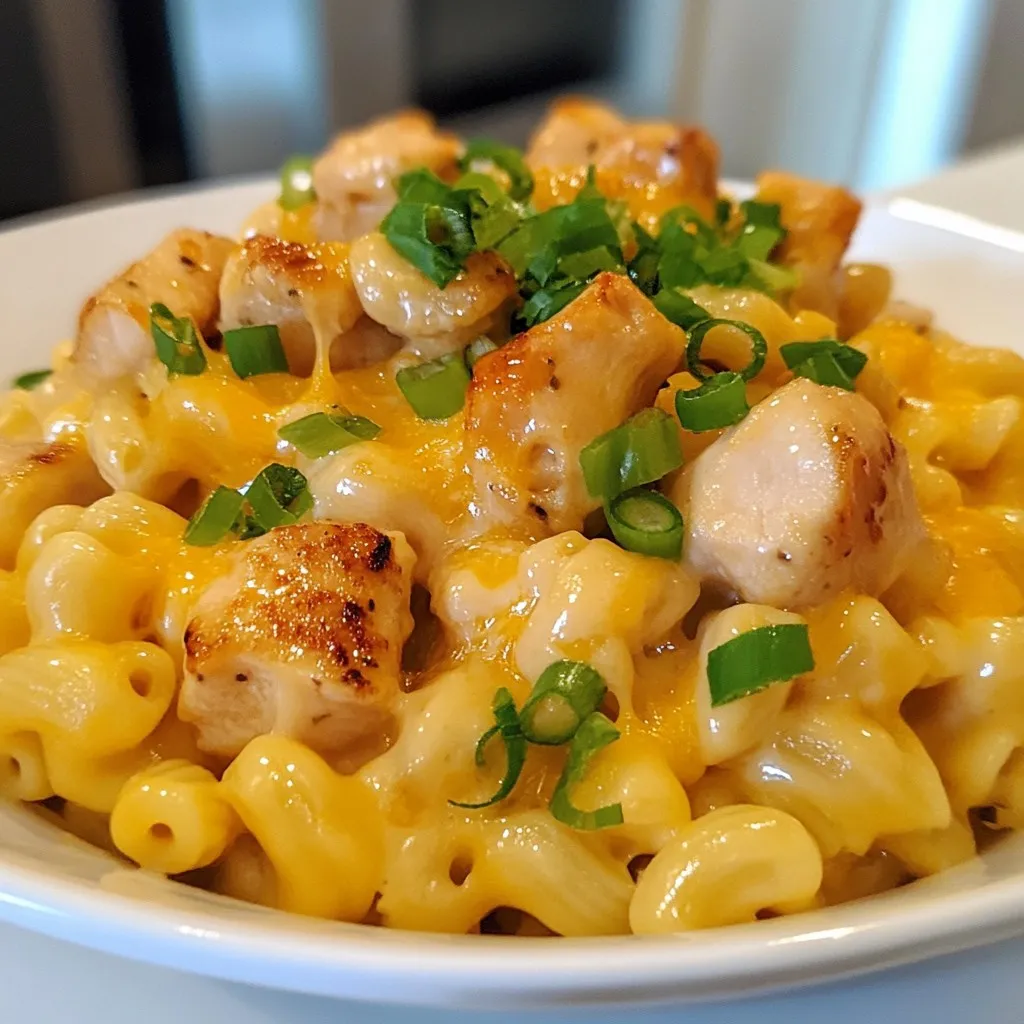 To make this Honey Garlic Butter Chicken Mac & Cheese, you’ll need: - 2 cups elbow macaroni - 1 lb boneless, skinless chicken breasts, diced into bite-sized pieces - 3 tablespoons unsalted butter - 4 cloves garlic, minced finely - 1/4 cup honey (preferably local for extra flavor) - 1 cup low-sodium chicken broth - 2 cups sharp cheddar cheese, shredded - 1/2 cup cream cheese, softened at room temperature - Salt and black pepper to taste - 1 teaspoon smoked paprika for a hint of warmth - 1/4 cup green onions, finely sliced (for garnish) These ingredients come together to create a creamy, savory dish. The elbow macaroni offers a great base, while the chicken adds protein. The honey and garlic bring a sweet and savory balance. Sharp cheddar cheese makes it rich, and cream cheese adds extra creaminess. Don't forget the green onions for a fresh touch! {{ingredient_image_2}} - Boil salted water in a large pot. - Add elbow macaroni and cook until al dente, about 8-10 minutes. - Drain the pasta and set aside, making sure it does not stick. - In a skillet, melt 1 tablespoon of butter over medium heat. - Add diced chicken and season with salt, pepper, and smoked paprika. - Sauté the chicken for 5-7 minutes until golden and fully cooked. - Remove the chicken and set it aside on a plate. - In the same skillet, add 2 tablespoons of butter and let it melt. - Toss in minced garlic and sauté for about 1 minute until fragrant. - Pour in honey and chicken broth, bringing the mixture to a gentle simmer. - Cook for 2-3 minutes to meld the flavors. - Lower the heat and add cooked macaroni and chicken back into the skillet. - Fold in softened cream cheese and shredded cheddar cheese. - Stir until everything is mixed well and the cheese is melted. - Taste the mac and cheese and adjust seasoning with salt and pepper. - If you want it creamier, add a splash of chicken broth. - Transfer the mac and cheese to bowls or a serving dish. - Garnish with finely sliced green onions for a fresh touch. - Serve it hot and enjoy the cheesy goodness! How to prevent clumping To keep your mac and cheese creamy, stir well. Make sure the cheese melts evenly. This avoids clumping in the sauce. If it clumps, add a splash of chicken broth. This helps to loosen it. Recommended cheese types For great flavor, use sharp cheddar cheese. It adds a nice bite. You can mix in some mozzarella for creaminess. Gouda also works well for a smoky taste. Gradually adding cheese When you add cheese, do it slowly. This allows it to melt better. Stir constantly while adding cheese. This creates a smooth and creamy sauce. Using room temperature cream cheese Make sure your cream cheese is soft. Let it sit out for a bit before use. Soft cream cheese mixes in easily. This helps your mac and cheese stay creamy. Overcooking the pasta Don’t cook the pasta too long. Follow the package time for al dente texture. Overcooked pasta becomes mushy. You want it to hold its shape in the dish. Skipping the seasoning Always season your dish well. Add salt and pepper to taste. You can also use smoked paprika for warmth. Proper seasoning makes your mac and cheese pop with flavor. Pro Tips Use Local Honey: Opt for local honey as it not only enhances the flavor but may also provide local health benefits. Perfectly Cooked Pasta: Make sure to cook the elbow macaroni just until al dente to avoid mushy pasta once it's combined with the sauce. Cheese Choices: Feel free to mix different types of cheese like gouda or mozzarella for a unique flavor profile. Leftover Chicken: This recipe is a great way to use up leftover rotisserie chicken; just skip the cooking step for the chicken. {{image_4}} You can make Honey Garlic Butter Chicken Mac & Cheese even better! Try adding vegetables. Spinach adds nice color and nutrients. Broccoli gives crunch and taste. These veggies cook well with pasta and chicken. You can also switch up proteins. Bacon adds a smoky flavor. Shrimp brings a sweet taste. Just cook them before mixing in. These add-ins make the dish more fun and tasty. Cheese plays a big role in this dish. While sharp cheddar is great, you can try mozzarella. It melts wonderfully and gives a creamy texture. Gouda is another good choice. It adds a rich, nutty flavor that pairs well with the honey garlic sauce. Combining different cheeses can create unique flavors. Mix cheddar with mozzarella for a gooey texture. Or blend gouda with a touch of blue cheese for a bold taste. The cheese choices can change the whole dish. You can cook this dish in different ways. An Instant Pot makes it quick and easy. Just sauté the chicken, then add the other ingredients. Seal the pot and cook on high for a short time. Another option is to bake it. After mixing everything, transfer it to a baking dish. Top with extra cheese and bake until bubbly and golden. This method gives a nice crust on top. Both cooking styles give you a delicious meal! To keep your Honey Garlic Butter Chicken Mac & Cheese fresh, use proper containers. Glass or BPA-free plastic containers work best. Make sure they are airtight to keep moisture out. Store your leftovers in the fridge within two hours of cooking for safety. This dish will stay fresh for 3 to 5 days. To reheat your mac and cheese, the best method is using the stove. Place the dish in a saucepan over low heat. Add a splash of chicken broth or milk to help keep it creamy. Stir often until it is heated through. You can also use a microwave, but be careful not to overheat. Heat in short bursts, stirring in between. If you want to freeze your mac and cheese, let it cool completely first. Then, place it in a freezer-safe container. Wrap tightly in plastic wrap to avoid freezer burn. You can freeze it for up to three months. When you’re ready to eat, thaw it in the fridge overnight. Reheat as described above for the best results. You can use tofu, turkey, or pork. Each option adds a unique taste. If you like seafood, shrimp works well too. Just cook it until done. Adjust cooking times as needed for each protein. Yes, whole wheat pasta is a great choice. It adds more fiber and nutrients. The taste will be slightly nuttier, but it pairs well with the sauce. Make sure to cook it until it's just right. Follow the package instructions for best results. Absolutely! Replace the chicken with mushrooms or chickpeas. You can also use vegetable broth instead of chicken broth. This keeps the flavors rich and tasty. The cheese will still give you that creamy feel you love. Add a splash of soy sauce or a squeeze of lemon juice. This will add depth to the sauce. You could also mix in some chili flakes for heat. Taste as you go to find your perfect balance. The key is to use enough sauce. If it looks dry, add more chicken broth or cream. Stir well to mix in the sauce evenly. You want a creamy, rich texture with every bite! You now have a complete guide to making creamy honey garlic mac and cheese. We explored the key ingredients, detailed cooking steps, and shared tips to avoid common mistakes. You can add your favorite extras or try different cheeses to make it your own. Remember to store leftovers properly for the best taste later. Enjoy your cooking adventure!