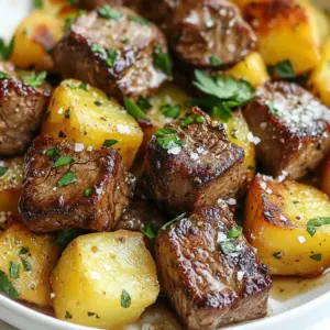 - 1 lb sirloin steak, cut into 1-inch cubes - 4 medium yellow potatoes, diced into small cubes - 4 tablespoons unsalted butter - 4 cloves garlic, finely minced - 1 teaspoon fresh rosemary, finely chopped - 1 teaspoon fresh thyme, finely chopped - Salt and freshly cracked pepper - 1 tablespoon olive oil - 2 tablespoons fresh parsley, chopped (for garnish) The sirloin steak shines in this dish. It&rsquo;s tender and juicy, great for bites. The potatoes add a hearty touch. They soak up the garlic butter flavor well. Unsalted butter gives us that rich taste without added salt. Garlic, fresh herbs, salt, and pepper elevate the dish. I like to use fresh herbs like rosemary and thyme. They add depth to the sauce. Fresh parsley at the end brightens the meal. It makes the dish look pretty too. This combination creates a simple, yet flavorful meal. {{ingredient_image_2}} - Start by bringing a large pot of salted water to a boil. - Add the diced potatoes and cook for 10-12 minutes. - Check if they are tender by piercing them with a fork. - Once cooked, drain the potatoes and set them aside. - Season the sirloin steak cubes with salt and pepper. - Heat 1 tablespoon of olive oil in a large skillet over medium-high heat. - When the oil shimmers, add steak cubes in batches. - Sear each side for 2-3 minutes to form a golden crust. - Once done, remove the steak and place it on a plate. - In the same skillet, reduce the heat to medium. - Add 4 tablespoons of unsalted butter to the pan. - Stir in 4 cloves of minced garlic, rosemary, and thyme. - Cook for 1-2 minutes until the garlic smells amazing and the butter melts. - Add the seared steak back into the skillet. - Gently toss in the drained potatoes. - Mix everything well to coat in the garlic butter sauce. - Cook for 2-3 more minutes, stirring gently to heat through. - Remove the skillet from the heat when done. - Sprinkle chopped parsley over the dish for a fresh look. - For serving, use a rustic cast iron skillet or a wooden board. - Add a pinch of coarse sea salt for extra flavor and style. - Achieving the perfect sear: To get a great sear, start with a hot skillet. Use medium-high heat and add olive oil. Let the oil shimmer before adding the steak. Sear in batches to avoid overcrowding. This helps form a nice brown crust on all sides. - Maintaining steak tenderness: Choose sirloin steak for its tenderness. Season well with salt and pepper before cooking. Don&rsquo;t overcook; aim for medium-rare to keep it juicy. Let it rest for a few minutes after cooking. This helps the juices redistribute, keeping each bite flavorful. - Best practices for leftovers: Store any leftover steak and potatoes in an airtight container. Keep them in the fridge for up to three days. This ensures they stay fresh and safe to eat. - Tips for reheating without drying out: To reheat, use a skillet on low heat. Add a splash of broth or water to keep moisture. Stir gently until warmed through. Avoid using the microwave, as it can dry out the meat. - Recommended side dishes: Garlic butter steak bites pair well with a simple green salad or steamed veggies. Consider serving it with roasted asparagus or garlic bread for extra flavor. - Beverage pairings: A full-bodied red wine, like Cabernet Sauvignon, complements the steak well. You can also enjoy a light beer or sparkling water with lemon for a refreshing option. Pro Tips Rest the Steak: Allow the seared steak to rest for a few minutes before adding it to the garlic butter sauce. This helps retain its juices, making the meat more tender and flavorful. Potato Texture: For extra crispy potatoes, consider parboiling them in salted water first and then allowing them to cool slightly before adding them to the skillet. Garlic Timing: Keep an eye on the minced garlic while cooking; it can burn quickly. Add it to the butter only after it has melted and the pan has cooled slightly. Herb Variations: Feel free to experiment with different herbs like thyme or oregano to customize the flavor. Fresh herbs add a burst of freshness to the dish. {{image_4}} For a twist on this dish, consider using different meats. Chicken breast or pork tenderloin works well. They both cook quickly and absorb flavors beautifully. You can also use shrimp for a seafood version. If you want to change the potatoes, try using sweet potatoes. They add a slight sweetness that balances the savory steak. Other options include red potatoes or even Yukon golds. Each type brings its own unique flavor and texture. To make your garlic butter steak bites even tastier, add herbs and spices. Fresh basil or oregano can add a pop of flavor. You might also enjoy a sprinkle of smoked paprika for a smoky touch. If you like heat, add chili flakes. They bring a nice kick that pairs well with the butter. You could also try jalape&ntilde;os for a fresh heat. Just remember to adjust the amount to match your spice level. For those needing gluten-free options, this recipe fits well. The ingredients do not contain gluten. Just make sure any added sauces are also gluten-free. If you're looking for low-carb alternatives, swap out the potatoes. You can use cauliflower instead. It cooks quickly and can soak up the garlic butter just as well. Zucchini or broccoli also works for a low-carb side. Each serving of garlic butter steak bites with potatoes contains about 400 calories. This meal gives you a good balance of protein, carbs, and fats. Each serving has: - Protein: 30 grams - Carbohydrates: 25 grams - Fat: 20 grams These ingredients are not just tasty; they are good for you too. Sirloin steak is rich in protein, helping build and repair muscles. Potatoes provide fiber, which aids digestion. Garlic is known for its health perks. It can support heart health and boost the immune system. Fresh herbs like rosemary and thyme add flavor and nutrition. They have antioxidants that fight free radicals. So, enjoying this dish means you get taste and health benefits in every bite! The best way to cook steak bites is to sear them in a hot skillet. Use medium-high heat with a bit of olive oil. Make sure to season the steak well with salt and pepper before cooking. Sear for 2-3 minutes on each side. This gives them a rich, golden crust. Yes, you can use frozen potatoes. They will save time, but you must adjust cooking time. Cook them until they are tender. Be sure to drain them well before adding to the skillet. This keeps the dish from becoming watery. You can check the steak&rsquo;s doneness by using a meat thermometer. For medium-rare, aim for 130-135&deg;F. For medium, go for 140-145&deg;F. You can also press the steak with your finger. If it feels firm but springs back, it's likely done. You can prepare some parts ahead of time. Cook the potatoes and steak bites, then store them separately. When ready to serve, reheat them in a skillet. Add the garlic butter sauce just before serving for the best flavor. Garlic butter steak bites pair well with many sides. Try a fresh salad for crunch. Garlic bread is also a great choice. For a heartier meal, serve with rice or pasta. You can even add roasted vegetables for extra color and flavor. In this blog post, we covered how to make delicious garlic butter steak bites. We explored ingredients like sirloin steak, potatoes, and fresh herbs. I shared step-by-step instructions, cooking tips, and variations to suit your taste. To sum up, using quality ingredients and following simple steps leads to a tasty meal. Don't hesitate to customize or pair it with your favorite sides. Enjoy your cooking and the great flavors!