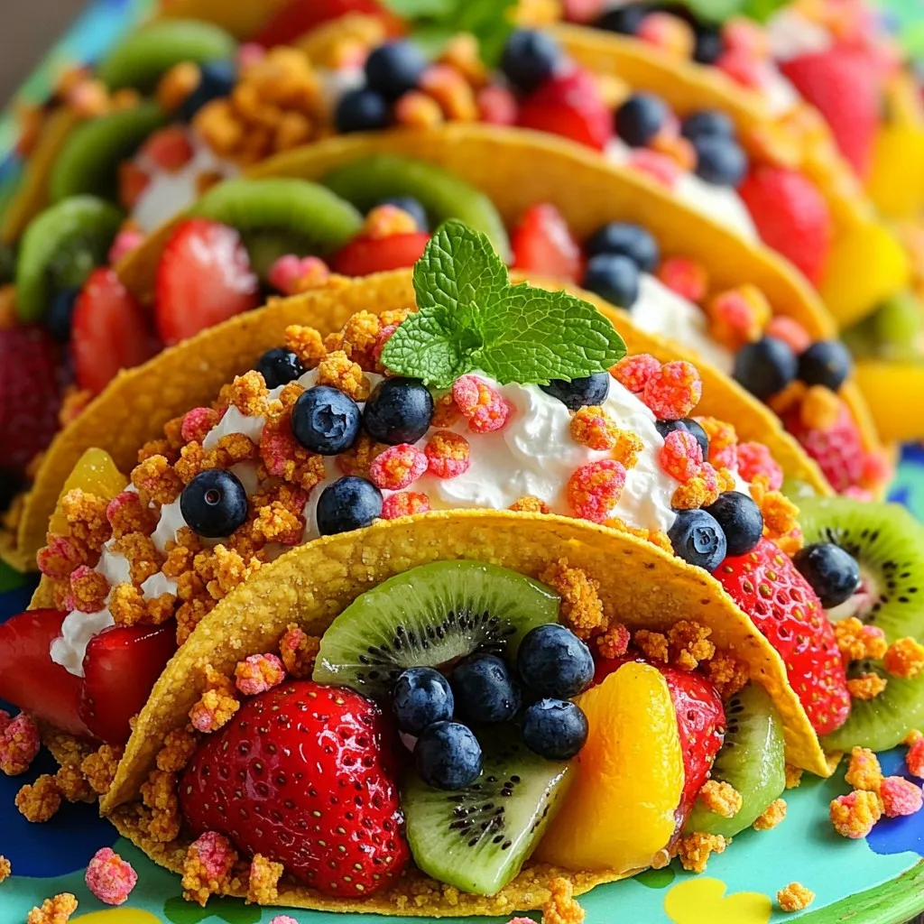 - 1 cup Fruity Pebbles cereal - 1/2 cup crushed graham crackers - 4 tablespoons unsalted butter, melted - 8 oz cream cheese, softened to room temperature - 1/2 cup powdered sugar - 1 teaspoon vanilla extract - 1 cup whipped cream (homemade or store-bought) - 1 cup assorted fresh fruit (suggestions: sliced strawberries, blueberries, diced kiwi) - Extra Fruity Pebbles for garnish To create these delightful tacos, I use a mix of Fruity Pebbles and graham crackers. This mix makes a tasty and colorful taco shell. The cream cheese, powdered sugar, and whipped cream form a creamy filling. You can choose any fruits you like to top off the tacos. I love using fresh strawberries and blueberries for their taste and color. - Fresh mint sprigs - Colorful fruit sauces - More Fruity Pebbles for crunch The right garnish can make your tacos pop! I often add fresh mint for color and smell. A drizzle of fruit sauce gives a fun twist. You can also sprinkle more Fruity Pebbles on top for extra crunch. - Medium mixing bowl - Electric mixer - Taco rack or aluminum foil - Baking sheet For this recipe, you need a few key tools. A mixing bowl and an electric mixer help make the filling smooth and creamy. A taco rack or aluminum foil helps shape your taco shells. Lastly, a baking sheet is essential for baking the shells. To start, preheat your oven to 350°F (175°C). In a medium bowl, mix 1 cup of Fruity Pebbles with 1/2 cup of crushed graham crackers. Stir well to combine. Next, add 4 tablespoons of melted butter. Mix until it looks like damp sand that sticks together. Now, shape this mixture into taco shells. You can use a taco rack or make shapes with aluminum foil for support. Press down firmly to keep them stable while baking. Place the taco shells in the oven and bake for 10-12 minutes, until golden brown and crisp. Let them cool completely before moving on. In a large bowl, beat 8 oz of softened cream cheese with an electric mixer until it's smooth and creamy. Gradually add 1/2 cup of powdered sugar and 1 teaspoon of vanilla extract. Mix until everything is well combined and smooth. Next, fold in 1 cup of whipped cream carefully. Use a gentle motion to keep the mixture airy. Avoid over-mixing so that the filling stays fluffy and light. Once your taco shells are cool, fill each one with the cheesecake filling. Spoon generous amounts into each shell, but don't overfill. Top the filled tacos with fresh fruit, like strawberries, blueberries, or kiwi. Finally, sprinkle extra Fruity Pebbles on top for a fun crunch and colorful look. Serve these delightful tacos on a fun platter. Enjoy the vibrant flavors and textures! To make the best taco shells, mix Fruity Pebbles with crushed graham crackers. This gives a nice crunch. Use melted butter to bind the mix. It should feel like damp sand. Shape the mixture into taco shells using a taco rack or foil. Press firmly to keep their shape. Bake them at 350°F (175°C) for 10-12 minutes until golden brown. Let them cool completely. This step is key for a crispy shell. Start with softened cream cheese. Beat it until smooth. Add powdered sugar and vanilla extract slowly. Mix until it is creamy and well-blended. The secret to fluffy filling is folding in whipped cream gently. This keeps the air in the mixture. Do not over-mix. Over-mixing makes it dense. You want it light and airy. Serve your tacos on a fun platter. Add a sprig of fresh mint for color. Drizzle fruit sauce around the plate. This adds flair to your dish. Top each taco with fresh fruit and more Fruity Pebbles. The colors should pop and make the tacos look inviting. Enjoy the bright flavors and textures! {{image_4}} You can change up the fruit in your tacos. Try using sliced bananas or diced mango. Both add a nice sweetness. You can also mix in some berries for a colorful twist. For toppings, consider using chocolate sauce or a drizzle of honey. These add extra flavor and fun! For a gluten-free version, swap the graham crackers for gluten-free options. You can use crushed gluten-free cookies or even nuts. This keeps the crunchy base while making it safe for those with gluten issues. Always check labels to ensure all ingredients are gluten-free. You can boost the cheesecake flavor with different extracts. Try almond or coconut for a fun twist. Adding a little lemon juice gives a nice zing too! You could even fold in chocolate chips for a richer taste. These small changes can create a whole new dessert experience! To keep your Fruity Pebbles cheesecake tacos fresh, store them in an airtight container. Use a layer of plastic wrap between the tacos and the lid to prevent them from drying out. Keep them in the fridge if you don’t eat them all right away. These tasty tacos will stay fresh for up to three days in the fridge. After that, the taco shells may get soggy, and the fresh fruit may not look as bright. Enjoy them soon for the best taste and texture! You can freeze the cheesecake filling separately from the taco shells. Place the filling in a freezer-safe container for up to a month. You can freeze the taco shells too, but they should be stored in a separate container. Just remember to thaw them before you fill them. Yes, you can make the taco shells ahead of time. They stay fresh for a few days. Just store them in an airtight container. You can also prepare the cheesecake filling early. Keep it in the fridge until you are ready to assemble. This saves time and keeps your snacks ready for fun. You can use other colorful cereals too! Think of cereals like Cap'n Crunch or Cinnamon Toast Crunch. They add a fun twist while keeping that crunchy texture. Just make sure to use a cereal that holds up well when baked. Experiment and find your favorite! To make this recipe dairy-free, swap cream cheese for cashew cream. Blend soaked cashews with a bit of lemon juice for tang. Use coconut whipped cream instead of regular whipped cream. This keeps the creamy texture while making it dairy-free and delicious. Enjoy your tasty creation! Fruity Pebbles Cheesecake Tacos blend fun and flavor. We explored the main ingredients, preparation steps, and pro tips. You can tweak this treat with various fruits and toppings. Storage info helps keep your tacos fresh. Remember, you can make these tacos in advance or try other cereals. Enjoy crafting this unique dessert for everyone! It’s a tasty way to celebrate any occasion. I hope you feel inspired to create and share this delightful treat.